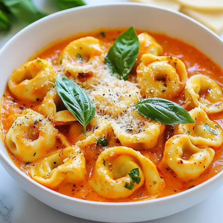 - 1 package (9 oz) cheese tortellini - 2 tablespoons olive oil - 3 cloves garlic, minced - 1 can (14 oz) crushed tomatoes - 1 cup heavy cream - 1 teaspoon dried Italian herbs - 1/2 teaspoon red pepper flakes (optional) - 1 cup fresh basil leaves, chopped - Salt and pepper to taste - Grated Parmesan cheese for serving Each of these ingredients plays a key role in making creamy tomato basil tortellini a delight. The cheese tortellini serves as a soft and cheesy base that fills you up. I love to use olive oil for sautéing garlic, which adds a rich flavor. Garlic adds a warm aroma. I always choose fresh garlic to boost taste. Crushed tomatoes provide a nice, tart flavor. They make the sauce bright and vibrant, making it perfect for pasta. Heavy cream is what gives this dish its creamy texture. It adds richness and makes every bite smooth. Dried Italian herbs bring a mix of flavors. They remind me of warm Italian kitchens. If you like a little heat, red pepper flakes are great. I often skip them for kids. Fresh basil leaves add freshness and color. They brighten up the dish and make it look pretty. Finally, salt and pepper are key to enhancing flavor. Grated Parmesan cheese is the finishing touch. It adds a salty, nutty taste that completes the meal. All these ingredients together create a comforting dish you will love. {{ingredient_image_1}} First, grab your package of cheese tortellini. Bring a pot of salted water to a boil. Add the tortellini and cook it according to the package instructions. You want it to be al dente, so check it a minute early. Once it’s done, drain the tortellini and set it aside. This helps keep it from becoming mushy later. Next, let’s make the sauce. In a large skillet, heat 2 tablespoons of olive oil over medium heat. Add 3 cloves of minced garlic and sauté for about 1 minute. You want it to smell amazing but not burn. Then, pour in a can of crushed tomatoes. Add 1 teaspoon of dried Italian herbs and red pepper flakes if you like some heat. Let this mix simmer for about 5 minutes. This step lets all the flavors blend nicely. Now, lower the heat and add 1 cup of heavy cream. Stir it well until it’s hot and creamy. Time to bring it all together! Add the cooked tortellini to the skillet. Gently toss it in the sauce to coat each piece. Then, stir in 1 cup of fresh chopped basil. Season with salt and pepper to taste. Let it cook for another 2-3 minutes. This lets the flavors meld even more. Serve your creamy tomato basil tortellini right away. Top it with grated Parmesan cheese and some extra basil leaves if you want. Enjoy your delicious meal! To make the best creamy tomato sauce, use quality ingredients. Fresh basil adds bright flavor. I love using crushed tomatoes for a rich taste. Simmer the sauce for at least five minutes. This helps all the flavors blend. Adding cream at low heat makes it luxurious. Stir well to mix everything together. Taste your sauce before serving. Adjust with salt and pepper as needed. Sautéing garlic is simple but needs care. Start with medium heat. Add olive oil and let it warm. Then, add minced garlic. Stir it often for about a minute. You want the garlic to smell great, not brown. If it burns, it will taste bitter. If you feel it’s cooking too fast, lower the heat. This will keep the garlic sweet and tasty. Creamy tomato basil tortellini pairs well with many sides. A crisp salad adds freshness. Garlic bread is a delightful choice, too. For a special touch, sprinkle extra Parmesan on top. You can also add a few basil leaves for color. Enjoy this dish with a glass of white wine. Each bite brings comfort and joy. Pro Tips Use Fresh Basil: For the best flavor, always use fresh basil instead of dried. It adds a vibrant taste to your sauce. Customize the Heat: Adjust the amount of red pepper flakes to suit your spice preference. Start with a pinch and add more if desired. Parmesan Substitute: If you’re out of Parmesan cheese, try Pecorino Romano or nutritional yeast for a dairy-free option. Leftover Storage: Store any leftovers in an airtight container in the fridge for up to 3 days. Reheat gently to avoid overcooking the tortellini. {{image_2}} You can boost your creamy tomato basil tortellini with protein. Chicken or shrimp works well. Cook chicken breast in the skillet until golden. For shrimp, add them right before the cream. Both options make this dish heartier and more filling. Adding veggies brings color and nutrition to the dish. Spinach or kale can be great choices. Sauté them with garlic for extra flavor. Bell peppers or mushrooms also add a nice texture. Feel free to mix your favorite vegetables to create a unique taste. You can make this dish gluten-free by using rice or gluten-free tortellini. For a dairy-free version, swap heavy cream with coconut milk or cashew cream. These options still give you that rich, creamy texture while catering to dietary needs. Enjoy the same great flavors without worry! After enjoying your creamy tomato basil tortellini, store any leftovers in an airtight container. This helps keep the flavors fresh. Place the container in the fridge within two hours of cooking. The dish will stay good for about 3 to 4 days. Before serving, check for any off smells or changes in texture. You can freeze this dish for later use. Let the tortellini cool completely before packing it in a freezer-safe container. Make sure to leave some space for expansion. Label the container with the date. It can last up to 3 months in the freezer. When you're ready to enjoy it, thaw it in the fridge overnight. To reheat, you can use a microwave or a skillet. If using a microwave, heat in short intervals. Stir after each interval to ensure even heating. If using a skillet, add a splash of water or cream to keep it moist. Heat over medium-low heat, stirring often until warm. Enjoy your creamy tomato basil tortellini just like it was fresh! Yes, you can use store-bought tortellini. It saves time and tastes great. Look for cheese tortellini in the pasta aisle. Fresh or frozen options work well too. Just follow the cooking instructions on the package. In just minutes, you’ll have a delicious meal ready to enjoy. To make this dish vegetarian, simply focus on the ingredients. Use cheese tortellini, as it’s usually vegetarian. Ensure your crushed tomatoes have no meat added. Avoid any meat-based broths or sauces. You can add veggies like spinach or mushrooms for extra flavor. This way, your meal stays hearty and meat-free. For leftovers, store your creamy tomato basil tortellini in an airtight container. Keep it in the fridge for up to three days. When you're ready to eat, reheat it on the stove over low heat. Add a splash of cream or water to keep it creamy. Stir gently until warm, and enjoy! You can substitute heavy cream with several options. Use half-and-half for a lighter version. Coconut cream is great for a dairy-free choice. You could also use whole milk, but it will be less creamy. Adjust cooking time if using a thinner liquid. The key is to keep that rich, tasty flavor! This blog covered key ingredients for a creamy tomato tortellini dish and how to prepare it. We explored practical steps, cooking tips, and variations to suit your taste. Storing leftovers and reheating them properly allows you to enjoy this meal again. Experiment with proteins, veggies, or dietary swaps to make it your own. This dish is easy to love for its flavors and flexibility. Dive into making it, and enjoy the process!