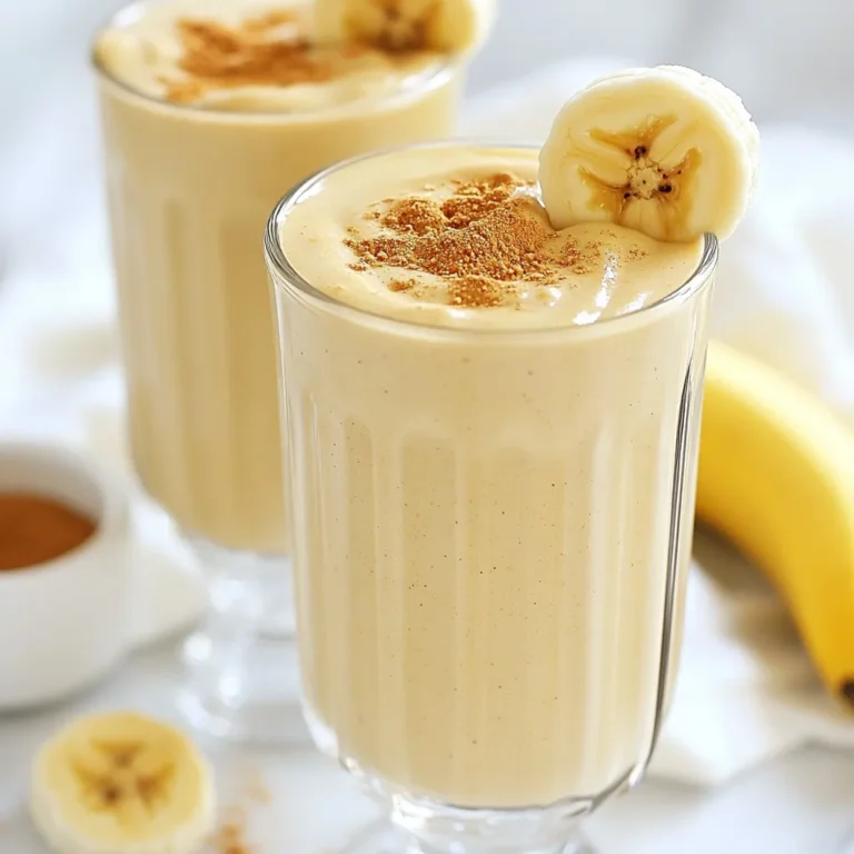- Ripe Bananas: 2 - Creamy Peanut Butter: 2 tablespoons - Almond Milk: 1 cup (or any milk of choice) - Honey or Maple Syrup: 1 tablespoon (optional) - Vanilla Extract: 1/2 teaspoon - Ground Cinnamon: 1/2 teaspoon - Rolled Oats: 1/4 cup - Chia Seeds: 1 tablespoon (optional) - Ice Cubes: to taste The key to a great peanut butter banana smoothie starts with fresh, ripe bananas. They add natural sweetness and creaminess. Creamy peanut butter gives the drink a rich flavor and protein boost. Almond milk is my favorite, but feel free to use any milk you like. Honey or maple syrup can sweeten it, but that’s optional. Vanilla extract adds depth, while ground cinnamon brings warmth. I love adding rolled oats for extra fiber, making this smoothie filling. Chia seeds add a nice crunch and nutrition, but they’re not a must. Finally, ice cubes make the drink cold and refreshing. Gather these ingredients and get ready to blend! Each one plays a role in creating a smooth, energizing drink. {{ingredient_image_1}} - Peel and chunk the bananas. - Measure out the peanut butter and milk. Start by peeling the ripe bananas. Ripe bananas add sweetness and creaminess to the smoothie. Break them into small chunks and toss them into your blender. Next, scoop out two tablespoons of creamy peanut butter. This nutty spread gives a rich flavor and protein boost. Now, measure one cup of almond milk or any milk you prefer. This will help blend everything smoothly. - Combine all ingredients in the blender. - Blend until smooth and creamy. Now it's time to blend! Add the banana chunks, peanut butter, and milk into the blender. If you like, you can add honey or maple syrup for extra sweetness, along with vanilla extract and ground cinnamon for flavor. Toss in rolled oats and chia seeds if you want added nutrition. Secure the lid and blend on high speed until you achieve a smooth and creamy texture. - Add more milk or ice for desired thickness. - Taste and customize sweetness if needed. After blending, check the consistency. If you want a thinner smoothie, add more milk. If you prefer it thicker, add some ice cubes. Blend again until it's just right for you. Now taste your smoothie! If it needs a little more sweetness, stir in more honey or maple syrup. Enjoy a delicious and energizing drink that fills you up! - Use ripe bananas for optimal sweetness. They should have a few brown spots. - Overripe bananas can enhance flavor. They add a rich, sweet taste to the smoothie. - The best blenders for smoothies are high-speed ones. They blend ingredients smoothly and quickly. - To avoid lumps, blend in the right order. Start with liquids, then add solids. - Try garnishing with a sprinkle of ground cinnamon. It adds a nice touch and flavor. - Slices of banana on the rim of the glass look great. They make the drink more appealing to serve. Pro Tips Use Frozen Bananas: For an extra creamy texture, freeze your bananas beforehand. This will also make your smoothie colder without needing too much ice. Nut Butter Alternatives: If you're allergic to peanuts, try almond or cashew butter as a creamy alternative that adds a different flavor dimension. Boost Nutritional Value: Add a handful of spinach or kale for a green smoothie twist that packs in extra vitamins without altering the taste significantly. Flavor Variations: Experiment with other spices like nutmeg or cardamom for unique flavor profiles. You can also add cocoa powder for a chocolatey delight! {{image_2}} You can make your Peanut Butter Banana Smoothie even better with healthy add-ins. - Adding spinach or kale for a green smoothie: Toss in a handful of fresh spinach or kale. It boosts nutrition without changing the taste much. You get more vitamins, and your smoothie turns a nice green color. This makes it fun for kids and adults alike! - Incorporating protein powder for an energy boost: If you need extra energy, try adding protein powder. It helps keep you full longer. Just one scoop can make your smoothie more filling and great for post-workout recovery. Changing up flavors adds fun to your smoothie. - Different nut butters like almond or cashew: You don’t have to stick to peanut butter. Almond or cashew butter can give your smoothie a new taste. Each nut butter has its unique flavor, making your drink exciting. - Adding cocoa powder for a chocolate twist: Want a chocolate flavor? Just add a tablespoon of cocoa powder. It gives a rich taste and pairs well with bananas. You’ll feel like you’re having dessert for breakfast! If you prefer dairy-free drinks, there are easy swaps. - Substituting almond milk for other dairy-free options: Almond milk is great, but you can use oat milk or coconut milk too. Each choice adds a different flavor and creaminess. - Using non-dairy yogurt for creaminess: If you want a thicker smoothie, try non-dairy yogurt. Options like coconut or soy yogurt can make your drink creamy and delicious. It also adds a bit of tang to balance the sweetness of bananas. After making your peanut butter banana smoothie, you might have some left. You can store it easily. Keep it in the fridge for up to 24 hours. Use a sealed container to keep it fresh. Shake or stir it well before drinking. If you want to save it for longer, freezing is a great option. Pour the smoothie into ice cube trays or freezer-safe bags. This way, you can enjoy a quick treat later. For the best freshness, use glass jars or BPA-free plastic containers. These options help keep your smoothie tasting great. If you’re on the go, use a travel mug with a lid. It prevents spills and keeps your drink cold. If you pack your smoothie for a lunch or snack, add an ice pack. This keeps it cool until you’re ready to enjoy it. If you do not have almond milk, you can use other types of milk. Here are some alternatives: - Regular cow's milk - Soy milk - Oat milk - Coconut milk Each milk option changes the flavor and texture a bit. For example, coconut milk adds a tropical taste. Soy milk makes it creamier. Oat milk gives a smooth finish. Choose what you like best! Yes, this smoothie is great for kids! It has many nutritional benefits: - Bananas provide potassium. - Peanut butter adds protein and healthy fats. - Oats give fiber and keep them full. To make it even more kid-friendly, try these tips: - Use less cinnamon if they do not like spice. - Add a bit of honey for extra sweetness. - Let kids help with blending! To create a thicker smoothie, follow these tips: - Use less almond milk or any milk you choose. - Add more rolled oats or bananas. - Try using frozen bananas instead of fresh ones. Some ingredients that help with thickness include: - Chia seeds - Avocado - Greek yogurt Experiment with these options to find your perfect thickness! This smoothie recipe is simple and delicious. You need ripe bananas, creamy peanut butter, and your choice of milk. Blend these with oats, chia seeds, and spices for a tasty treat. Customize it with add-ins like spinach for greens or protein powder for energy. You can store leftovers in the fridge or freezer. Enjoy this healthy drink with your family for a nutritious boost!