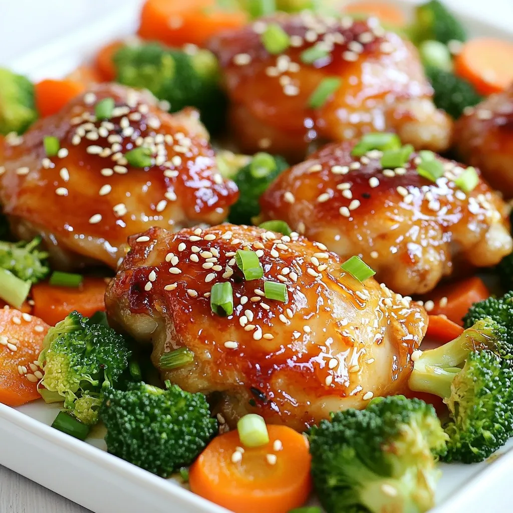 - 4 boneless, skinless chicken thighs - 1/4 cup honey - 1/4 cup soy sauce (low sodium recommended) - 4 cloves garlic, minced - 1 teaspoon fresh ginger, grated - 1 tablespoon olive oil - 1 teaspoon sesame oil - 1 cup broccoli florets - 1 red bell pepper, sliced - 1 cup baby carrots For this dish, I choose boneless, skinless chicken thighs. They stay juicy and tender as they cook. The honey and soy sauce mixture adds a sweet and savory flavor. Garlic and ginger bring a warm touch. Fresh vegetables like broccoli, red bell pepper, and baby carrots add color and crunch. - Chopped green onions - Sesame seeds Garnishes are a fun way to finish this meal. Chopped green onions give a bright taste. Sesame seeds add a nice crunch and look great on the plate. - Salt and pepper - Olive oil and sesame oil Salt and pepper are my go-to seasonings. They enhance all the flavors in the dish. Olive oil helps with cooking and adds richness. Sesame oil gives a unique nutty flavor to the meal. {{ingredient_image_1}} First, you need to preheat your oven to 400°F (200°C). This step warms the oven for even cooking. Next, grab a sheet pan and line it with parchment paper. This makes cleanup easy and keeps food from sticking. In a small bowl, whisk together these ingredients: honey, soy sauce, minced garlic, grated ginger, olive oil, and sesame oil. This mixture will give the chicken its sweet and savory flavor. Make sure it's well combined for the best taste. Pat the chicken thighs dry with a paper towel. Season both sides with salt and pepper. Then, place the chicken in a large bowl and pour about half of your honey garlic marinade over it. Coat the chicken well. Let it sit for 15-20 minutes. While the chicken marinates, prepare your vegetables. In another bowl, toss the broccoli, bell pepper, and baby carrots with the remaining marinade. Now, arrange the marinated chicken thighs on the sheet pan. Place the coated vegetables around the chicken. Make sure they are evenly spaced for even cooking. Bake everything in the preheated oven for 25-30 minutes. The chicken should reach an internal temperature of 165°F (75°C), and the vegetables will be tender. If you want a nice char, you can broil the dish for the last 2-3 minutes. Keep a close watch to avoid burning. Once done, remove the pan from the oven and let it rest for a few minutes. Before serving, sprinkle the dish with chopped green onions and sesame seeds for a fresh finish. For the best chicken, marinate it for 15 to 20 minutes. This time allows the flavors to really soak in. If you leave it too long, the meat can become mushy. Always check the internal temperature to ensure perfect doneness. It should reach 165°F (75°C). Use a meat thermometer to be sure. Seasonal veggies can switch up your dish. In spring, add asparagus or snap peas. In summer, zucchini or corn work well. Fall favorites like Brussels sprouts or squash can also shine here. Choose what looks fresh at your market for the best taste. Lining the pan with parchment paper makes cleanup quick and easy. It prevents sticking and saves you time scrubbing. For leftover marinade, store it safely in a sealed container. You can keep it in the fridge for up to three days. Just remember, never reuse marinade that has touched raw chicken. Pro Tips Marinate for Maximum Flavor: Allow the chicken to marinate for at least 30 minutes or up to overnight in the refrigerator. This enhances the flavor and tenderness of the chicken. Use Fresh Ingredients: Fresh garlic and ginger provide a more robust flavor than their powdered counterparts. Whenever possible, opt for fresh to elevate your dish. Veggie Variations: Feel free to swap out the vegetables based on seasonal availability or personal preference. Zucchini, snap peas, or asparagus also work well in this dish. Check for Doneness: Always use a meat thermometer to ensure your chicken reaches an internal temperature of 165°F (75°C) for safe consumption. {{image_2}} If you want to switch up the protein, you have some great options. Chicken breast works well if you prefer less fat. Tofu is an excellent choice for a vegetarian dish. Use firm tofu for the best texture. Just press it to remove extra water and cut it into cubes. Marinate it like the chicken. This way, it soaks up all those lovely flavors. You can play with sauces to change the flavor. Teriyaki sauce adds a sweet and savory taste. It pairs nicely with the honey and garlic. BBQ sauce gives a smoky and tangy twist. Just remember to balance the sweetness. Mix sauces to find what you like best. This recipe is flexible, so feel free to get creative. Adding more veggies makes this dish even better. Snap peas add a nice crunch. Zucchini brings a soft texture and absorbs flavors well. Bell peppers can be mixed with different colors for a vibrant look. Just cut them into bite-sized pieces. Feel free to experiment with seasonal vegetables too. The more variety, the more fun your meal will be! To keep your honey garlic chicken fresh, store leftovers in the refrigerator. Place the chicken and veggies in a shallow container. Make sure to cover it tightly. This prevents air from getting in and keeps flavors intact. You can enjoy these leftovers for up to three days. For the best containers, use glass or BPA-free plastic. These materials work well for storage. They help keep your food safe and tasty. Avoid using metal containers, as they can react with the sauce. When it's time to eat again, you can easily reheat the chicken and veggies. The best way is to use the oven. Preheat your oven to 350°F (175°C). Place the dish on a baking sheet and cover it with foil. This keeps it from drying out. Heat for about 15-20 minutes or until warm. If you’re short on time, a microwave works too. Just place the food in a microwave-safe dish. Cover it loosely with a lid or wrap. Heat in short bursts of 1-2 minutes, stirring in between. This helps to warm everything evenly. If you want to save the dish for later, freezing is a great option. First, let the chicken and veggies cool completely. Then, place them in a freezer-safe bag or container. Squeeze out as much air as possible before sealing. This step helps prevent freezer burn. You can freeze the dish for up to three months. When you’re ready to enjoy it, defrost in the refrigerator overnight. For a quicker method, you can use the microwave. Set it to defrost and follow the instructions. After defrosting, reheat as mentioned above for the best results. Yes, you can use bone-in chicken. Just adjust the cooking time. Bone-in chicken takes longer to cook. Aim for 35-40 minutes or until it reaches 165°F (75°C). I love serving this dish with rice or quinoa. Both soak up the tasty sauce well. You can also pair it with a fresh salad for some crunch. This dish takes about 50 minutes to cook. You spend 20 minutes prepping and marinating the chicken. The baking time is around 25-30 minutes. To make this recipe gluten-free, use a gluten-free soy sauce. Many brands offer great options. Check the label to be sure. You can prepare the chicken and veggies ahead of time. Marinate them in the fridge for up to 24 hours. Cook just before serving for the best flavor. This blog post provided a simple and tasty recipe for Honey Garlic Chicken. You learned about the main ingredients, cooking steps, and tips to make the dish perfect. Remember to marinate your chicken well and choose fresh veggies for the best flavor. You can try different proteins and sauces for variety. Serving leftovers is easy, too. This dish is quick to make and a great way to enjoy healthy meals. Now, go ahead and try it out! You’ll love the flavors.