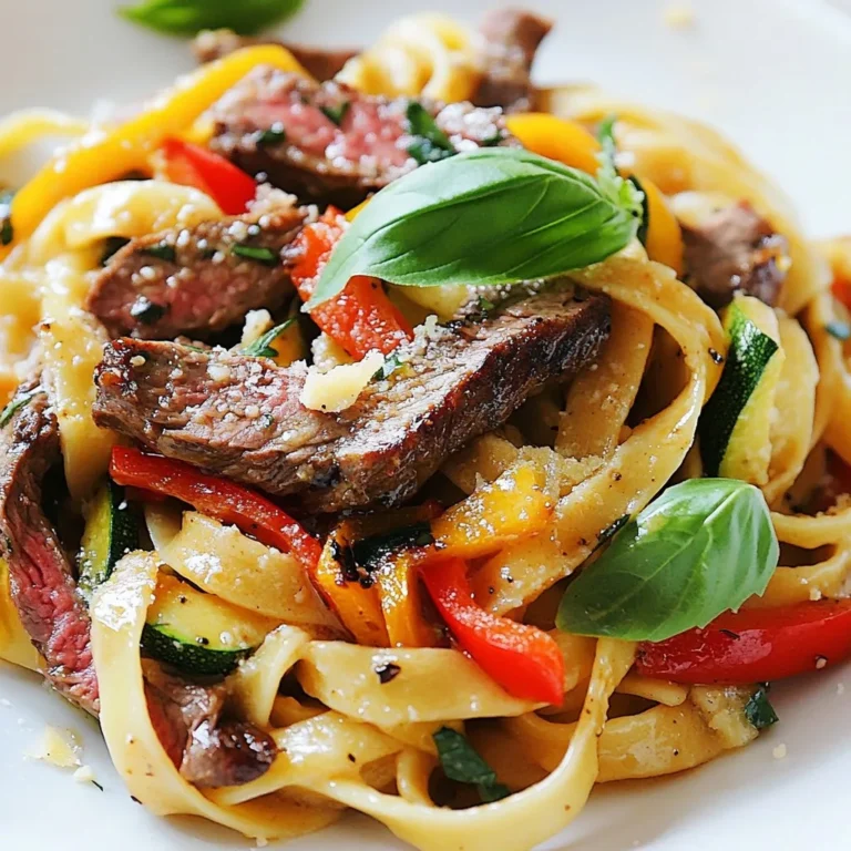 - 8 oz fettuccine or spaghetti - 1 lb flank steak, sliced thinly against the grain - 2 tablespoons olive oil The main ingredients form the backbone of this dish. Fettuccine or spaghetti serves as the pasta base. I love using flank steak for its rich flavor and tenderness. Olive oil adds a nice touch of fat, which helps in cooking the steak and veggies. - 1 red bell pepper, sliced - 1 small zucchini, julienned - 2 cloves garlic, minced The vegetables bring color and crunch. Red bell pepper adds sweetness and bright color to your plate. Zucchini provides a mild taste and nice texture. Garlic is a must for its aromatic kick. Together, they create a balanced bite. - 3 tablespoons honey - 2 tablespoons soy sauce - 1 tablespoon rice vinegar These sauce elements are key to the dish's sweet and spicy profile. Honey offers sweetness that balances the heat. Soy sauce brings depth and umami, while rice vinegar adds a tangy finish. This sauce ties the whole dish together beautifully. {{ingredient_image_1}} - Boiling and Draining Start by boiling a large pot of salted water. Add 8 oz of fettuccine or spaghetti. Cook it until it is al dente, following the package instructions. This usually takes about 8-10 minutes. Once done, reserve about 1/2 cup of pasta water before draining the pasta. This water will help thicken your sauce later. - Reserved Pasta Water Tips The reserved pasta water is starchy. This starch helps the sauce cling to the pasta. If your sauce seems too thick later, add a little of this water. It makes your dish creamy and rich. - Seasoning and Searing Techniques Season 1 lb of thinly sliced flank steak with salt, pepper, and red pepper flakes. Heat 1 tablespoon of olive oil in a large skillet over medium-high heat. Add the steak in a single layer. Sear it for 2-3 minutes on each side until nicely browned. This gives the steak great flavor. - Resting Tips After searing, remove the steak from the skillet. Let it rest for about 5 minutes. This allows the juices to redistribute, making the meat tender and juicy when you slice it. - Timing for Perfectly Cooked Veggies In the same skillet, add another tablespoon of olive oil. Toss in 2 cloves of minced garlic, 1 sliced red bell pepper, and 1 small julienned zucchini. Sauté them for about 4-5 minutes. You want them tender but still vibrant. This keeps their crunch and bright color. - Maintaining Color and Texture Stir the veggies often to avoid burning. You want them colorful and crisp. They will soak up some of that steak flavor left in the pan. This adds a great depth to your dish. Adjusting Heat Levels To find the right heat, start with one teaspoon of red pepper flakes. Taste the dish, and add more if you want it spicier. You can also use fresh chili peppers for a different kick. Just remember, you can always add more spice, but you can’t take it away. Sweetness Tips For sweetness, honey works great. If you want a twist, try maple syrup or agave nectar. You can mix in a bit of brown sugar if you like. Taste it as you go to get the perfect balance of sweet and spicy. Choosing the Right Cut Flank steak is my favorite for this dish. It's tender and cooks quickly. You can also try sirloin or skirt steak if you want. Just slice it thin against the grain for the best texture. Doneness Guidelines Cook the steak to your liking. For medium-rare, aim for 130°F. Use a meat thermometer to check. Let the steak rest for a few minutes before slicing. This keeps it juicy and flavorful. Best Accompaniments Serve this dish with a side salad or some garlic bread. A light vinaigrette can balance the meal. You might also enjoy it with a glass of red wine. Presentation Ideas For a beautiful plate, twirl the pasta into nests. Top with sliced steak and veggies. Sprinkle fresh basil and Parmesan on top. It’s a feast for the eyes and the taste buds! Pro Tips Choose the Right Cut: Flank steak is a great choice for its flavor and tenderness when sliced correctly. Ensure you slice it against the grain to maximize tenderness. Control the Spice Level: Adjust the red pepper flakes based on your heat preference. You can start with less and add more to the sauce if you like it spicier. Reserve Pasta Water: Always save some pasta water before draining. It's a great way to adjust the sauce's consistency and helps the sauce cling better to the pasta. Fresh Herbs for Flavor: Garnishing with fresh basil not only adds a pop of color but also enhances the dish's overall flavor profile. Don’t skip this step! {{image_2}} Alternative Pasta Options You can switch fettuccine or spaghetti for other types of pasta. Penne or rigatoni works great. They hold sauce well and give a nice bite. Whole wheat or chickpea pasta adds extra nutrition. Different Protein Choices If steak isn’t your thing, try chicken or shrimp. Chicken thighs have great flavor and cook quickly. Shrimp brings a seafood twist and cooks in just a few minutes. Tofu is a great choice for a plant-based meal. Gluten-Free Alternatives For a gluten-free dish, use gluten-free pasta. Many brands offer great options made from rice or quinoa. These pastas cook similarly and taste amazing with the sauce. Vegetarian Option Ideas You can make this dish vegetarian by omitting the meat. Add more veggies like mushrooms or spinach for depth. Use a plant-based protein, like tempeh, for added texture and flavor. Additional Spices to Incorporate Want more flavor? Add smoked paprika for a smoky kick. A pinch of cumin adds warmth. For a fresh twist, try fresh herbs like thyme or oregano. Garnishing Ideas Garnish with fresh basil for a burst of flavor. A sprinkle of crushed red pepper can boost heat. Toasted pine nuts add crunch and a nutty taste. Grated cheese is a classic, but nutritional yeast is a tasty vegan option. - To store leftovers, let the pasta cool down first. - Place it in an airtight container. - Keep it in the fridge for up to three days. - If you want to keep it longer, consider freezing it. - For best results, reheat in a skillet on medium heat. - Add a splash of water or broth to keep it moist. - Stir often to avoid sticking and overcooking. - Microwave is quick, but it may dry out the pasta. - To freeze the dish, portion it into containers. - Make sure to leave some space for expansion. - Label the containers with the date. - To thaw, place in the fridge overnight. - Reheat in a skillet, adding a bit of water if needed. You can prep sweet and spicy steak pasta ahead of time. Cook the pasta and let it cool. Store it in an airtight container in the fridge. You can also slice the steak and cook the veggies early. Keep the sauce separate until you’re ready to serve. When you want to eat, just heat everything together. This keeps the flavors fresh. Yes, you can use other types of steak. Ribeye, sirloin, or skirt steak work well. Just slice them thin against the grain for the best texture. Each cut brings its own flavor. Choose what you like best or what you have on hand. If you need a honey substitute, try maple syrup or agave nectar. These add sweetness without changing the flavor too much. Brown sugar mixed with water can also work. Just use the same amount as honey for the best results. To adjust the spiciness, play with the red pepper flakes. Start with less if you prefer milder dishes. You can always add more if needed. For extra heat, add sliced fresh chili peppers or a dash of hot sauce. Taste as you go to find your perfect balance. This blog post covered how to make sweet and spicy steak pasta. We explored the main ingredients, including fettuccine, flank steak, and fresh veggies. I provided step-by-step cooking instructions to help you create the dish. Helpful tips were shared to balance flavors and choose the right steak. We also discussed variations for dietary needs and proper storage methods. Incorporate these ideas, and you can enjoy a tasty meal tailored to your taste. Happy cooking!