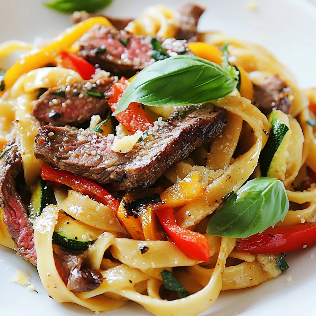 - 8 oz fettuccine or spaghetti - 1 lb flank steak, sliced thinly against the grain - 2 tablespoons olive oil The main ingredients form the backbone of this dish. Fettuccine or spaghetti serves as the pasta base. I love using flank steak for its rich flavor and tenderness. Olive oil adds a nice touch of fat, which helps in cooking the steak and veggies. - 1 red bell pepper, sliced - 1 small zucchini, julienned - 2 cloves garlic, minced The vegetables bring color and crunch. Red bell pepper adds sweetness and bright color to your plate. Zucchini provides a mild taste and nice texture. Garlic is a must for its aromatic kick. Together, they create a balanced bite. - 3 tablespoons honey - 2 tablespoons soy sauce - 1 tablespoon rice vinegar These sauce elements are key to the dish's sweet and spicy profile. Honey offers sweetness that balances the heat. Soy sauce brings depth and umami, while rice vinegar adds a tangy finish. This sauce ties the whole dish together beautifully. {{ingredient_image_1}} - Boiling and Draining Start by boiling a large pot of salted water. Add 8 oz of fettuccine or spaghetti. Cook it until it is al dente, following the package instructions. This usually takes about 8-10 minutes. Once done, reserve about 1/2 cup of pasta water before draining the pasta. This water will help thicken your sauce later. - Reserved Pasta Water Tips The reserved pasta water is starchy. This starch helps the sauce cling to the pasta. If your sauce seems too thick later, add a little of this water. It makes your dish creamy and rich. - Seasoning and Searing Techniques Season 1 lb of thinly sliced flank steak with salt, pepper, and red pepper flakes. Heat 1 tablespoon of olive oil in a large skillet over medium-high heat. Add the steak in a single layer. Sear it for 2-3 minutes on each side until nicely browned. This gives the steak great flavor. - Resting Tips After searing, remove the steak from the skillet. Let it rest for about 5 minutes. This allows the juices to redistribute, making the meat tender and juicy when you slice it. - Timing for Perfectly Cooked Veggies In the same skillet, add another tablespoon of olive oil. Toss in 2 cloves of minced garlic, 1 sliced red bell pepper, and 1 small julienned zucchini. Sauté them for about 4-5 minutes. You want them tender but still vibrant. This keeps their crunch and bright color. - Maintaining Color and Texture Stir the veggies often to avoid burning. You want them colorful and crisp. They will soak up some of that steak flavor left in the pan. This adds a great depth to your dish. Adjusting Heat Levels To find the right heat, start with one teaspoon of red pepper flakes. Taste the dish, and add more if you want it spicier. You can also use fresh chili peppers for a different kick. Just remember, you can always add more spice, but you can’t take it away. Sweetness Tips For sweetness, honey works great. If you want a twist, try maple syrup or agave nectar. You can mix in a bit of brown sugar if you like. Taste it as you go to get the perfect balance of sweet and spicy. Choosing the Right Cut Flank steak is my favorite for this dish. It's tender and cooks quickly. You can also try sirloin or skirt steak if you want. Just slice it thin against the grain for the best texture. Doneness Guidelines Cook the steak to your liking. For medium-rare, aim for 130°F. Use a meat thermometer to check. Let the steak rest for a few minutes before slicing. This keeps it juicy and flavorful. Best Accompaniments Serve this dish with a side salad or some garlic bread. A light vinaigrette can balance the meal. You might also enjoy it with a glass of red wine. Presentation Ideas For a beautiful plate, twirl the pasta into nests. Top with sliced steak and veggies. Sprinkle fresh basil and Parmesan on top. It’s a feast for the eyes and the taste buds! Pro Tips Choose the Right Cut: Flank steak is a great choice for its flavor and tenderness when sliced correctly. Ensure you slice it against the grain to maximize tenderness. Control the Spice Level: Adjust the red pepper flakes based on your heat preference. You can start with less and add more to the sauce if you like it spicier. Reserve Pasta Water: Always save some pasta water before draining. It's a great way to adjust the sauce's consistency and helps the sauce cling better to the pasta. Fresh Herbs for Flavor: Garnishing with fresh basil not only adds a pop of color but also enhances the dish's overall flavor profile. Don’t skip this step! {{image_2}} Alternative Pasta Options You can switch fettuccine or spaghetti for other types of pasta. Penne or rigatoni works great. They hold sauce well and give a nice bite. Whole wheat or chickpea pasta adds extra nutrition. Different Protein Choices If steak isn’t your thing, try chicken or shrimp. Chicken thighs have great flavor and cook quickly. Shrimp brings a seafood twist and cooks in just a few minutes. Tofu is a great choice for a plant-based meal. Gluten-Free Alternatives For a gluten-free dish, use gluten-free pasta. Many brands offer great options made from rice or quinoa. These pastas cook similarly and taste amazing with the sauce. Vegetarian Option Ideas You can make this dish vegetarian by omitting the meat. Add more veggies like mushrooms or spinach for depth. Use a plant-based protein, like tempeh, for added texture and flavor. Additional Spices to Incorporate Want more flavor? Add smoked paprika for a smoky kick. A pinch of cumin adds warmth. For a fresh twist, try fresh herbs like thyme or oregano. Garnishing Ideas Garnish with fresh basil for a burst of flavor. A sprinkle of crushed red pepper can boost heat. Toasted pine nuts add crunch and a nutty taste. Grated cheese is a classic, but nutritional yeast is a tasty vegan option. - To store leftovers, let the pasta cool down first. - Place it in an airtight container. - Keep it in the fridge for up to three days. - If you want to keep it longer, consider freezing it. - For best results, reheat in a skillet on medium heat. - Add a splash of water or broth to keep it moist. - Stir often to avoid sticking and overcooking. - Microwave is quick, but it may dry out the pasta. - To freeze the dish, portion it into containers. - Make sure to leave some space for expansion. - Label the containers with the date. - To thaw, place in the fridge overnight. - Reheat in a skillet, adding a bit of water if needed. You can prep sweet and spicy steak pasta ahead of time. Cook the pasta and let it cool. Store it in an airtight container in the fridge. You can also slice the steak and cook the veggies early. Keep the sauce separate until you’re ready to serve. When you want to eat, just heat everything together. This keeps the flavors fresh. Yes, you can use other types of steak. Ribeye, sirloin, or skirt steak work well. Just slice them thin against the grain for the best texture. Each cut brings its own flavor. Choose what you like best or what you have on hand. If you need a honey substitute, try maple syrup or agave nectar. These add sweetness without changing the flavor too much. Brown sugar mixed with water can also work. Just use the same amount as honey for the best results. To adjust the spiciness, play with the red pepper flakes. Start with less if you prefer milder dishes. You can always add more if needed. For extra heat, add sliced fresh chili peppers or a dash of hot sauce. Taste as you go to find your perfect balance. This blog post covered how to make sweet and spicy steak pasta. We explored the main ingredients, including fettuccine, flank steak, and fresh veggies. I provided step-by-step cooking instructions to help you create the dish. Helpful tips were shared to balance flavors and choose the right steak. We also discussed variations for dietary needs and proper storage methods. Incorporate these ideas, and you can enjoy a tasty meal tailored to your taste. Happy cooking!