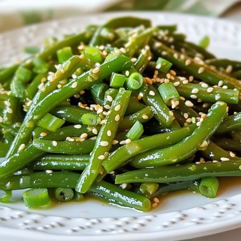 To make honey garlic green beans, gather these items: - 1 pound fresh green beans, trimmed - 3 tablespoons honey - 4 cloves garlic, minced - 2 tablespoons soy sauce (low-sodium preferred) - 1 tablespoon olive oil - 1 teaspoon sesame oil - 1 teaspoon freshly grated ginger - Salt and pepper to taste - 1 tablespoon sesame seeds (for garnish) - 2 green onions, sliced (for garnish) You will need a few key tools for this dish: - A large pot for boiling water - A bowl filled with ice water for blanching - A large skillet for stir-frying - A knife and cutting board for chopping ingredients - Measuring spoons for precise amounts I always prefer fresh green beans for this recipe. Fresh beans taste better and have a nice crunch. You can find them at local markets or grocery stores. If fresh beans are not available, frozen green beans can work too. Just make sure to thaw them first. Blanching is still important to keep the vibrant green color. This step helps the beans stay crisp and tasty! {{ingredient_image_1}} Start by boiling a large pot of salted water. Once the water boils, add 1 pound of fresh green beans. Cook them for about 3 minutes. They should turn bright green and stay tender-crisp. This step helps keep the beans crunchy. After cooking, quickly transfer the green beans to a bowl filled with ice water. This stops the cooking process. Drain the beans and set them aside. Next, take 4 cloves of garlic and mince them. Grate 1 teaspoon of fresh ginger. These two ingredients add a lot of flavor. In a large skillet, heat 1 tablespoon of olive oil and 1 teaspoon of sesame oil over medium heat. Once the oil is hot, add the minced garlic and grated ginger. Sauté them for about 1 minute. You want them to be fragrant but not burnt. Now, add the blanched green beans to the skillet. Toss them with the garlic and ginger mixture. Cook for about 2 minutes, stirring occasionally. Then, drizzle in 3 tablespoons of honey and 2 tablespoons of soy sauce. Stir-fry the green beans until they are well-coated. This should take about 2 to 3 more minutes. Finally, season with salt and pepper to taste. Remove the skillet from heat. Transfer the green beans to a dish. Top with 1 tablespoon of sesame seeds and 2 sliced green onions for garnish. Enjoy your honey garlic green beans! To get crisp green beans, start by blanching them. Boil them in salted water for about 3 minutes. This quick cooking keeps them bright and crunchy. After boiling, move them to ice water right away. This step halts the cooking process and locks in the color. When they cool, drain them well before cooking with garlic and ginger. To boost the taste, use fresh garlic and ginger. Their flavors really shine in this dish. You can also try adding a splash of rice vinegar for a tangy kick. If you want more depth, add a dash of chili flakes. This gives a little heat that pairs well with the honey. Experiment with these additions to find your favorite flavor profile. One common mistake is overcooking the green beans. If they get too soft, they lose their crunch. Another mistake is not draining the beans well after blanching. Excess water can make the dish watery and less tasty. Finally, be careful not to burn the garlic. It can turn bitter and ruin the dish. Keep an eye on it while cooking to ensure it stays golden and fragrant. Pro Tips Choose Fresh Green Beans: Select bright green beans that are firm and crisp for the best flavor and texture. Control Garlic Cooking Time: Garlic can burn quickly; sauté just until fragrant to avoid bitterness. Adjust Sweetness: Depending on your preference, you can increase or decrease the amount of honey in the recipe. Garnish for Flavor: Enhance the dish's presentation and flavor by adding toasted sesame seeds and freshly sliced green onions before serving. {{image_2}} You can easily add protein to honey garlic green beans. Chicken, shrimp, or tofu work well. Start by cooking the protein first in the skillet. Sauté it until fully cooked before adding garlic and ginger. Then, toss in the green beans and follow the rest of the recipe. This way, you'll have a complete meal that's tasty and filling. You can switch up the sauces for different flavors. Try using teriyaki sauce instead of soy sauce. This gives a sweet and savory twist. You could also use coconut aminos for a gluten-free option. For a spicy kick, add some red pepper flakes or sriracha. Experimenting with these options can create a new favorite dish. If you want a lighter dish, there are easy swaps to make. Use agave nectar instead of honey for a vegan option. You can also replace olive oil with cooking spray to cut calories. Low-sodium soy sauce helps reduce sodium levels. Lastly, consider adding more veggies like bell peppers or carrots for added nutrients. These swaps keep the dish healthy without losing flavor. To keep your honey garlic green beans fresh, store them in an airtight container. Make sure the beans cool down completely before sealing. This step helps prevent moisture build-up, which can make them soggy. You can keep them in the fridge for up to three days. When you're ready to enjoy the leftovers, use a skillet for reheating. Heat it on medium-low. Add a splash of water or a little olive oil to the pan. This method keeps the beans tender and tasty. Stir them for about 3 to 5 minutes until they are warm. Avoid using the microwave, as it can make the beans mushy. You can freeze honey garlic green beans if you want to save some for later. First, blanch them as you did in the recipe. After cooling, place them in a freezer-safe bag. Remove as much air as possible before sealing. You can freeze them for up to three months. When you're ready to eat, thaw them in the fridge overnight and reheat in a skillet. This way, you can enjoy this dish even later! Yes, you can! This recipe works well with other veggies. Try using broccoli, snap peas, or bell peppers. Just remember to adjust the cooking time. You want them to stay bright and crisp, just like the green beans. Absolutely! These honey garlic green beans are great for meal prep. They store well in the fridge for up to four days. Just reheat them in a pan or microwave. They taste just as good the next day! You can add some heat easily! Try mixing in red pepper flakes or Sriracha. Start with a small amount, then taste. You can always add more if you want it spicier. This will give your dish a nice kick! The ingredients and step-by-step instructions make it easy to cook honey garlic green beans. Remember key tips for perfect texture and flavor. Use my suggestions for variations and substitutions to suit your taste and diet. Proper storage helps you enjoy leftovers later. As you try this recipe, explore new ideas to make it your own. Cooking can be fun, and this dish shows how simple ingredients can shine. Happy cooking!