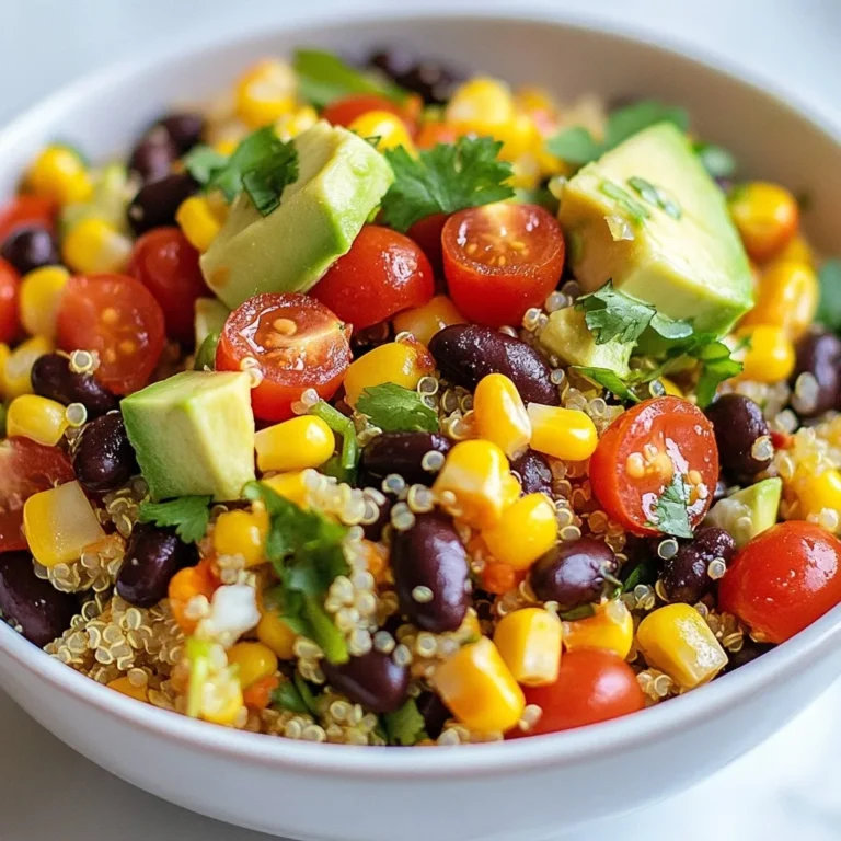- 1 cup quinoa, rinsed - 2 cups vegetable broth - 1 can (15 oz) black beans, rinsed and drained - 1 bell pepper (red, yellow, or orange), diced - 1 cup cherry tomatoes, halved - 1 red onion, finely chopped - 1 avocado, diced - 1 cup corn (frozen or fresh) - 1/4 cup fresh cilantro, chopped The main ingredients in this salad create a colorful and tasty mix. Quinoa serves as the base. It is a great source of protein. Black beans add fiber and a rich flavor. Fresh vegetables like bell peppers, cherry tomatoes, red onion, and corn boost both taste and nutrition. Each adds a crunch, sweetness, or zest. Avocado adds creaminess, making each bite delightful. Fresh cilantro brings a burst of freshness. Together, they create a balanced and vibrant dish. - 3 tablespoons lime juice - 2 tablespoons olive oil - 1 teaspoon cumin - Salt and pepper to taste The dressing is simple yet flavorful. Lime juice adds a zesty kick. Olive oil brings richness and helps the flavors blend. Cumin gives a warm, earthy note. Salt and pepper enhance all the tastes. This dressing ties the salad together, making each bite exciting. - Avocado - Fresh cilantro - Additional garnishes Optional toppings can elevate your salad. You can add more diced avocado for creaminess. Fresh cilantro can be sprinkled on top for added flavor. Other garnishes like lime wedges enhance the look and taste. These toppings make the dish even more fun and fresh. Feel free to mix in what you love! {{ingredient_image_1}} First, rinse the quinoa. This step washes off the bitter coating called saponin. Use a fine-mesh strainer under cold water. Next, combine the rinsed quinoa and vegetable broth in a medium saucepan. Bring it to a boil over high heat. Once it boils, reduce the heat to low. Cover the pot and let it simmer for about 15 minutes. The quinoa will absorb the broth and become fluffy. After 15 minutes, take it off the heat. Let it sit for a few minutes to cool slightly. While the quinoa cooks, chop your vegetables. Dice the bell pepper and finely chop the red onion. Halve the cherry tomatoes and dice the avocado. If you use fresh corn, cut it off the cob. If you use frozen corn, let it thaw. In a large mixing bowl, add the black beans, diced bell pepper, cherry tomatoes, red onion, avocado, and corn. Mix everything together well. Once the quinoa has cooled, add it to the bowl with the other ingredients. To make the dressing, grab a small bowl. Whisk together the lime juice, olive oil, cumin, salt, and pepper. This mixture adds flavor to your salad. Pour the dressing over the salad. Toss everything gently to coat all the ingredients with the dressing. Finally, fold in the chopped cilantro before serving. This adds a fresh touch to your dish. Adjust the seasoning if needed. To make quinoa fluffy, rinse it well before cooking. This step removes the bitter coating called saponin. It will help you avoid mushy quinoa. Use a fine mesh strainer for the best results. When cooking, use vegetable broth instead of water. This adds flavor. Bring the broth to a boil first. Then, lower the heat, cover, and let it simmer for 15 minutes. Let it rest off the heat for a few minutes. Fluff it gently with a fork before using. To boost flavor, add spices like chili powder or smoked paprika. These will add a nice kick. You can also mix in garlic powder or onion powder for extra taste. For serving, try a bed of greens like spinach or arugula. This adds crunch and nutrients. You can also serve it with tortilla chips for a fun side. Batch cooking quinoa is a great way to save time. Cook a big batch and store it in the fridge. It stays fresh for up to five days. Store cooked quinoa in an airtight container. This keeps it from drying out. Before serving, warm it up in the microwave or on the stove. Add a splash of water to keep it moist. Pro Tips Rinse the Quinoa: Always rinse quinoa under cold water before cooking to remove its natural coating, called saponin, which can impart a bitter flavor. Customize Your Veggies: Feel free to swap in your favorite vegetables or whatever you have on hand. Zucchini, carrots, or even spinach can add great flavor and nutrition. Make it Ahead: This salad stores well in the fridge for up to 3 days, making it a perfect make-ahead meal for lunches or quick dinners. Add Extra Protein: For a heartier meal, consider adding grilled chicken, shrimp, or tofu to the salad for an extra protein boost. {{image_2}} You can easily change up your black bean quinoa salad. For beans, use chickpeas or kidney beans. Both options add great taste and protein. If you want to switch grains, try brown rice or bulgur. They work well and offer different textures. For veggies, the options are endless! Add diced zucchini, corn, or cucumbers. You can even toss in some shredded carrots for crunch. Mixing different colors makes the salad more fun and appealing. If you need vegan or gluten-free options, you're in luck! This salad is already vegan, as it uses no animal products. Just make sure your broth is vegan. To keep it gluten-free, stick with quinoa or rice. Both are safe choices. Looking for a low-carb option? Swap out quinoa for riced cauliflower. It cuts carbs while keeping the salad light and fresh. Changing the dressing can make a big difference. You can use avocado oil instead of olive oil. It adds a unique flavor. For the acid, try apple cider vinegar or red wine vinegar. Both give a nice zing to your salad. Want to add some sweetness? A drizzle of honey or agave nectar works well. If you like heat, mix in some diced jalapeño or a dash of hot sauce. These changes can make your salad even more exciting! This salad lasts about 3 to 5 days in the fridge. To store it safely, place it in an airtight container. This keeps it fresh and avoids odors from other foods. Always let the salad cool before sealing it. If you see any signs of spoilage, such as off-smells or mold, toss it out. Yes, you can freeze this salad! However, some ingredients may change texture. To freeze, place the salad in a freezer-safe container. Leave some space at the top for expansion. When ready to eat, thaw it in the fridge overnight. For reheating, you can warm it lightly in a pan. Just ensure the avocado is not included, as it doesn’t freeze well. When serving after storage, give it a good mix. This helps redistribute the flavors. You might want to add a splash of lime juice for extra freshness. If the salad seems dry, drizzle in a bit of olive oil. Always serve it chilled for the best taste. You can prepare this salad ahead of time. Start by cooking the quinoa. Let it cool completely. Mix all the salad ingredients except the avocado and cilantro in a bowl. Store the salad in the fridge for up to three days. When you're ready to eat, add the avocado and cilantro. This keeps them fresh and tasty. Absolutely! You can mix in many other ingredients. Try adding diced cucumber for crunch. Corn can be fresh or frozen, but both work well. Black olives add a nice salty bite. You could also use different beans, like kidney beans or pinto beans. Feel free to get creative! Yes, this salad is very healthy! Quinoa is a great source of protein and fiber. Black beans add more protein and help with digestion. Fresh veggies like bell peppers and tomatoes are full of vitamins. Avocado provides healthy fats. This salad is not only tasty but also good for your body! This blog post covered how to make a delicious Black Bean Quinoa Salad. We looked at key ingredients like quinoa, black beans, and fresh veggies. You learned how to cook quinoa perfectly and whip up a tasty dressing. We also explored meal prep tips and variations to customize your salad. In conclusion, this salad is not just easy to make; it’s also healthy and tasty. Feel free to experiment with ingredients and make it your own. Enjoy your cooking journey and savor each bite!