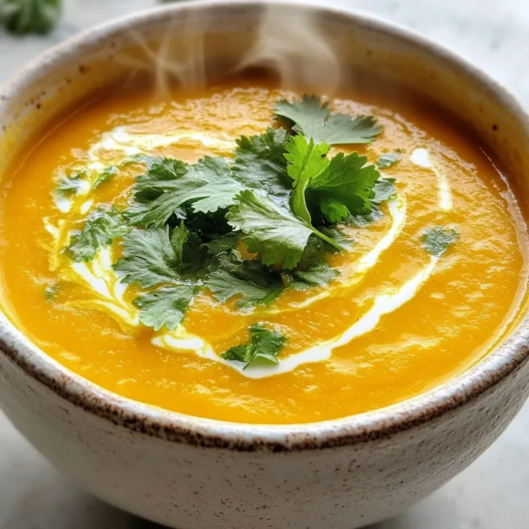 - 4 large carrots, peeled and chopped - 1 medium onion, diced - 2 cloves garlic, minced - 1 teaspoon ginger, grated - 4 cups vegetable broth - 1/2 teaspoon ground cumin - 1/4 teaspoon nutmeg - Salt and pepper to taste - 2 tablespoons olive oil - 1/2 cup coconut milk (optional) - Fresh cilantro or parsley for garnish When making this easy carrot soup, fresh ingredients shine. Choose bright orange carrots. They taste sweet and provide vibrant color. The onion adds depth, while garlic gives a nice kick. Ginger brings warmth and a hint of spice. You'll need vegetable broth for the base. It adds flavor without being heavy. Ground cumin and nutmeg add warmth and earthiness. Don’t forget salt and pepper for balance. Olive oil is great for sautéing. It adds a rich flavor to the soup. Coconut milk is optional but highly recommended. It makes the soup creamy and adds a tropical twist. Lastly, fresh herbs like cilantro or parsley make the dish pop. They add color and a fresh taste. This combination of ingredients makes a rich, smooth, and healthy soup. {{ingredient_image_1}} First, wash your carrots under cold water. Peel the carrots using a vegetable peeler. Make sure to remove all the skin. Next, chop the carrots into small pieces. This helps them cook faster. For the onion, take a medium onion and dice it into small cubes. Use a sharp knife for better control. Then, mince the garlic cloves finely. You want them tiny for the best flavor. Lastly, grate the ginger. Fresh ginger adds a pleasant kick to the soup. In a large pot, heat two tablespoons of olive oil over medium heat. Once hot, add the diced onion. Cook for about five minutes until it turns soft and translucent. This step builds a strong flavor base. Next, stir in the minced garlic and grated ginger. Cook for another minute or two until you smell their aroma. After that, add in the chopped carrots. Sprinkle in half a teaspoon of ground cumin and a quarter teaspoon of nutmeg. Stir everything well to coat the carrots in spices. Pour in four cups of vegetable broth. Bring the mixture to a boil. Once it boils, lower the heat. Let it simmer for about 20 to 25 minutes until the carrots are soft. After cooking, use an immersion blender to puree the soup until smooth. If you don't have one, carefully transfer the soup to a countertop blender. Ensure steam can escape to avoid splattering hot soup. If using a countertop blender, blend in batches if needed. Once pureed, return the soup to the pot. If you want a creamier texture, stir in half a cup of coconut milk. Season with salt and pepper to suit your taste. Warm the soup gently over low heat if necessary. Your easy carrot soup is now ready to serve! To make your carrot soup shine, choose fresh, bright carrots. Look for firm carrots with a vibrant color. Fresh carrots add a natural sweetness and depth to the soup. Seasoning is key for great flavor. Start with salt and pepper. Taste as you go, adding more if needed. Spices like ground cumin and nutmeg also boost the taste. They give the soup warmth and a hint of spice. You can choose between a countertop blender or an immersion blender to puree your soup. The countertop blender gives a smooth texture but requires more cleanup. You need to transfer hot soup to the blender carefully. An immersion blender is easier. You can blend right in the pot. Just be cautious with hot liquids. Always keep the blender submerged before turning it on. This avoids splattering and burns. Garnishing your soup adds a nice touch. Fresh herbs like cilantro or parsley brighten the dish. Chop them finely and sprinkle on top just before serving. For extra flavor, consider toppings like a drizzle of olive oil or a dollop of coconut milk. Toasted seeds or nuts can also add crunch. These touches make your soup not only tasty but visually appealing too. Pro Tips Use Fresh Ingredients: Fresh carrots and spices will enhance the soup's flavor significantly. Blend for Creaminess: For a silkier texture, blend the soup longer until completely smooth. Adjust Spice Levels: Feel free to adjust the cumin and nutmeg to suit your taste preferences. Garnish Wisely: A sprinkle of fresh herbs just before serving adds a burst of color and freshness. {{image_2}} You can enhance your carrot soup by adding more veggies. Potatoes add creaminess. They also make the soup heartier. Bell peppers bring a sweet flavor. You can cut them into small pieces. When using extra vegetables, adjust the cooking time. Potatoes may take longer to cook. Add them early in the process. If using bell peppers, add them with the carrots. This way, they soften but keep some crunch. If you like heat, consider adding spices. Red pepper flakes work well for a mild kick. You can also try cayenne pepper for more heat. Feel free to add spices like paprika or chili powder. They add flavor and warmth. Start with a small amount, then taste. You can always add more if needed. To make this soup vegan, skip the coconut milk. You can use almond milk or cashew cream instead. These options still give the soup a creamy texture. Another great choice is blended silken tofu. It adds protein and creaminess without dairy. All these swaps keep the soup rich and tasty. To keep your carrot soup fresh, follow these easy tips: - Refrigerate promptly: Let the soup cool down before storing. This keeps it safe to eat. - Use airtight containers: Glass or plastic containers work well. Make sure they seal tightly. Freezing your soup is a great way to save it for later. Here’s how to do it: 1. Cool the soup: Wait until it’s at room temperature. 2. Portion it out: Use freezer bags or containers. Leave some space for expansion. 3. Label and date: Write the date on each bag or container. This helps track how long it’s been frozen. Storage duration recommendations: You can freeze carrot soup for up to three months. After that, the taste may change. When it’s time to enjoy your soup again, you have two good options: - Stovetop: Pour the soup into a pot. Heat it on medium until it’s warm. Stir often to avoid sticking. - Microwave: Place the soup in a microwave-safe bowl. Heat in short bursts, stirring in between. This helps it heat evenly. Ensuring soup retains flavor and texture: Always check the seasoning after reheating. You may need to add a little salt or pepper. This keeps the flavor bright and fresh. Carrot soup can last about 3 to 5 days in the fridge. To keep it fresh, store it in an airtight container. If you want to eat it later, make sure it cools down before you put it in the fridge. This helps keep the flavor and texture nice. Yes, you can use frozen carrots. They are convenient and save time. However, they may change the soup's texture. Frozen carrots can be softer when cooked. But they still taste good. Just add them directly to the pot without thawing first. Carrot soup pairs well with several side dishes. Here are some ideas: - A slice of crusty bread goes great with the soup. It helps to soak up all the flavors. - A fresh salad adds crunch and balance. Try a simple green salad with lemon dressing. - For a heartier meal, serve it with grilled cheese sandwiches. The cheese melts nicely with the soup. This blog post covered how to make a delicious carrot soup. You learned about key ingredients and step-by-step cooking instructions. Tips on flavor, variations, and storage were also shared to help you. Now, you can confidently create your own soup or adjust it to your taste. Remember, even small changes can make a big difference. Enjoy making and sharing your tasty soup!