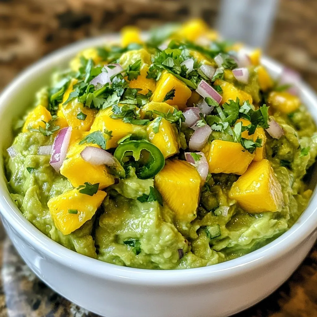 To make Spicy Mango Guacamole, gather these fresh ingredients: - 2 ripe avocados - 1 ripe mango, diced - 1 small red onion, finely chopped - 1 jalapeño, minced (adjust to taste) - 2 tablespoons fresh lime juice - 1/4 cup fresh cilantro, chopped - Salt to taste - Black pepper to taste Each ingredient plays a key role in creating a vibrant and zesty dip. The avocados provide a creamy base, while the mango adds sweetness and a tropical twist. The red onion gives it a nice crunch, and the jalapeño brings the heat. Lime juice helps balance flavors and adds freshness. Lastly, cilantro brings an herbaceous quality, making each bite lively. Using ripe ingredients is important. Ripe avocados should feel slightly soft, and ripe mangoes should yield to gentle pressure. This ensures your guacamole is flavorful and smooth. With these ingredients ready, you’re on your way to crafting a delightful dip that stands out at any gathering. {{ingredient_image_1}} How to Cut and Mash Avocados To start, cut the avocados in half. Remove the pit with a knife. Use a spoon to scoop out the green flesh into a bowl. Next, take a fork or potato masher and mash the avocados. You can make it smooth or keep it chunky, depending on your taste. How to Dice Mango Next, grab your mango. Cut off the sides of the mango seed. Then, create small squares in each piece. This helps to make the mango easy to scoop out. Finally, use a spoon to remove the diced mango from the skin. How to Chop Red Onion and Jalapeño Now for the red onion. Slice it in half and peel off the skin. Chop it finely for a good bite. For the jalapeño, slice it in half and remove the seeds. Then, mince it into small pieces. This gives your guacamole a nice kick! Combining Avocado and Mango In your mixing bowl, add the diced mango to the mashed avocado. Gently fold them together. This keeps the mango pieces intact while mixing. Adding Onion, Jalapeño, and Lime Juice Next, stir in the chopped red onion and minced jalapeño. Pour in the fresh lime juice. This adds a zesty flavor to your dip. Mix everything gently until well combined. Seasoning the Guacamole Now, season your guacamole with salt and black pepper. Taste it and adjust the seasoning as needed. This step is key to enhancing the overall flavor. Letting Flavors Meld After mixing, let the guacamole sit for about 10 minutes. This helps the flavors meld together. You will notice a richer taste after it rests. Serving Suggestions Serve your Spicy Mango Guacamole in a colorful bowl. Sprinkle some extra cilantro on top for a fresh look. Pair it with tortilla chips or fresh veggie sticks. Enjoy every bite! Adjusting Spiciness with Jalapeño You can change the heat level of your guacamole by adding more or less jalapeño. If you want it mild, use just a little. For a kick, add more jalapeño. Remember, always taste as you go! This helps you find the perfect balance for your spice preference. Balancing Sweetness and Acidity Mango brings sweetness, while lime juice adds zing. To balance these flavors, adjust the lime juice based on how sweet your mango is. If your mango tastes very sweet, add a bit more lime juice. This will keep your guacamole fresh and bright. Creative Serving Ideas Serve your Spicy Mango Guacamole in a bright bowl. You can also layer it in clear cups with tortilla chips. This adds a fun visual element. You can use colorful plates for a festive look, too. Garnishes to Enhance Appearance For a beautiful finish, sprinkle extra cilantro on top. You can also add lime wedges on the side. These garnishes make your dip look inviting. They also give your guests a hint of what flavors to expect. Pro Tips Choose Ripe Avocados: Ensure your avocados are ripe by gently pressing them; they should yield slightly. This will give your guacamole a creamy texture. Adjust Spice Level: If you're sensitive to spice, start with half the jalapeño and gradually add more to achieve your desired heat level. Fresh Lime Juice: Always use fresh lime juice instead of bottled for the best flavor; it brightens up the guacamole and enhances the overall taste. Let it Rest: Allowing the guacamole to rest for 10 minutes before serving lets the flavors meld together, creating a more delicious dip. {{image_2}} You can swap mango for other fruits. Peach or pineapple adds a nice twist. These fruits bring sweetness and a juicy bite. You can chop either fruit into small pieces. Mix them right into the guacamole. This change keeps the dip fresh and fun. You might also try adding pomegranate seeds. They add a pop of color and crunch. Their tartness balances the creamy avocados. Plus, they make the dish look great! Want to change it up? Try using green onion instead of red onion. Green onion has a milder flavor. It blends well with the other ingredients. You can also explore using different herbs. Basil or mint can add a unique taste. They bring freshness that works with the mango. Just chop them finely and mix them in. These small changes can create a whole new dip! To keep your spicy mango guacamole fresh for a few hours, store it in an airtight container. Press plastic wrap directly onto the surface of the guacamole before sealing the container. This helps limit air exposure and prevents browning. Guacamole can brown quickly, but this method slows it down. Keep it in the fridge until you are ready to serve it. If you want to save guacamole for later, you can freeze it. This works well for up to three months. To freeze, place the guacamole in a freezer-safe bag or container. Make sure to remove as much air as possible. When you are ready to eat, let it thaw in the fridge overnight. Once thawed, stir it well, and it’ll be ready to enjoy again. Freezing may change the texture slightly, but the flavors will still be delicious. Yes, you can use frozen mango. Just thaw it first. Frozen mango is sweet and soft. It works well in guacamole. If you use frozen mango, chop it finely. This helps it mix better. The flavor stays great, so go ahead! You can use cayenne pepper or hot sauce. Start with a small amount. Gradually add more to reach your heat level. Another option is to use crushed red pepper flakes. These add nice heat and flavor. Try different spicy ingredients to find your favorite mix! This dip pairs well with tortilla chips. Fresh veggie sticks like carrots or cucumbers complement it nicely too. You can also use it as a topping for tacos or nachos. It adds a sweet and spicy kick to any dish! This article covered making delicious guacamole. You learned about the key ingredients and how to prep them. We also explored mixing techniques and final touches for the best taste. I shared tips to enhance flavor and ideas for unique variations. Finally, I provided storage options to help keep your guacamole fresh. Guacamole is fun to make and share. Enjoy experimenting with flavors and find your favorite mix!