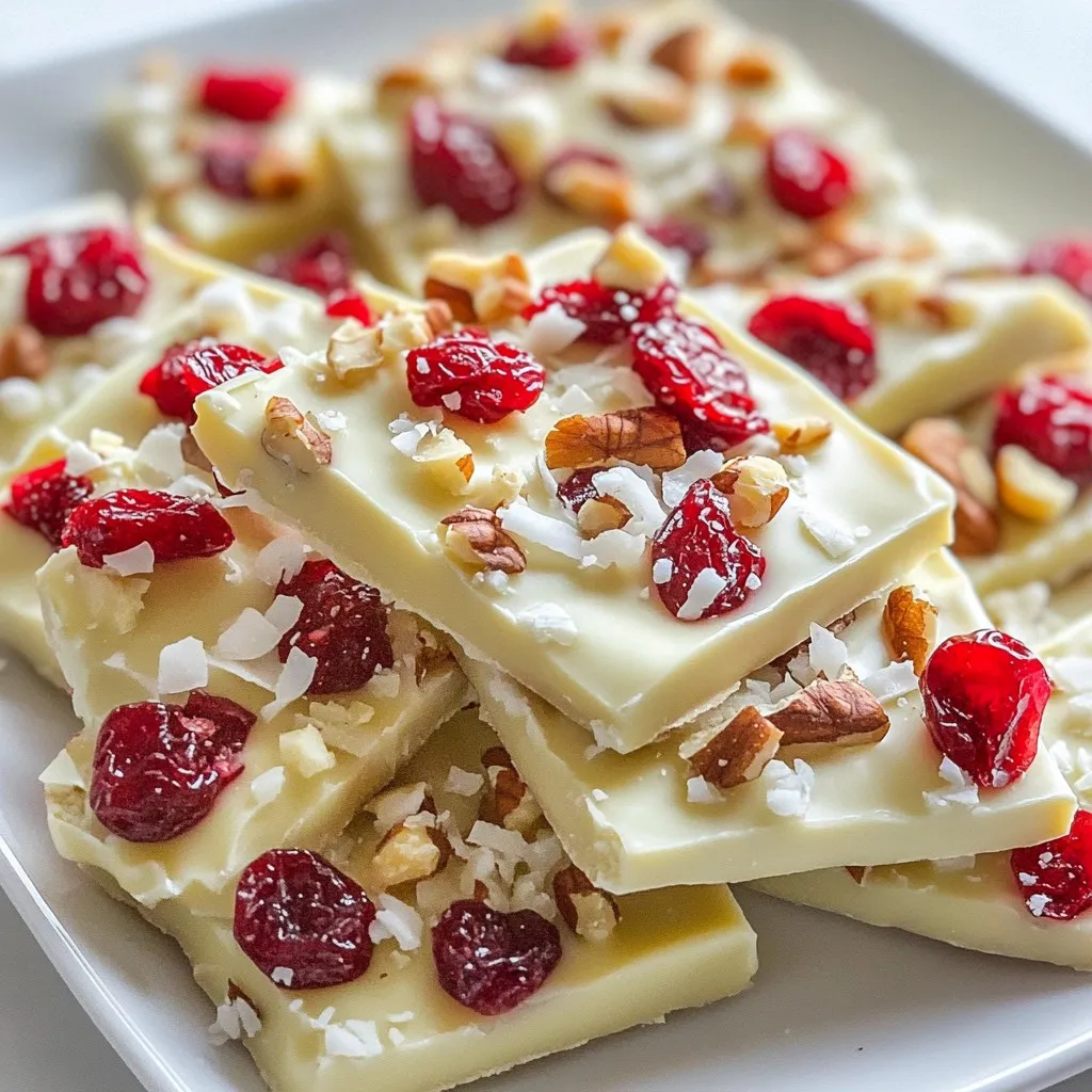- 12 oz white chocolate chips - 1 cup dried cranberries - 1/2 cup chopped nuts (such as pistachios or almonds) - 1/4 cup unsweetened shredded coconut - 1/4 teaspoon sea salt - Baking pan (9x13 inch) - Parchment paper - Microwave-safe bowl When making white chocolate cranberry bark, you need a few key ingredients. First, get white chocolate chips. They are the base of our bark and add sweetness. Next, gather dried cranberries. They provide a nice tart flavor. Chopped nuts, like pistachios or almonds, add crunch and richness. You can also use optional ingredients to enhance your bark. Unsweetened shredded coconut brings a tropical twist. A pinch of sea salt adds depth to the sweet chocolate. For equipment, grab a 9x13 inch baking pan. Line it with parchment paper for easy removal. You will also need a microwave-safe bowl to melt the chocolate. This setup helps you create a smooth and tasty treat. {{ingredient_image_1}} Start by lining a 9x13 inch baking pan with parchment paper. Make sure to leave some paper hanging over the sides. This will help you lift the bark out later. It’s an easy way to keep your hands clean. Next, grab a microwave-safe bowl. Add 12 ounces of white chocolate chips to it. Set your microwave to 30-second intervals. After each interval, take the bowl out and stir the chocolate. Keep doing this until the chocolate is smooth and fully melted. This method helps you avoid burning the chocolate. Once the chocolate is melted, pour it into your lined pan. Use a spatula to spread the chocolate evenly to the corners. Now, it’s time for toppings! Sprinkle 1 cup of dried cranberries, 1/2 cup of chopped nuts, and 1/4 cup of shredded coconut if you like. Don’t forget to add a pinch of sea salt. Press the toppings down gently into the chocolate. This helps them stick well. Now, place the pan in the refrigerator. Let it chill for about 30 minutes. This will help the chocolate set completely. After the time is up, check if the bark is firm. You can lift it out of the pan using the parchment paper overhang. Place it on a cutting board, then cut it into pieces of your choice. Enjoy your sweet treat! To melt white chocolate, use a microwave-safe bowl. Heat the chips in 30-second bursts. Stir after each burst. This method helps avoid lumps. You want a smooth texture, not grainy. If you see lumps, keep stirring. The residual heat will help them melt. If needed, microwave for just a few more seconds. Press your toppings into the melted chocolate. This step is key to keeping them in place. After sprinkling on the cranberries and nuts, gently push down. Use your fingers or a spatula for this. Don’t press too hard, but enough to make them stick. This way, each bite is full of flavor and texture. Presentation makes your bark even more special. Arrange the cut pieces on a festive platter. Add extra cranberries and nuts around them for color. You can also drizzle some melted chocolate on top. This adds a nice touch. Serve it at holiday parties or as gifts. Everyone will love this tasty treat! Pro Tips Use Quality White Chocolate: For the best flavor, opt for high-quality white chocolate instead of chips that contain wax or fillers. Customize Your Toppings: Feel free to experiment with different nuts, dried fruits, or even spices like cinnamon to make this bark your own. Store Properly: Keep the bark in an airtight container at room temperature to maintain its texture, or refrigerate if you prefer it chilled. Cut with a Warm Knife: For cleaner cuts, run your knife under hot water, wipe it dry, and then slice through the bark. {{image_2}} You can easily add spices to your bark. Try cinnamon for warmth. Nutmeg gives a cozy touch. A pinch of either can elevate the taste. Just mix it in with the melted white chocolate. This small step can change the whole flavor. Think about using different dried fruits or nuts. Dried apricots or cherries work well. They add color and taste. For nuts, try walnuts or pecans. They give a nice crunch. You can mix and match to find your favorite combo. If you need gluten-free or vegan options, you can adapt this recipe. Choose gluten-free white chocolate chips. For a vegan version, look for dairy-free chocolate. Ensure all other ingredients are also vegan-friendly. This way, everyone can enjoy the bark! To keep your white chocolate cranberry bark fresh, use an airtight container. This will stop air from getting in and drying out the bark. Store it in a cool, dry place, away from heat or sunlight. This will help the flavors stay strong and the texture remain nice. If you have a lot, you can layer the pieces with parchment paper. This will prevent them from sticking together. When stored correctly, your bark can last up to two weeks. After that, it may start to lose its flavor and texture. If you notice any changes in smell or appearance, it's best to throw it away. Always check your bark before enjoying it, to ensure it is still fresh. For longer storage, you can freeze the bark. Wrap each piece in plastic wrap and place them in a freezer-safe bag. Make sure to remove as much air as you can. To thaw, take it out and let it sit at room temperature for about 30 minutes. This will allow the bark to regain its smooth texture without melting too much. You can tell white chocolate is melted when it looks smooth and shiny. Stir it gently. If no lumps remain, it’s ready. The chocolate should flow easily. Use a spatula to check the texture. If it’s thick or grainy, it may need more time. Always microwave in short bursts. This keeps the chocolate from burning. Yes, you can use dark or milk chocolate! Each type gives a unique flavor. Dark chocolate adds richness. Milk chocolate is sweeter and creamier. The process for melting is the same. Just be sure to adjust the sweetness of the toppings if you switch types. Each chocolate brings its own twist to the bark. You can use other dried fruits like cherries or apricots. They add a nice tartness or sweetness. Raisins or blueberries also work well. For a different crunch, try adding dried pineapple or mango. Each fruit will change the taste a bit. Feel free to mix and match for your favorite flavors! You learned how to make delicious white chocolate cranberry bark. The key ingredients are white chocolate chips, dried cranberries, and nuts. I shared tips for melting chocolate perfectly and ensuring toppings stay. You can add your twist with spices or different toppings. Remember, store your bark in airtight containers for the best taste. It’s a simple treat with endless possibilities. Enjoy making this tasty snack for yourself or to share with friends!