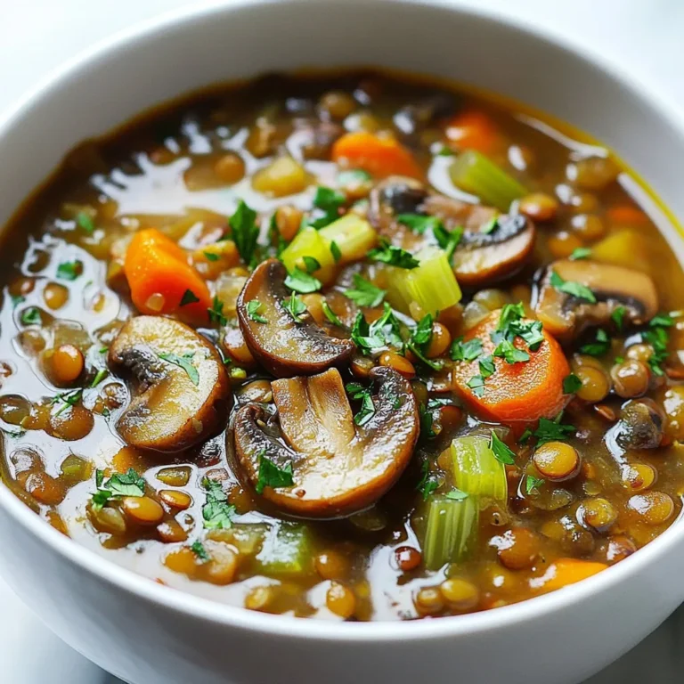 - 1 cup green or brown lentils, rinsed - 2 cups mushrooms, sliced (cremini or button) - 1 medium onion, diced - 3 cloves garlic, minced - 3 medium carrots, diced - 2 ribs celery, diced - 1 can (14 oz) diced tomatoes - 4 cups vegetable broth - 2 tablespoons soy sauce or tamari - 1 teaspoon dried thyme - 1 teaspoon smoked paprika - Salt and pepper to taste - 2 tablespoons olive oil - Fresh parsley for garnish Gather these simple ingredients before you start. The lentils give the stew a hearty base. Choose green or brown lentils; both work well. The mushrooms add depth and flavor. I prefer cremini for their richness, but button mushrooms are great too. Onions and garlic bring warmth and aroma. Carrots and celery add a nice crunch. The diced tomatoes provide acidity and sweetness. Use a good vegetable broth for a rich flavor. Soy sauce or tamari enhances umami. Dried thyme and smoked paprika add a lovely depth. Don’t forget salt and pepper for taste. Finally, olive oil is key for sautéing. Fresh parsley makes a lovely garnish. With these ingredients, you will create a comforting and delicious stew. {{ingredient_image_1}} 1. Heat oil and sauté onion First, take a large pot. Pour in 2 tablespoons of olive oil. Set the heat to medium. Once the oil is hot, add 1 diced onion. Sauté for about 5 minutes until the onion turns soft and clear. 2. Add garlic, carrots, and celery Next, stir in 3 minced garlic cloves, 3 diced carrots, and 2 diced celery ribs. Cook this mix for another 5 minutes. Stir it often to keep it from sticking. 3. Sauté mushrooms until browned Now, add 2 cups of sliced mushrooms to the pot. Cook them for about 6 to 7 minutes. Stir until they are brown and release their moisture. 1. Combine ingredients and bring to a boil After the mushrooms are ready, add in the rinsed lentils, 1 can of diced tomatoes, and 4 cups of vegetable broth. Also, add 2 tablespoons of soy sauce, 1 teaspoon of dried thyme, and 1 teaspoon of smoked paprika. Mix well and bring the stew to a boil. 2. Simmer until lentils are tender Once it boils, lower the heat. Cover the pot and let it simmer for about 30 to 35 minutes. Stir it every now and then to avoid any sticking to the bottom. 3. Adjust seasoning and thickness After simmering, taste your stew. Add salt and pepper according to your preference. If it feels thick, add a bit more vegetable broth or water until it’s just right. To make your stew shine, use the right spices. I love adding dried thyme and smoked paprika. They blend well with lentils and mushrooms, giving a rich taste. For a touch of zest, add a splash of soy sauce or tamari. This adds depth to your stew. Tomatoes can be tangy. To balance this, add a pinch of sugar or a splash of vinegar. This will smooth out the acidity. You want a taste that sings, not clashing notes. The right thickness is key to a great stew. If it’s too thick, simply add more vegetable broth or water. Start with half a cup at a time. Stir well and check until it feels just right. When sautéing vegetables, heat your oil before adding onion. This brings out the flavors. Cook the onion until it’s soft, then add garlic, carrots, and celery. Sautéing them for a few minutes helps them release their natural sweetness. When you add mushrooms, wait for them to brown. This adds a nice texture and flavor to the stew. Pro Tips Use Fresh Herbs: Fresh herbs can elevate the flavor of your stew. Consider adding thyme or parsley just before serving for a burst of freshness. Customize the Vegetables: Feel free to add other vegetables like potatoes or bell peppers for extra nutrition and flavor variety. Make it Ahead: This stew tastes even better the next day! Make it in advance and store in the fridge to allow the flavors to meld. Adjust the Consistency: If you prefer a thicker stew, let it simmer uncovered for the last few minutes. For a thinner stew, add more vegetable broth or water. {{image_2}} You can make this stew even better by adding more veggies. Seasonal vegetables add great flavor and nutrition. Think about using zucchini, bell peppers, or sweet potatoes. They cook well and blend in nicely. You can also add leafy greens like spinach or kale. Stir them in during the last few minutes of cooking. They will wilt down and add a lovely green touch. If you want more protein, try adding tofu or tempeh. They soak up the stew's flavors and give you a hearty meal. Cut them into small pieces and sauté them before adding to the pot. You can also switch up your lentils. Try red or black lentils for a different taste. Each type has its own texture and flavor, making your stew unique. To keep your stew fresh, store it in an airtight container. Let it cool first. Place it in the fridge for up to five days. If you want to keep it longer, freezing is a great option. Use a freezer-safe container. You can freeze it for up to three months. Just remember to leave some space for expansion. To reheat your stew, use a pot on the stove. This method helps keep the flavor intact. Stir often and add a splash of vegetable broth if it’s too thick. You can also use a microwave. Just heat it in short bursts. Stir in between to ensure even heating. Enjoy your hearty stew warm, just like when you first made it! Can I use any type of lentils? Yes, you can use different lentils. Green and brown lentils work best. They hold their shape well in stews. Red lentils cook faster but will break down more. This will change the stew's texture. How do I make this stew gluten-free? To make the stew gluten-free, use tamari instead of soy sauce. Tamari is a gluten-free version of soy sauce. Check your vegetable broth for gluten-free labeling as well. Most vegetable broths are safe, but it’s good to verify. What can I serve with Vegan Lentil Mushroom Stew? You can serve this stew with crusty bread. It pairs well with a side salad too. For a heartier meal, add some quinoa or rice. These side options will soak up the stew's rich flavors. This stew combines lentils, mushrooms, and veggies for a hearty meal. You learned how to prepare it in simple steps. Customize with herbs or proteins to match your taste. Store leftovers easily for another day. Remember, great meals come from fresh ingredients and love. This Vegan Lentil Mushroom Stew is sure to please everyone. Enjoy your cooking and share this recipe!
