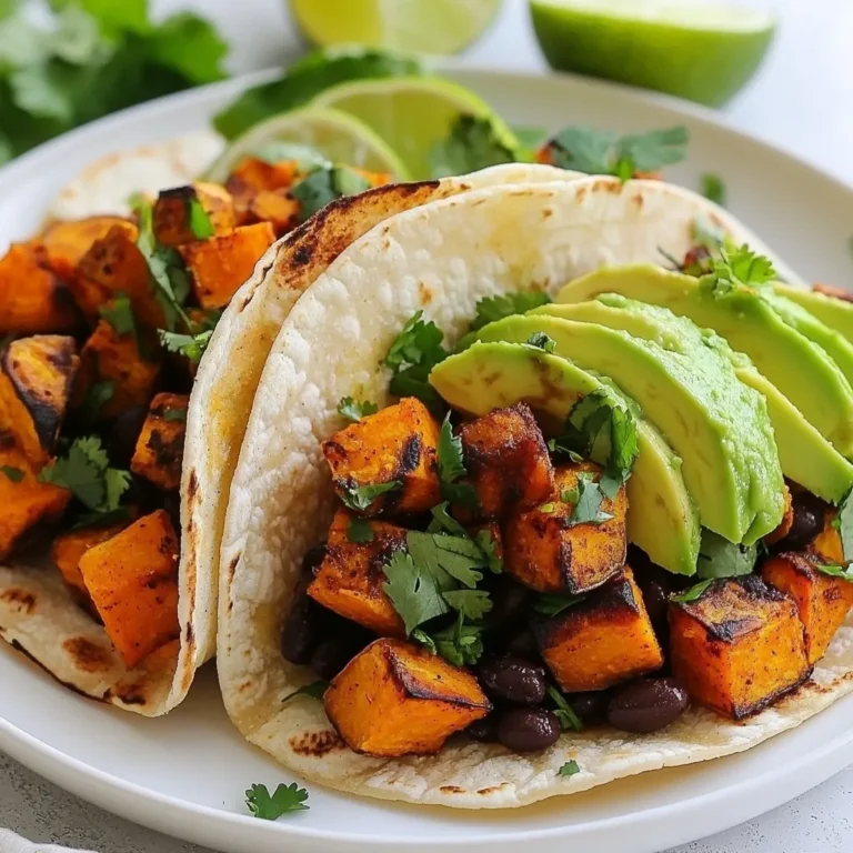 - 2 medium sweet potatoes, peeled and diced - 1 tablespoon olive oil - 1 teaspoon smoked paprika - 1 teaspoon ground cumin - ½ teaspoon garlic powder - Salt and pepper to taste - 8 small corn tortillas - 1 cup black beans, rinsed and drained - 1 avocado, sliced - ¼ cup fresh cilantro, chopped - 1 lime, cut into wedges - Optional: ½ cup crumbled feta or queso fresco Using high-quality ingredients makes a big difference. Choose sweet potatoes that feel firm and heavy. Look for vibrant color in the skin. Fresh spices add depth to the flavor. Use cold-pressed olive oil for better taste. Fresh cilantro brightens the dish, so pick a bunch that smells strong. For the tortillas, find ones made with simple ingredients. You can add more to your tacos! Try crumbled feta or queso fresco for a creamy touch. A dollop of sour cream or a drizzle of hot sauce can bring heat. Consider adding pickled onions for tang. You might also enjoy fresh jalapeños for extra spice. Each addition can take your tacos to the next level! {{ingredient_image_1}} Start by peeling and dicing the sweet potatoes. You want medium-sized cubes for even cooking. Next, take a large bowl and add the sweet potatoes. Pour in one tablespoon of olive oil. Sprinkle one teaspoon of smoked paprika, one teaspoon of ground cumin, and half a teaspoon of garlic powder. Add salt and pepper to taste. Toss everything well to coat the sweet potatoes evenly. Preheat your oven to 400°F (200°C). Spread the seasoned sweet potatoes on a baking sheet in a single layer. Make sure they are not crowded. This helps them roast evenly. Place the baking sheet in the oven and roast for 25 to 30 minutes. Flip the sweet potatoes halfway through. They should come out tender and slightly caramelized. While your sweet potatoes roast, warm the corn tortillas. Heat a dry skillet over medium heat. Place a tortilla in the skillet and warm it for about 30 seconds on each side. You want them soft and pliable. Keep them warm by stacking them in a clean towel. Once the sweet potatoes are ready, it’s time to assemble. Take a warm tortilla and add a generous amount of roasted sweet potatoes. Top it with black beans, sliced avocado, and fresh cilantro. If you want an extra kick, crumble feta or queso fresco on top. Serve with lime wedges on the side for squeezing over the tacos. Enjoy your tasty creation! Roasting sweet potatoes is key for great flavor. First, cut the sweet potatoes into even pieces. This helps them cook at the same rate. Toss the sweet potatoes with olive oil and spices in a bowl. Make sure every piece is coated. Spread them out on a baking sheet. If they are crowded, they will steam instead of roast. Roast at 400°F for 25-30 minutes. Flip them halfway through for even browning. When they are tender and golden, they are ready! To boost the flavor, use smoked paprika and ground cumin. They add depth and warmth. Garlic powder also helps bring out the sweet potato's natural sweetness. You can adjust the spice levels to your taste. For a kick, add cayenne pepper or chili powder. Squeeze fresh lime juice over the tacos before serving. This adds brightness and balances the flavors. If you like creamy toppings, try crumbled feta or queso fresco. Presentation makes a meal more inviting. Serve the tacos on a colorful platter. Use vibrant toppings like fresh cilantro and lime wedges for a pop of color. Arrange the tacos neatly, and don't overcrowd them. A sprinkle of extra cilantro on top adds flair. You can also place a small bowl of black beans on the side. This way, guests can add more if they want. Enjoy the beauty of your dish before you dig in! Pro Tips Perfect Roasting: Make sure to cut the sweet potatoes into uniform pieces to ensure even cooking and caramelization. Flavor Boost: For an extra kick, add a pinch of cayenne pepper or chili powder to the sweet potato mixture before roasting. Tortilla Warm-Up: Warming the tortillas on a skillet enhances their flavor and makes them more pliable for folding. Garnish Smart: Adding a dollop of sour cream or a drizzle of hot sauce can elevate the flavor profile and add creaminess. {{image_2}} You can add proteins to your tacos for extra flavor and nutrition. For chicken, grill or sauté breast pieces with your favorite spices. Shred it and mix it in with the sweet potatoes. For a plant-based option, use tofu. Press it to remove water, then cube and sauté with olive oil and spices. Tofu absorbs flavors well and adds a nice texture. If you want to keep it vegan, skip the cheese. Use avocado instead, which gives creaminess. You can also add a cashew cream or vegan sour cream for richness. For a protein boost, chickpeas work great. Just roast them with spices, and they add a nice crunch. Toppings can make your tacos pop! Try adding pickled onions for a tangy bite. Fresh corn adds sweetness and crunch. You can also mix different salsas. A mango salsa brings a fruity twist, while a spicy salsa gives heat. Don’t forget about fresh herbs like parsley or mint for a fresh touch. To store leftovers, place sweet potatoes and toppings in separate containers. Keep the sweet potatoes in an airtight container in the fridge. They stay fresh for about three days. Make sure to cool them to room temperature before sealing. Store black beans, avocado slices, cilantro, and feta in small containers. You can also keep the corn tortillas in a zip-top bag. To reheat sweet potatoes, use your oven. Set it to 350°F (175°C). Place sweet potatoes on a baking sheet and heat for about 10-15 minutes. This keeps them crispy and warm. For tortillas, warm them on a skillet over medium heat for about 30 seconds on each side. This makes them soft and pliable again. You can freeze these tacos, but it takes some care. First, let the sweet potatoes cool completely. Then, place them in a freezer-safe bag. Remove as much air as possible to prevent freezer burn. You can freeze the black beans and tortillas too. When ready to eat, thaw everything in the fridge overnight. Reheat as described above for the best taste. Yes, you can make these tacos gluten-free. Just use corn tortillas, which are naturally gluten-free. Always check the label to ensure they are safe for your diet. You can enjoy these tacos without worry. These tacos have a mild spice level. The smoked paprika and cumin add warmth, not heat. If you like more spice, add jalapeños or hot sauce. You can easily adjust the flavors to suit your taste. These tacos pair well with many sides. Try a fresh salad with lime dressing or some Mexican rice. You can also serve them with roasted veggies or corn on the cob. They make a colorful and tasty meal. Yes, you can use other types of potatoes. Regular potatoes or Yukon golds work well. Just remember that they may taste different. Sweet potatoes add a nice sweetness and creaminess to the tacos. This blog post provided a detailed guide on making smoky sweet potato tacos. We explored ingredient choices, preparation steps, and ways to enhance flavors. You learned about roasting techniques and how to assemble your tacos perfectly. I shared tips for presentation and variations to suit different diets. Remember, you can store and reheat leftovers easily. Enjoy experimenting with these recipes and make them your own. Your culinary journey with these tacos starts now!