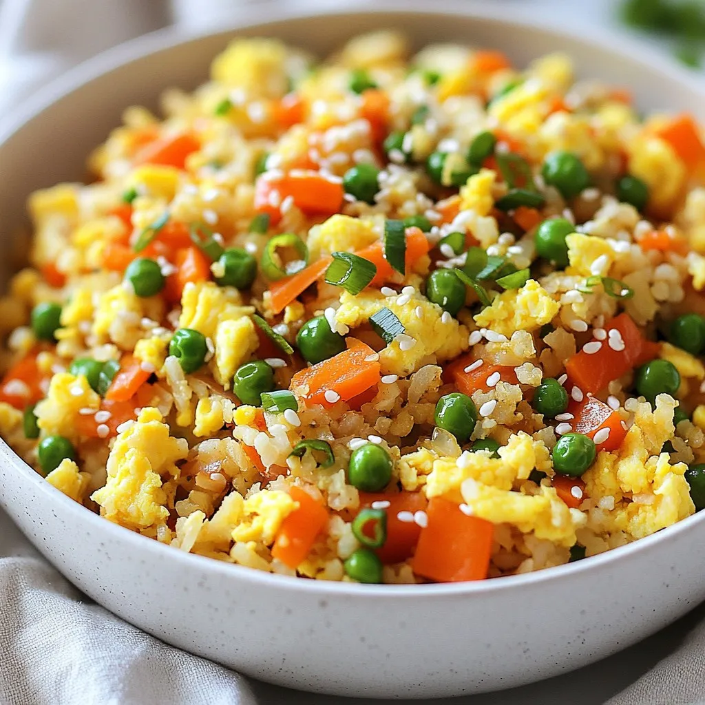 To make a tasty cauliflower fried rice, you need: - 1 medium head of cauliflower, grated or pulsed to rice-sized pieces - 1 cup mixed bell peppers, diced (red, yellow, green) - 1 small carrot, finely diced - 1 cup green peas (fresh or frozen) - 3 green onions, chopped - 3 cloves garlic, minced - 2 tablespoons soy sauce (or tamari for gluten-free) - 1 tablespoon sesame oil - 1 teaspoon fresh ginger, grated These main ingredients create a colorful, healthy dish. Cauliflower acts as the rice substitute. It’s low in carbs and full of nutrients. You can also add some optional ingredients for extra flavor: - 2 large eggs or scrambled tofu - Sesame oil - Sesame seeds for garnish - Salt and pepper to taste Adding eggs gives protein and richness. If you prefer, use scrambled tofu for a vegan option. Sesame seeds add a nice touch when serving. These ingredients come together to form a delicious and nutritious meal. Enjoy your cooking! {{ingredient_image_1}} First, take one medium head of cauliflower. Remove the leaves and stem. You can grate it using a box grater or pulse it in a food processor. This will turn it into rice-sized pieces. Once you finish, set the cauliflower rice aside for later use. Next, grab a large skillet or wok. Heat two tablespoons of sesame oil over medium heat. Add three cloves of minced garlic and one teaspoon of fresh grated ginger. Sauté these for about 30 seconds. You want to release their flavors. Then, stir in one small finely diced carrot and one cup of mixed diced bell peppers. Cook them for 3 to 4 minutes until they soften. Now it's time to add the cauliflower rice. Add one cup of green peas, fresh or frozen. Stir well to mix everything. Cook for another 5 to 7 minutes. You want the cauliflower to be tender but not mushy. Next, push the mixture to one side of the skillet. Crack two large eggs into the empty side. Scramble them until fully cooked. If you prefer a vegan option, use scrambled tofu instead. Mix the cooked eggs or tofu back into the vegetable mixture. Pour two tablespoons of soy sauce over all the ingredients. Season with salt and pepper to your taste. Stir everything well to coat. Finally, fold in three chopped green onions. Remove from heat and serve hot. You can garnish with sesame seeds if you like. Enjoy your healthy and colorful meal! To get the right texture, grate the cauliflower finely. This makes it look like rice. If you pulse it in a food processor, don’t overdo it. You want small, rice-like pieces, not mush. To avoid soggy cauliflower, cook it quickly over high heat. Stir it often to keep it from getting too soft. Adding spices makes your fried rice pop. Try garlic powder or a bit of chili flakes for heat. Soy sauce gives a savory boost. Tamari works well too if you're gluten-free. For protein, you can mix in chicken, shrimp, or scrambled tofu. This adds depth and makes the meal more filling. Using a wok is best for frying. It heats evenly and cooks fast. If you use a skillet, make sure it’s large enough to hold all the veggies. Stir-fry over high heat for even cooking. Keep everything moving in the pan. This helps the flavors mix and keeps the veggies crisp. Pro Tips Prep Your Ingredients: Before you start cooking, make sure to dice all your vegetables and prepare your cauliflower rice. This will help the cooking process go smoothly and quickly. Use Fresh Ingredients: For the best flavor, opt for fresh vegetables. If you’re using frozen peas, make sure they are thawed and drained for optimal texture. Control the Heat: Keep the heat at medium to avoid burning the garlic and ginger. This ensures their flavors infuse the oil without becoming bitter. Customize Your Add-ins: Feel free to add other vegetables or protein sources like chicken, shrimp, or tofu to make this dish your own! {{image_2}} You can add protein to your cauliflower fried rice to make it heartier. Chicken and shrimp are great choices. Simply cook diced chicken or shrimp along with your veggies. They both add flavor and texture. For a vegan option, use scrambled tofu. It works well and absorbs all the tasty sauce. Feel free to change up the veggies! Cauliflower rice pairs well with many kinds of vegetables. You can add zucchini, broccoli, or snap peas. Use seasonal veggies for the best taste. In summer, try fresh corn or cherry tomatoes. In winter, consider carrots and spinach for color and crunch. You can easily change the flavor of your fried rice. For a Thai twist, add some lime juice and chopped cilantro. You might also include peanuts for extra crunch. If you prefer a Mediterranean flair, toss in olives and feta cheese. A splash of lemon juice gives it brightness. To keep your cauliflower fried rice fresh, use airtight containers. Glass or plastic containers work well. Make sure they seal tightly. This helps to avoid any odors in the fridge. It will also keep your dish from drying out. Store your fried rice in the fridge for up to four days. Let it cool down before you cover and refrigerate it. This step helps prevent moisture from building up inside the container. To freeze leftovers, use freezer-safe bags or containers. Portion them out for easy meals later. Squeeze out as much air as you can from the bags before sealing. This helps to prevent freezer burn. You can freeze the cauliflower fried rice for up to three months. When you are ready to eat, thaw it overnight in the fridge. Reheat it on the stove for the best results. Use a medium heat and stir often. This keeps the texture nice and prevents it from getting mushy. You can also microwave it, but stir it halfway through to heat evenly. Enjoy your tasty meal! Yes, cauliflower fried rice is low in carbs. Regular rice has about 45 grams of carbs per cup. In contrast, cauliflower rice has only about 5 grams per cup. This makes it a great option for low-carb diets. It is also rich in fiber, vitamins, and minerals. Cauliflower is a good source of Vitamin C and K, which help boost your immune system. Plus, it has antioxidants that may reduce your risk of disease. With fewer calories, this dish helps keep your meals light and nutritious. Yes, you can prepare cauliflower fried rice ahead of time. To meal prep, cook the dish and let it cool. Store it in an airtight container in the fridge for up to four days. To save time, you can also prep the cauliflower rice ahead. Store it in a bag in the fridge or freeze it for later. When you’re ready to eat, just heat it in a skillet. This way, you can enjoy a quick and healthy meal any day of the week. If you need a soy sauce alternative, try coconut aminos. This option is gluten-free and soy-free. It has a slightly sweet flavor and works well in recipes. You can also use tamari sauce, which is gluten-free soy sauce. For a different twist, try using liquid aminos. These products provide a similar taste without the gluten. Each of these options can give your cauliflower fried rice a great flavor without the soy. To make cauliflower fried rice vegan, skip the eggs. Instead, use scrambled tofu. Cook the tofu in the skillet until heated through. You can also add chickpeas or edamame for extra protein. These options help keep your meal filling and nutritious. Add more veggies like spinach or mushrooms for texture and taste. This way, you can enjoy delicious cauliflower fried rice while sticking to a vegan diet. In this article, we explored how to make delicious cauliflower fried rice. We covered key ingredients like cauliflower, bell peppers, and green peas. You learned step-by-step instructions for preparation and cooking. I shared tips for perfect texture and flavor enhancements. We also looked at variations, storage methods, and answered common questions. Cauliflower fried rice is a healthy, tasty dish. With your choice of veggies and protein, you can enjoy it any way you like. Try it today and add your twist!
