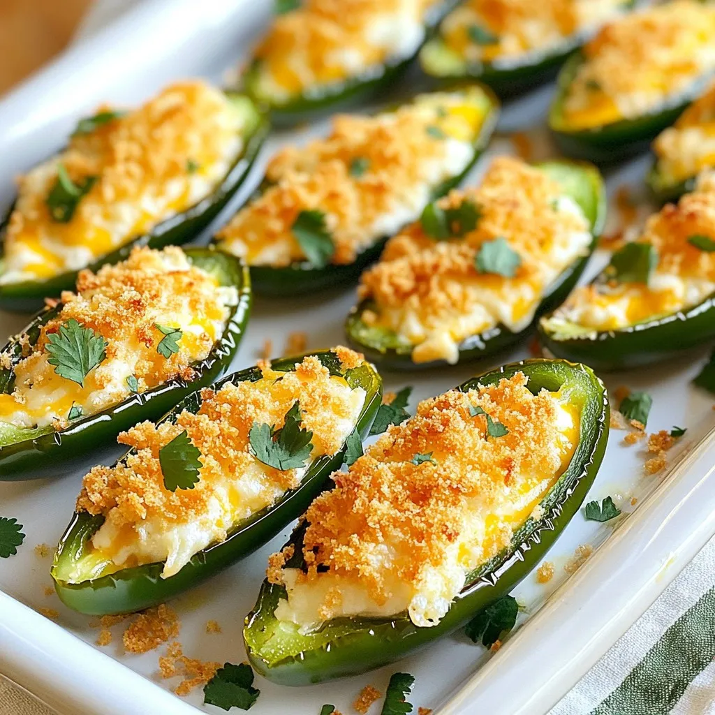 - 12 fresh jalapeño peppers - 8 oz cream cheese, softened - 1 cup shredded cheddar cheese - 1/2 cup cooked and crumbled turkey or chicken sausage (optional) - 1/4 teaspoon garlic powder - 1/4 teaspoon onion powder - 1/4 teaspoon smoked paprika - 1 cup panko breadcrumbs - Olive oil spray - Salt and pepper to taste Choosing fresh jalapeños When picking jalapeños, look for firm, shiny peppers. They should feel heavy for their size. Avoid any with soft spots or wrinkles. Fresh peppers give the best flavor and crunch in your dish. Options for cheese varieties While I love cream cheese and cheddar, feel free to try other cheeses. Goat cheese adds a tangy bite. Mozzarella gives a nice stretch. Mix and match to find your favorite! Alternative proteins If you want a meat-free option, skip the turkey or chicken sausage. You can use black beans or corn for a filling texture. These swaps keep it tasty and fun! {{ingredient_image_1}} - Preheating the air fryer Start by preheating your air fryer to 350°F (175°C). This step is key for even cooking. - Preparing jalapeños Next, take 12 fresh jalapeño peppers. Slice them in half lengthwise and remove the seeds and membranes. Use gloves for this part. The seeds are spicy, and you don’t want that heat on your hands! - Mixing the cheese filling In a bowl, mix together 8 oz of softened cream cheese and 1 cup of shredded cheddar cheese. If you want extra flavor, add 1/2 cup of cooked and crumbled turkey or chicken sausage. Stir in 1/4 teaspoon each of garlic powder, onion powder, and smoked paprika. Add salt and pepper to taste. Make sure everything is blended well. - Filling techniques Generously fill each jalapeño half with the cheese mixture. Use a spoon to pack it in. You want each bite to be creamy and cheesy! - Arranging in the air fryer Take 1 cup of panko breadcrumbs and place them in a shallow dish. Dip each filled jalapeño in the breadcrumbs, pressing gently to make sure they stick. Lightly spray the air fryer basket with olive oil. Arrange the jalapeño poppers in a single layer. Don’t crowd them; give them space to cook well. - Cooking times and temperature Lightly spray the tops of the poppers with olive oil. Cook in the air fryer for about 10-12 minutes. Keep an eye on them. They should be tender and the tops should turn golden brown. Enjoy the delicious aroma filling your kitchen! To make the best jalapeño poppers, focus on filling them well. Use a spoon to pack the cheese mixture into each half. This keeps them creamy and rich. For extra flavor, mix in herbs or spices you like. Achieving crispiness is key. After filling the peppers, coat them in panko breadcrumbs. Press gently to help the crumbs stick. A light spray of olive oil on top helps them brown nicely. Serve your jalapeño poppers with tasty dips. Ranch dressing is a classic choice. Salsa adds a nice kick, too. You can also try guacamole for a creamy touch. Garnishing can elevate your dish. Top them with fresh cilantro or chopped green onions. This adds color and brightness, making your poppers look even more delicious. Sometimes, poppers may not cook evenly. Make sure to arrange them in a single layer in the air fryer. This helps hot air circulate and ensures even cooking. If your poppers come out soggy, check the oil spray. Too much oil can make them greasy. A light touch is all you need for crispness. If they are too spicy, serve them with a cooling dip to balance the heat. Pro Tips Use Gloves: When handling jalapeños, wear gloves to protect your hands from the heat. The oils can linger and irritate your skin. Customize the Filling: Feel free to get creative with the filling! Add ingredients like cooked bacon, diced onions, or different types of cheese for extra flavor. Adjust Spice Level: If you prefer milder poppers, remove all the seeds and membranes from the jalapeños. For extra heat, leave some of the seeds in. Don't Overcrowd the Basket: Cook the jalapeño poppers in batches if necessary. Overcrowding can lead to uneven cooking and prevent them from getting crispy. {{image_2}} You can spice up your jalapeño poppers in many ways. First, try adding extra jalapeño slices or a splash of hot sauce to the cheese mix. This will give your poppers a fiery kick. For a milder option, consider mixing black beans or corn into your filling. These additions keep it tasty and add a nice texture. If you need gluten-free options, swap out panko breadcrumbs for crushed gluten-free crackers. This keeps the crunch without the gluten. For a dairy-free version, use vegan cream cheese and dairy-free cheese. Both options allow everyone to enjoy these poppers without missing out. You can choose between air frying or oven baking your poppers. Air frying gives you a nice crisp in less time. It also uses less oil, which is great for health. Baking in the oven takes longer but can cook more at once. Just remember to adjust the baking time to about 20-25 minutes at 375°F. Both methods result in delicious, cheesy goodness! To keep your jalapeño poppers fresh, store them in a proper container. Use an airtight container to lock in flavor. It helps to keep them at room temperature for no more than two hours. After that, move them to the fridge. Your poppers will last for about three to four days in the fridge. If you want to keep them longer, you can freeze them. They can last up to three months in the freezer. When it's time to eat your leftovers, the best way to reheat them is in the air fryer. This keeps them crispy. Preheat the air fryer to 350°F (175°C). Place the poppers in a single layer and heat for about five to seven minutes. Check them often to avoid burning. You can also use an oven, but it may not get them as crispy. Just ensure they don't get soggy after storage. If they feel soft, spray a light mist of oil before heating to revive their crunch. Yes, you can make jalapeño poppers ahead of time. First, prepare them as usual. After filling the jalapeños, store them in an airtight container. Keep them in the fridge for up to two days. When you are ready to cook, remove them from the fridge. Cook them in the air fryer straight from the fridge. Add a minute or two to the cooking time if they are cold. To make milder poppers, remove all seeds and membranes from the jalapeños. You can also use sweet bell peppers instead. For extra spice, add diced jalapeños or a splash of hot sauce to the filling. Adjust the garlic powder and onion powder to boost flavor without heat. Taste the filling before stuffing the peppers to get the right balance. If you want a different filling, try ricotta or goat cheese. For a dairy-free option, use cashew cream or a vegan cheese spread. These alternatives still make creamy and tasty poppers. You can also mix in herbs for added flavor, like chives or parsley. Yes, jalapeño poppers can be gluten-free. Use gluten-free panko breadcrumbs instead of regular ones. Always check labels on your cheese and fillings to ensure they are gluten-free. This way, everyone can enjoy these tasty snacks! You now know how to make delicious air fryer jalapeño poppers. We covered ingredients, prep, and cooking steps. You learned tips for making them crispy and delicious. We also explored variations for diets and flavors. Finally, you have storage and reheating advice to keep your poppers fresh. Enjoy making these tasty snacks for any occasion! Feel free to get creative with fillings and spices. Happy cooking!