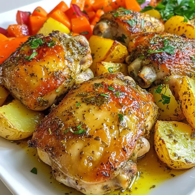 - 4 bone-in, skin-on chicken thighs - 2 tablespoons olive oil - 1 tablespoon fresh rosemary, chopped - 1 tablespoon fresh thyme, chopped - 1 tablespoon fresh parsley, chopped - 3 cloves garlic, minced - 1 lemon, zested and juiced - 1 teaspoon salt - ½ teaspoon black pepper - 2 cups baby potatoes, halved - 1 red bell pepper, chopped - 1 yellow onion, cut into wedges - 2 carrots, sliced - Fresh parsley for garnish When picking herbs, look for bright colors and strong scents. Fresh herbs should feel firm and not wilted. Smell them; if they smell strong, they are fresh. If you can, buy herbs from local markets. They tend to be fresher and tastier. Store herbs in the fridge wrapped in a damp paper towel. This keeps them fresh longer. Not all veggies roast well. I love using baby potatoes, bell peppers, onions, and carrots. These veggies turn sweet and flavorful when roasted. You can also try zucchini, broccoli, or asparagus. Just cut them into even pieces. This helps them cook at the same time. Roasting brings out their natural flavors and adds a nice char. Enjoy the colors and textures that come from mixing different veggies. {{ingredient_image_1}} Start by preheating your oven to 425°F (220°C). Pat the chicken thighs dry with paper towels. This helps the skin get crispy. Place the chicken in a large bowl or a zip-top bag. This makes mixing easy. Pour half of the herb marinade over the chicken. Make sure every piece is well-coated. Set the chicken aside to soak in the flavors. In a small bowl, mix together olive oil, chopped rosemary, thyme, and parsley. Add minced garlic, lemon zest, lemon juice, salt, and black pepper. Stir well to combine all the ingredients. This herb marinade gives the chicken and veggies a bright flavor. Reserve half of this mixture for the veggies. In another large bowl, combine baby potatoes, bell pepper, onion, and carrots. Pour the reserved herb marinade over the vegetables. Toss them well until they are evenly coated. Arrange the marinated chicken thighs skin-side up on a baking sheet. Surround them with the coated veggies. This allows everything to roast together. Roast in the oven for 35-40 minutes. Check that the chicken is golden brown and reaches 165°F (75°C). The veggies should be tender. If you want crispy chicken skin, broil for 2-3 minutes at the end. Once done, let everything rest for 5 minutes. Garnish with fresh parsley before serving. To make juicy chicken, start with bone-in, skin-on thighs. The skin helps keep moisture in. Pat the chicken dry before marinating. This step helps the marinade stick better. Use a mix of olive oil and herbs to add flavor and moisture. Let the chicken marinate for at least 30 minutes. This helps the flavors soak in deeply. If you can, let it sit overnight in the fridge. Cook the chicken at a high heat, around 425°F (220°C). This gives you crispy skin and juicy meat. Don’t waste leftover marinade! It’s packed with flavor. Use it on your veggies for roasting. Just toss the veggies in the marinade before cooking. This adds taste and makes the dish more vibrant. If you have extra marinade, consider using it as a dressing. Just heat it gently to kill any bacteria. It’s a great way to boost your salads or grain bowls. For roasting, always preheat your oven to 425°F (220°C). This ensures even cooking and a nice crust. Place the chicken skin-side up on the baking sheet. It helps the skin crisp up nicely. Keep a close eye during the last few minutes. If the chicken looks golden, you might want to broil it for a crispier finish. This usually takes just 2-3 minutes. Make sure the chicken reaches an internal temperature of 165°F (75°C) for safe eating. Pro Tips Choose Quality Chicken: Select organic or free-range chicken for better flavor and texture. Marinate Longer: If time allows, marinate the chicken for several hours or overnight to enhance the herb flavors. Use Seasonal Veggies: Substitute or add seasonal vegetables for a fresh twist, like zucchini or asparagus. Resting Time Matters: Let the chicken rest before serving to retain its juices and ensure tenderness. {{image_2}} You can swap chicken for other proteins. Try bone-in, skin-on turkey thighs for a twist. They cook similarly and have rich flavor. If you prefer lighter meat, go for skin-on chicken breasts. You can also use pork chops. Just adjust the cooking time to ensure they cook through. For a vegetarian option, use firm tofu. Marinate it just like the chicken and roast it until golden. Changing the veggies can keep this dish fresh. In spring, use asparagus and zucchini. In summer, add corn and cherry tomatoes. Fall brings great options like butternut squash and Brussels sprouts. For winter, try root vegetables, such as parsnips and turnips. Just remember, cut all veggies to similar sizes. This helps them cook evenly and look nice on the plate. The herbs can change the dish's flavor. If you want a bolder taste, try adding fresh basil or oregano. For a spicy kick, toss in some red pepper flakes. If you enjoy a smoky flavor, smoked paprika works well. You can also use dried herbs if fresh ones aren't available. Just remember, dried herbs are stronger, so use less. Mixing and matching will keep your meals exciting! After your meal, let the chicken and veggies cool. Place them in an airtight container. This keeps the flavors fresh. You can store leftovers in the fridge for up to three days. Remember to label the container with the date. This helps you keep track of freshness. To reheat, preheat your oven to 350°F (175°C). Place the chicken and veggies in an oven-safe dish. Cover the dish with foil to keep them moist. Heat for about 15-20 minutes. You can also use a microwave. Heat in short bursts to avoid overcooking. Stir the veggies halfway through to warm them evenly. If you want to freeze leftovers, let them cool completely first. Transfer them to freezer-safe bags or containers. Remove as much air as possible before sealing. Label each bag with the date and contents. You can store them in the freezer for up to three months. When ready to eat, thaw overnight in the fridge. Then reheat as mentioned above. You can tell the chicken is done when it reaches 165°F (75°C). Use a meat thermometer to check the thickest part of the thigh. The skin should be golden brown and crispy. If you see clear juices running from the chicken, it is cooked well. Let the chicken rest for 5 minutes before cutting. This helps keep it juicy. Yes, you can use boneless chicken thighs. They will cook faster than bone-in thighs. Adjust your cooking time to about 25-30 minutes. Always check the internal temperature to ensure they reach 165°F (75°C). Boneless thighs can still be juicy and tasty with the herb marinade. Herb roasted chicken pairs well with a variety of sides. Here are some ideas: - Rice: Try fluffy white rice or brown rice. - Salad: A fresh green salad adds crunch. - Bread: Serve with crusty bread to soak up juices. - Quinoa: This grain offers a nutty flavor. - Steamed Veggies: Broccoli or green beans work well. These sides enhance the meal and provide balance. Enjoy your herb roasted chicken! In this article, I shared how to make herb roasted chicken and veggies. We explored tasty ingredients and essential tips for choosing fresh herbs. You learned about prepping chicken, making a flavorful marinade, and the best roasting techniques. I also covered how to keep chicken juicy and creative variations you can try. Finally, I explained how to store your leftovers. Remember, cooking is about fun and experimenting. Enjoy your meals and share them with others!