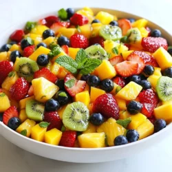 For a delightful Honey Lime Fruit Salad, you'll need these fresh fruits: - 1 cup strawberries, hulled and halved - 1 cup blueberries - 1 cup diced pineapple - 1 cup kiwi, peeled and sliced - 1 cup diced mango Each fruit adds its own flavor and color. Strawberries bring sweetness, while blueberries add a nice pop. Pineapple gives a tropical twist, kiwi adds a tart touch, and mango lends a creamy sweetness. The dressing is simple yet bright. Here's what you need: - 2 tablespoons honey - 2 tablespoons lime juice - Zest of 1 lime This blend gives the salad a refreshing zing. The honey sweetens the mix, while lime juice adds brightness. Lime zest enhances the flavor, making it truly special. For a finishing touch, consider these garnishes: - Fresh mint leaves Mint adds color and a fresh scent. It makes your fruit salad look great and taste even better. You can add the mint just before serving to keep it fresh. {{ingredient_image_1}} Start by washing all the fruit well. Use a large mixing bowl for this. Take 1 cup of strawberries, hull them, and cut them in half. Next, measure out 1 cup of blueberries. Dice 1 cup of pineapple and peel and slice 1 cup of kiwi. Finally, cut 1 cup of mango into small pieces. Once you have all the fruit, gently toss them together in the bowl. Make sure they mix well but don’t mash them. Now, grab a small bowl to make the dressing. Measure 2 tablespoons of honey and add them to the bowl. Next, squeeze in 2 tablespoons of fresh lime juice. Don’t forget to zest one lime as well! This zest adds a nice kick. Whisk all these ingredients together until they are smooth. This dressing brings a sweet and tangy taste to your salad. Drizzle your honey-lime dressing over the mixed fruit. Use a spatula to toss everything gently. You want each piece of fruit to be coated but not squished. Once mixed, cover your bowl and place it in the refrigerator. Chill for about 15 minutes. This step helps all the flavors blend together. Just before serving, give it another gentle stir. Add fresh mint leaves on top for a nice touch. Enjoy this bright and refreshing dish! When making honey lime fruit salad, pick fresh, ripe fruits. Strawberries should be bright red. Blueberries should look plump and round. Pineapples must smell sweet and feel firm. Kiwi should be slightly soft but not mushy. For mango, look for one that gives a little when pressed. Mix colors and textures for a vibrant dish. This adds visual appeal and flavor. Honey is sweet and adds flavor. Start with two tablespoons, then taste. If you need more sweetness, add a bit more honey. Remember, the fruits also bring their own natural sweetness. If you want a less sweet salad, use less honey. Lime juice balances the sweetness. It makes the salad bright and fresh. Serve your honey lime fruit salad cold. Chill it for about 15 minutes before serving. This helps the flavors blend well. Use a large bowl for family-style serving. For individual servings, use small cups or bowls. Garnish with fresh mint leaves for a pop of color. You can also add lime zest on top for extra zing. Enjoy this salad at picnics, barbecues, or any summer gathering! Pro Tips Use Fresh Fruits: Always opt for fresh, ripe fruits for the best flavor and texture in your salad. Adjust Sweetness: Feel free to adjust the amount of honey according to your taste preference or the sweetness of the fruits. Chill Before Serving: Allowing the fruit salad to chill for a short time enhances the flavors and makes it more refreshing. Experiment with Add-Ins: Consider adding other fruits like grapes or pomegranate seeds for extra variety and flavor. {{image_2}} You can brighten your Honey Lime Fruit Salad with citrus fruits. Try adding orange or grapefruit segments. These fruits add a tangy twist that pairs well with honey. The zestiness complements the sweet honey-lime dressing. You can also use lemon or lime slices for extra zing. Just remember to chop them into small pieces. This makes them easy to eat and blends well with the other fruits. Berries are versatile. You can switch out the strawberries and blueberries for raspberries or blackberries. Both options add great flavor and color. Raspberries bring a tart note that contrasts nicely with the sweet fruit. Blackberries add a rich taste and a touch of elegance. Feel free to mix and match your favorite berries for a unique twist. For some crunch, add nuts or seeds to your fruit salad. Chopped almonds or walnuts work well. They add texture and healthy fats. You can also use sunflower or pumpkin seeds for a nut-free option. Just sprinkle them on top before serving to keep them crunchy. This addition makes your salad more filling and adds a delightful contrast to the soft fruits. Storing your Honey Lime Fruit Salad keeps it fresh and tasty. Use an airtight container for best results. Keep the salad in the fridge. This helps the fruits stay crisp and juicy. Avoid leaving it out at room temperature for too long. If you notice any browning, eat it soon! When stored properly, this salad lasts about 2 to 3 days. The lime juice helps keep the fruits fresh, but they will start to lose texture. Check for any changes in smell or taste. If it doesn’t smell fresh, it’s best to toss it out. Leftover fruit salad can add fun to other meals! Try mixing it into yogurt for breakfast. You can also use it in smoothies for a refreshing drink. Another idea is to top it on pancakes or waffles. This way, you enjoy your fruit salad in new and tasty ways! Yes, you can make this fruit salad ahead of time. I recommend mixing the fruits and dressing separately. Combine them just before serving. This keeps your fruits fresh and crunchy. Chilling the salad for at least 15 minutes enhances the flavors. If you need a substitute for honey, try agave syrup or maple syrup. Both options work well and add sweetness. You can also use a sugar substitute, like stevia, if you want a low-calorie option. Just remember to adjust the amount to your taste. Yes, this fruit salad is vegan-friendly. It contains only fruits and plant-based ingredients. The honey can easily be replaced with agave syrup or maple syrup to keep it vegan. Enjoy this refreshing dish without worry! To thicken your honey-lime dressing, add more honey. This will increase the sweetness while making the dressing stickier. You can also mix in a little Greek yogurt for creaminess. Just keep tasting until you reach your desired thickness! This blog post shared how to make a tasty honey lime fruit salad. We explored fresh fruits, the dressing, and optional garnishes. You learned step-by-step how to prepare, dress, and chill the salad. I offered tips for choosing fruits and adjusting sweetness. You also discovered fun variations and storage tips. As you enjoy this salad, remember its simple steps and bright flavors make it a winner. Happy salad making!