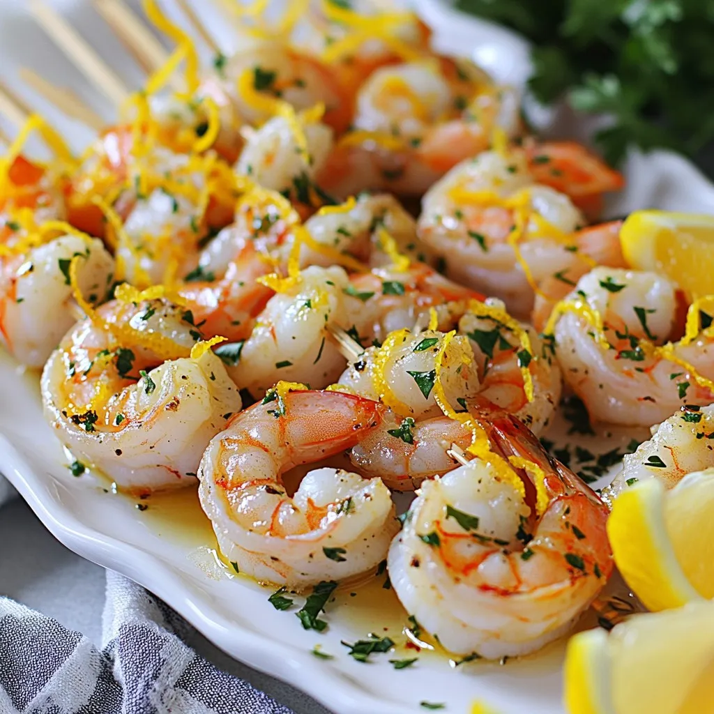 - Shrimp and Essential Ingredients - 1 lb large shrimp, peeled and deveined - 2 tablespoons olive oil - Marinade Components - Zest and juice of 2 lemons - 4 cloves garlic, minced - 1 teaspoon paprika - ½ teaspoon red pepper flakes (optional for spice) - Salt and pepper to taste - Recommended Skewers - Skewers (if using wooden skewers, soak in water for 30 minutes) - Fresh parsley, chopped (for garnish) The main star of this dish is the shrimp. I recommend using large shrimp for the best texture. The shrimp should be peeled and deveined to ensure they cook evenly and absorb the marinade. Next, we have the olive oil, which gives a rich base to the marinade. The lemon zest and juice add bright, tangy flavors. The garlic packs a punch and adds depth. Paprika gives a subtle warmth that balances the dish. If you like spice, consider adding red pepper flakes. Salt and pepper are crucial to enhance all the flavors. They tie the dish together, making every bite tasty. For the skewers, wooden ones need soaking. This prevents burning on the grill. You can also use metal skewers for a quicker option. Finally, fresh parsley adds a pop of color and freshness as a garnish. It makes your dish look vibrant and inviting. {{ingredient_image_1}} To start, gather your ingredients. You will need olive oil, lemon zest, lemon juice, garlic, paprika, red pepper flakes, salt, and pepper. In a bowl, mix the olive oil, lemon zest, and lemon juice. Then, add the minced garlic, paprika, and red pepper flakes. Sprinkle in salt and pepper to taste. Stir this mixture well to combine all the flavors. Next, add the shrimp to the marinade. Make sure each shrimp gets a good coat. This step is key for flavor. Cover the bowl and place it in the fridge. Let it sit for at least 30 minutes. For even better taste, you can leave it for up to 2 hours. While the shrimp marinates, preheat your grill or grill pan. Set it to medium heat. A hot grill is important for cooking the shrimp evenly. After marinating, take the shrimp out. If you use wooden skewers, make sure they soaked in water for 30 minutes to prevent burning. Now, thread the shrimp onto the skewers. Leave a small space between each shrimp. This helps them cook properly and get that nice char. Place the skewers on the grill. Grill for about 2-3 minutes on each side. Look for the shrimp to turn opaque and slightly charred. This means they are done. Once cooked, remove them from the grill and let them rest for a minute. To make these skewers pop, garnish them with fresh chopped parsley. This adds a nice color and flavor. You can also drizzle some extra lemon juice over the top for extra zing. Serve the skewers on a nice platter. Drizzle with a little extra lemon juice and sprinkle with parsley. Add some lemon wedges on the side for a bright touch. This not only looks good but makes it easy for guests to add more lemon if they want. Marinating Time Recommendations Marinating shrimp is key to great taste. For the best flavor, let the shrimp soak in the marinade for at least 30 minutes. If you have more time, go for up to 2 hours. This extra time lets the lemon and garlic work their magic. Achieving Perfect Grill Marks To get those beautiful grill marks, make sure your grill is hot. Place the skewers on the grill and don’t move them for about 2-3 minutes. This allows the shrimp to sear properly. When it’s time to flip, you’ll see those lovely grill lines. Grill Temperature Insights Cook shrimp over medium heat. A hot grill cooks shrimp quickly and evenly. If it’s too hot, shrimp may burn. If it’s too cool, they’ll take too long. Aim for a sweet spot around 350°F to 400°F. Checking Shrimp Doneness Cook shrimp until they turn opaque. This usually takes about 2-3 minutes per side. They should curl into a nice "C" shape. If they stay straight, they may be overcooked. Adding Herbs or Spices Want to kick up the flavor? Try adding fresh herbs like cilantro or basil. You can also sprinkle in some cumin or oregano for a twist. Just remember to keep it light; the lemon and garlic should still shine. Adjusting for Personal Preferences Make the recipe your own! If you like it spicy, add more red pepper flakes. Prefer a milder taste? Skip the spice altogether. This dish is flexible to suit your taste buds. Pro Tips Marinade Time: For the best flavor, allow the shrimp to marinate for at least 1 hour. This will help the shrimp absorb the zesty lemon and garlic flavors. Skewer Selection: Use flat skewers instead of round ones to prevent the shrimp from spinning while grilling. This ensures even cooking on all sides. Check for Doneness: Keep an eye on the shrimp while grilling. They are done when they turn opaque and have a slightly firm texture, usually around 2-3 minutes per side. Serving Suggestion: Pair these skewers with a fresh salad or over a bed of rice for a complete meal that balances the bright flavors of the shrimp. {{image_2}} You can switch up the shrimp for other proteins. Chicken or scallops work great too. If you want veggies, try zucchini or bell peppers. They grill nicely and soak up the flavor. For flavor swaps, consider using lime instead of lemon. It adds a nice twist. Orange juice can also work, giving a sweet touch. You can even add fresh herbs like cilantro for a refreshing zing. If grilling isn't an option, try baking the skewers. Preheat your oven to 400°F. Place the skewers on a baking sheet. Bake for about 10-12 minutes. This method gives you tender shrimp that are still full of flavor. Another great option is broiling. Set your broiler to high, and place the skewers on an oven-safe dish. Broil for 2-3 minutes on each side. This gives a nice char without needing a grill. Pair your lemon garlic shrimp skewers with fresh sides. A light salad with mixed greens is perfect. You can also serve them with rice or quinoa for a filling meal. Don’t forget the dips! A tangy yogurt sauce or a spicy aioli complements the skewers well. You can also offer lemon wedges on the side for extra flavor. Refrigeration Guidelines After you enjoy your lemon garlic shrimp skewers, store leftovers right away. Place the skewers in an airtight container. They can stay fresh in your fridge for about 2 to 3 days. If you want to keep them longer, freezing is a great option. Freezing Tips To freeze, first remove the shrimp from the skewers. Place the shrimp in a freezer bag. Remove as much air as possible before sealing. Properly stored, they can last up to 3 months in the freezer. When you're ready to use them, thaw in the fridge overnight. Best Methods to Reheat Skewers Reheat the shrimp skewers in a preheated oven at 350°F. Place them on a baking sheet for about 10 minutes. You can also reheat them in a skillet over medium heat, cooking for a few minutes on each side. Avoiding Dry Shrimp To avoid dry shrimp, keep the heat low. Add a little olive oil or lemon juice while reheating. This helps keep the shrimp juicy and flavorful. Freshness of Shrimp Always buy fresh shrimp. If you buy them raw, check the smell. Fresh shrimp should smell like the ocean, not fishy. Store shrimp in the fridge and use them within 1 to 2 days for the best taste. Marinade Storage Tips If you have extra marinade left, store it in an airtight container. It can last in the fridge for up to a week. Use it for other seafood or chicken dishes. Just remember, never reuse marinade after it has touched raw shrimp. You should marinate shrimp for at least 30 minutes. This gives the flavors time to soak in. For the best taste, I recommend marinating up to 2 hours. Longer times can enhance the flavor. However, don't go overboard, or the shrimp can become mushy. Yes, you can use frozen shrimp. Just make sure to thaw them first. To thaw, place shrimp in the fridge overnight. If you're in a hurry, run them under cold water for about 15-20 minutes. Using frozen shrimp may change the texture slightly. Fresh shrimp gives the best flavor and bite. Lemon garlic shrimp skewers pair well with many sides. I suggest a fresh salad or garlic bread. You can also serve them with rice or couscous for a heartier meal. For drinks, a crisp white wine or lemonade complements the shrimp nicely. In this blog post, we explored all the key steps to make delicious shrimp skewers. We covered essential ingredients, how to marinate shrimp, and grilling techniques. I shared tips to perfect your skewers, plus ideas for variations and serving suggestions. Remember to store leftovers properly for later enjoyment. Keeping your shrimp fresh is important for great flavor. With these steps, you can create tasty skewers every time. Enjoy cooking, and don’t be afraid to try new flavors!