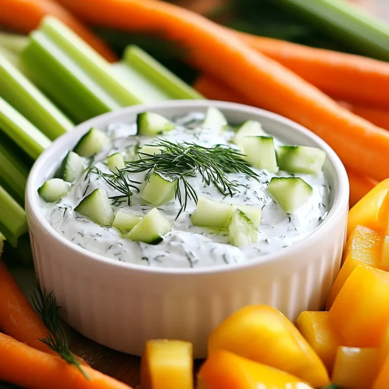 - 1 cup Greek yogurt (plain) - 1 medium cucumber, grated and excess moisture squeezed out - 2 tablespoons fresh dill, finely chopped - 1 tablespoon lemon juice - 1 small garlic clove, minced - 1 teaspoon olive oil - Salt and pepper to taste You can change the amounts based on your taste. If you like more cucumber, add another half. Want it creamier? Use 1.5 cups of yogurt. For a twist, try sour cream instead of Greek yogurt. You can swap fresh dill for dried dill. Use one tablespoon of dried if you don't have fresh. Using fresh ingredients makes a big difference. Fresh dill adds a bright flavor. It lifts the dip and makes it taste homemade. Always choose plain Greek yogurt. The plain flavor lets the other ingredients shine. The cucumber needs to be grated and squeezed. This keeps the dip from getting too watery. If you skip this step, the dip can be a mess. Fresh lemon juice brightens the taste. It gives a zesty kick that balances the creaminess. Lastly, garlic adds depth. Just a small clove is enough for flavor without being too strong. {{ingredient_image_1}} First, you need to prepare the cucumber. Grate one medium cucumber with a box grater or a food processor. This method gives you the right texture for the dip. After grating, use a clean kitchen towel to squeeze out the extra moisture. This step is key. If you skip it, your dip will be watery. Next, grab a mixing bowl. Combine the drained cucumber, one cup of plain Greek yogurt, and two tablespoons of finely chopped fresh dill. Add one tablespoon of lemon juice and one minced garlic clove to the mix. To finish, drizzle in one teaspoon of olive oil. Sprinkle in salt and pepper to taste. Mix everything well until it’s smooth and even. Now, cover the bowl with plastic wrap. Place it in the fridge for at least 30 minutes. This chilling time helps the flavors blend. When you’re ready to serve, present the dip in a shallow bowl. Garnish it with an extra sprig of dill. Pair it with fresh vegetable sticks or pita chips. Enjoy this healthy and fresh dip! To keep your dip thick, start with the cucumber. Grate it well, then squeeze out the moisture. Use a clean kitchen towel for this. The more water you remove, the better your dip will be. If you skip this step, your dip can turn runny, which isn’t tasty. To boost the flavor, use fresh dill. It adds a bright taste that makes the dip pop. A squeeze of lemon juice adds zing too. You can also add a pinch of salt to balance the flavors. If you like a bit of heat, try adding a sprinkle of red pepper flakes. For a beautiful display, serve your dip in a shallow bowl. Top it with a sprig of dill for a touch of green. Pair it with colorful veggie sticks, like carrots and bell peppers. Pita chips are also great for dipping. This way, your dip looks as good as it tastes! Pro Tips Drain the Cucumber Well: Squeezing out excess moisture from the grated cucumber is essential to prevent the dip from becoming watery and ensures a creamy texture. Use Fresh Dill: Fresh dill provides a vibrant flavor that dried dill cannot match. Make sure to chop it finely to distribute its taste evenly throughout the dip. Chill Before Serving: Allowing the dip to chill in the refrigerator for at least 30 minutes enhances the flavors as they meld together, making it even more delicious. Experiment with Add-ins: Feel free to customize the dip by adding other ingredients like chopped green onions, a splash of vinegar, or even some diced tomatoes for added flavor and texture. {{image_2}} You can try different yogurts for this dip. Regular yogurt works well too. If you want a non-dairy option, use coconut yogurt. It adds a sweet twist. For a creamier texture, try sour cream. Each yogurt gives a unique taste to the dip. You can spice up your dip with fun flavors. Try adding chopped mint for a fresh kick. A pinch of cumin brings a warm note. If you love heat, add a dash of cayenne pepper. For a tangy twist, mix in some feta cheese. Each addition can change the whole vibe of the dip. This dip is perfect with crunchy veggies. Serve it with carrot sticks, bell pepper strips, or celery. Pita chips are great too. You can even spread it on sandwiches or wraps. It adds a delightful flavor and moisture. Try it at picnics or parties; everyone will love it! To store leftover dip, place it in an airtight container. Make sure the lid fits tight. This helps keep the dip fresh. You can also cover the bowl with plastic wrap. It keeps air out and holds in moisture. The dip stays good in the fridge for about 3 to 5 days. For the best flavor, eat it within 3 days. Check for any changes in smell or texture before eating. If it smells off or looks strange, it’s best to throw it away. You can freeze this dip if you want to save it longer. Use a freezer-safe container or bag. It can last up to 2 months in the freezer. When ready to eat, thaw it in the fridge overnight. Stir well after thawing to mix any separated ingredients. Yes, you can use dried dill. Use one tablespoon of dried dill for every two tablespoons of fresh. Dried dill has a stronger flavor, so start small. Mix it in and taste. If you want more flavor, add a bit more. This dip can stay fresh in the fridge for about three days. Keep it in an airtight container. The flavors will develop more over time. Just give it a good stir before serving again. You have many tasty choices for dipping! Fresh veggies work great. Try carrots, bell peppers, and celery. Pita chips are also a fun option. You can even use crackers for a crunchy bite. Enjoy! This blog post covered everything you need to make a great dip. We looked at ingredients, including measurements and substitutions. Then, we walked through the preparation and mixing steps. I shared tips to avoid a watery dip and how to enhance its flavor. We explored tasty variations and discussed proper storage methods. Now, you're ready to make a dip that impresses everyone. With these tips and ideas, enjoy your cooking journey!