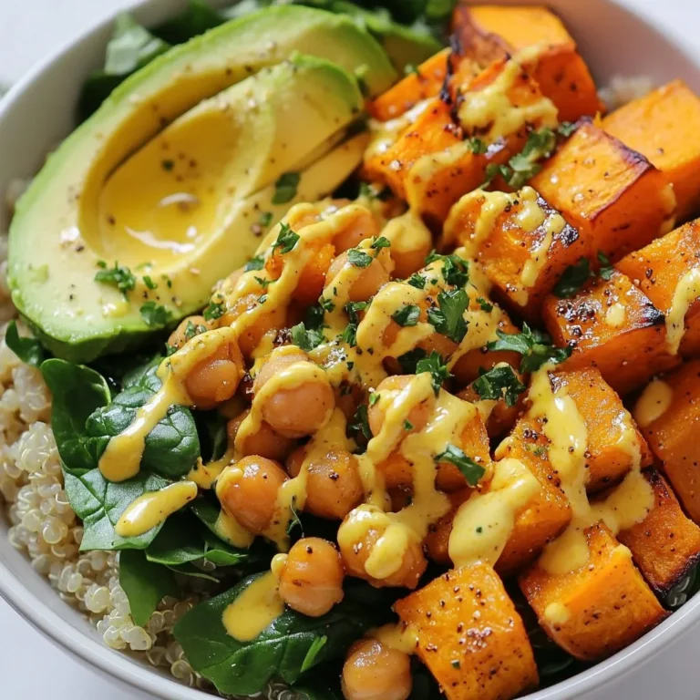 To create a tasty Sweet Potato Chickpea Buddha Bowl, you will need: - 2 medium sweet potatoes, peeled and diced - 1 can (15 oz) chickpeas, drained and rinsed - 1 tablespoon olive oil - 1 teaspoon smoked paprika - 1 teaspoon garlic powder - 1/2 teaspoon cumin - Salt and pepper to taste - 2 cups cooked quinoa - 1 cup baby spinach - 1 avocado, sliced - 1/4 cup tahini - 2 tablespoons lemon juice - Water to thin the tahini dressing (if needed) - Fresh parsley for garnish Each ingredient brings its own flavor and nutrition. Sweet potatoes add sweetness and fiber, while chickpeas give protein and texture. Quinoa serves as a healthy base for the bowl. In this recipe, I use some key spices and a simple dressing: - Smoked paprika adds a warm, smoky flavor. - Garlic powder gives depth to the dish. - Cumin offers a hint of earthiness. - The tahini dressing combines tahini, lemon juice, and water for creaminess. You can adjust the salt and pepper to your taste. If you like, add a pinch of chili powder for some heat. To make your bowl even more delicious, consider these toppings: - Sliced radishes for crunch. - Cherry tomatoes for freshness. - Roasted nuts like almonds or walnuts for extra protein. - Feta cheese for a salty bite. Feel free to mix and match toppings to suit your taste. Each adds a unique twist to your Buddha bowl. {{ingredient_image_1}} Start by preheating your oven to 425°F (220°C). This is key for roasting. While it heats, peel and dice the sweet potatoes into small cubes. Place them in a large bowl. Drain and rinse the chickpeas, then add them to the bowl with the sweet potatoes. Next, drizzle one tablespoon of olive oil over the sweet potatoes and chickpeas. Sprinkle in one teaspoon of smoked paprika, one teaspoon of garlic powder, and half a teaspoon of cumin. Add salt and pepper to taste. Toss everything until it’s well mixed and coated. Spread the sweet potatoes and chickpeas on a baking sheet. Make sure they’re in a single layer. This helps them roast evenly. Place the baking sheet in your preheated oven. Roast for about 25 to 30 minutes. Stir halfway through cooking. This ensures even browning. You want the sweet potatoes to be tender and slightly caramelized. While the sweet potatoes and chickpeas roast, let’s make the tahini dressing. In a bowl, whisk together 1/4 cup tahini and 2 tablespoons lemon juice. Add a pinch of salt. If the dressing is too thick, add water a little at a time until it reaches your desired consistency. To assemble your Buddha bowl, start with a scoop of cooked quinoa at the bottom of each bowl. Top it with a handful of fresh baby spinach. Next, add the roasted sweet potatoes and chickpeas. Then, place slices of avocado on top. Drizzle the tahini dressing generously over everything. Finally, sprinkle fresh parsley for a pop of color and flavor. Enjoy your meal right away! To get sweet potatoes just right, follow these steps. First, cut the sweet potatoes into even cubes. This size helps them cook at the same rate. Next, toss them in olive oil and seasonings. Use smoked paprika, garlic powder, cumin, salt, and pepper for great flavor. Spread them out on a baking sheet. Make sure they are in a single layer. This step helps them roast evenly. Roast in a hot oven, around 425°F (220°C), for 25-30 minutes. Stir them halfway through for even cooking. Keep an eye on them to avoid burning. When they are tender and caramelized, they are ready. You can make your Buddha bowl unique! Start with quinoa, but feel free to swap in brown rice or cauliflower rice. For protein, add chickpeas, lentils, or tofu. Mix in your favorite veggies. Try roasted broccoli, shredded carrots, or cherry tomatoes for color and crunch. You can even add nuts or seeds for extra texture. For a kick, toss in some fresh herbs like cilantro or mint. The tahini dressing is great, but you can switch it up. Use yogurt, hummus, or a zesty vinaigrette. The choice is yours! When serving the Buddha bowl, make it pop! Arrange the ingredients neatly for a beautiful look. Add a sprinkle of fresh parsley on top for color. Pair it with a side salad or some whole-grain bread. A light soup can also be a good match. If you want to add more flavor, serve it with a wedge of lemon or lime. This adds a nice zing. Enjoy your meal with friends or family for a shared experience. Eating together makes food even better! Pro Tips Roast for Extra Flavor: Consider adding a pinch of cayenne or chili powder to the sweet potatoes for an extra kick of flavor. Perfectly Cooked Quinoa: To achieve fluffy quinoa, rinse it under cold water before cooking to remove bitterness and use a 2:1 water-to-quinoa ratio. Customize Your Bowl: Feel free to add other veggies like roasted bell peppers or kale for added nutrition and color. Storage Tips: Store leftovers in separate airtight containers for easy meal prep throughout the week. {{image_2}} You can switch out chickpeas for different proteins. Lentils are a great choice. They cook fast and add good fiber. Tofu is another option. You can bake or pan-fry it for a nice crunch. Both options keep the bowl healthy and tasty. If you want a different base, try brown rice. It has a nutty flavor and is filling. Cauliflower rice is lighter and low in carbs. It adds a fresh taste to the bowl. You can even mix grains for extra texture and flavor. The tahini dressing can be changed up too. For a creamy touch, add yogurt. It gives a nice tang. You can also make it zesty by adding lime juice. A splash of hot sauce can spice things up. Experiment with flavors to find your favorite! After you enjoy your Sweet Potato Chickpea Buddha Bowl, store leftovers in the fridge. Place them in airtight containers. This helps keep them fresh and tasty for up to three days. If you separate the dressing from the bowl, it stays better. This way, you avoid soggy ingredients. You can also freeze your Buddha bowl. To do this, cool all ingredients first. Then, pack them into freezer-safe bags or containers. Remove as much air as possible. You can freeze them for up to a month. When ready to eat, take it out the night before and let it thaw in the fridge. To reheat your Buddha bowl, use the oven or microwave. If using the oven, preheat to 350°F (175°C) and warm for about 15 minutes. This keeps the sweet potatoes crisp. If using the microwave, heat in short bursts. Stir and check the heat to avoid hot spots. Drizzle fresh tahini dressing on top before serving for extra flavor. A Buddha bowl is a colorful dish filled with healthy foods. It usually has grains, veggies, proteins, and a tasty sauce. You can mix and match ingredients based on what you like. The name comes from the bowl's shape, which looks full and round, like a Buddha's belly. Yes, you can make parts of the Buddha bowl ahead of time. Cook the quinoa and roast the sweet potatoes and chickpeas. Store them in the fridge for up to 4 days. When you're ready to eat, assemble the bowl. Add fresh spinach and avocado just before serving for the best flavor. Chickpeas are rich in protein and fiber. They help you feel full and support digestion. Sweet potatoes are loaded with vitamins like A and C. They provide energy and are great for your skin. Together, they make this bowl healthy and satisfying. You get a mix of nutrients that benefit your body and taste great. This blog post covered how to create a Sweet Potato Chickpea Buddha Bowl. We explored the key ingredients, seasonings, and toppings for a great bowl. I shared step-by-step instructions for roasting, dressing, and assembling your meal. You learned tips for perfect sweet potatoes and customization ideas. We also discussed storage tips and answered common questions about Buddha bowls. Now you can enjoy a tasty and healthy meal that's easy to make. Get creative and try your own twist on the recipe!