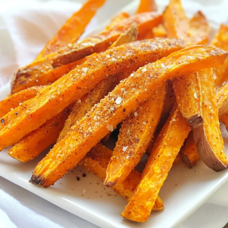 To make crispy baked sweet potato fries, gather these simple ingredients: - 2 large sweet potatoes - 2 tablespoons olive oil - 1 teaspoon smoked paprika - 1 teaspoon garlic powder - ½ teaspoon cayenne pepper (optional, for heat) - Salt and pepper to taste - 1 tablespoon cornstarch (for extra crispiness) You can switch some ingredients if needed. Use coconut oil instead of olive oil for a different flavor. For spices, try onion powder or chili powder if you don’t have garlic powder. If you want less heat, skip the cayenne pepper altogether. You can also use regular potatoes instead of sweet potatoes for a classic fry. Sweet potatoes are very healthy. They are high in vitamins A and C, which help your skin and immune system. They also contain fiber, which is good for digestion. Sweet potatoes have antioxidants that fight free radicals, keeping your body healthy. Plus, they provide energy thanks to their natural sugars. Adding these fries to your meal gives you a tasty and nutritious side dish. {{ingredient_image_1}} 1. First, preheat your oven to 425°F (220°C). This heat will help the fries crisp up nicely. 2. Next, peel the sweet potatoes. I like to use large sweet potatoes for bigger fries. 3. Cut each sweet potato into even fries. Aim for about 1/4 inch thick. This size cooks well and stays crispy. 4. In a large bowl, toss the sweet potato fries with 2 tablespoons of olive oil. Make sure each fry gets a good coat of oil. 5. Now, sprinkle on 1 teaspoon of smoked paprika, 1 teaspoon of garlic powder, and optional ½ teaspoon of cayenne pepper for some heat. Add salt and pepper to taste. 6. For extra crispiness, add 1 tablespoon of cornstarch. Toss everything well so the fries are evenly coated. 1. Spread the fries out in a single layer on your prepared baking sheet. Don’t let them touch; this helps them get crispy. 2. Bake in your preheated oven for 25-30 minutes. Flip the fries halfway through cooking. 3. Keep an eye on them! Ovens can vary, so check for a golden brown color. 1. Make sure to use cornstarch in your mix. It absorbs moisture and helps create a crunch. 2. Also, spreading the fries out is key. If they touch, they won’t crisp up. 3. Let the fries rest for a few minutes after baking. This helps them firm up and adds to the crispiness. Enjoy your crispy baked sweet potato fries! To add flavor to your sweet potato fries, use simple spices. Here are some great combos: - Classic Mix: Smoked paprika, garlic powder, and salt. - Spicy Kick: Add cayenne pepper for heat. - Herb Blend: Try oregano and thyme with your spices. - Sweet Twist: Use cinnamon and nutmeg for a sweet touch. Experiment with these blends to find your favorite! Using the right tools helps make your fries perfect. Here’s what you need: - Sharp Knife: For cutting the sweet potatoes evenly. - Cutting Board: A stable surface is key for safe cutting. - Large Bowl: For tossing the fries with oil and spices. - Baking Sheet: Line it with parchment paper for easy cleanup. - Oven: Preheat to 425°F (220°C) for best results. Avoid these errors to get the crispiest fries: - Cutting Sizes: Make sure all fries are the same size for even cooking. - Overcrowding: Spread fries in a single layer on the sheet. Crowding leads to sogginess. - Skipping Cornstarch: Cornstarch helps achieve extra crispiness; don’t skip it! - Not Flipping: Flip the fries halfway through cooking. This helps them brown evenly. With these tips in mind, you can make sweet potato fries that are crispy and delicious every time! Pro Tips Cut Evenly: Ensure that the sweet potatoes are cut into uniform sizes to promote even cooking and crispiness. Use Cornstarch: Coating the fries with cornstarch before baking helps to absorb moisture and creates a crispier texture. Avoid Overcrowding: Spread the fries out in a single layer on the baking sheet to allow air to circulate and prevent steaming. Flip for Even Crispiness: Flip the fries halfway through baking to ensure they brown evenly on all sides. {{image_2}} You can change the taste of sweet potato fries by adding different spices. Try using cumin, chili powder, or even cinnamon for a sweeter twist. Mix and match spices to find your favorite flavor. For a zesty kick, add lemon zest or lime juice. Each spice brings a unique taste, making your fries fun and exciting. Loaded sweet potato fries are a great way to enjoy a hearty snack. Top your fries with melted cheese, sour cream, and chopped green onions for a classic take. You can also add black beans, avocado, and salsa for a Tex-Mex style. For a healthier option, try topping with Greek yogurt and fresh herbs. The key is to balance flavors and textures, creating a delicious meal or snack. You can cook sweet potato fries in different ways. An air fryer cooks them quickly and keeps them crispy. Set your air fryer to 400°F (200°C) and cook for about 15 minutes. Shake the basket halfway through for even cooking. If you prefer a traditional fryer, heat oil to 350°F (175°C). Fry the sweet potatoes in small batches for about 3-4 minutes. Use a slotted spoon to remove them and let them drain on paper towels. Each method gives you tasty fries with a unique texture. You can store leftover baked sweet potato fries in the fridge. Place them in an airtight container. They will stay fresh for about 3 to 4 days. Make sure the fries are cool before sealing the container. This helps prevent moisture buildup. To freeze sweet potato fries, follow these steps. First, let the fries cool completely. Then, place them in a single layer on a baking sheet. Freeze them for about an hour. Once frozen, transfer them to a freezer bag. Remove as much air as possible before sealing. They can last up to 3 months in the freezer. When reheating, aim to keep the fries crispy. The oven is the best method. Preheat your oven to 400°F (200°C). Spread the fries on a baking sheet in a single layer. Bake for about 10-15 minutes. Flip them halfway through for even heating. Alternatively, you can use an air fryer. Heat them at 375°F (190°C) for about 5-7 minutes. Both methods help restore their crunch. To make sweet potato fries extra crispy, start with cornstarch. After cutting the fries, toss them in cornstarch before adding oil. The cornstarch helps absorb moisture. Also, spread the fries out in a single layer on the pan. If they touch, they will steam and won’t get crispy. Flip them halfway through baking to ensure even cooking. Bake them at 425°F (220°C) for the best results. Yes, you can use other types of potatoes. Regular potatoes, like russets, work well. They have a higher starch content, which helps with crispiness. You can also try Yukon gold or purple potatoes for unique flavors. Just cut them to a similar size as sweet potatoes for even cooking. Adjust the cooking time if needed, as different potatoes may bake differently. Sweet potato fries pair well with many sauces. Here are some of my favorites: - Honey mustard: The sweetness complements the fries. - Ranch dressing: A classic choice that adds creaminess. - Chipotle mayo: For a spicy kick, this sauce is great. - Ketchup: A simple, traditional option that never fails. Experiment with these sauces to find your favorite. In this post, we explored the world of sweet potato fries. We covered essential ingredients, cooking tips, and delicious variations. You now know how to prepare these tasty fries and ensure they stay crispy. Remember, try different spices to boost flavor, and avoid common mistakes for the best results. For storage, use the fridge or freezer wisely. Enjoy making sweet potato fries at home, and have fun experimenting with new ideas! Your kitchen adventures await, so get cooking!