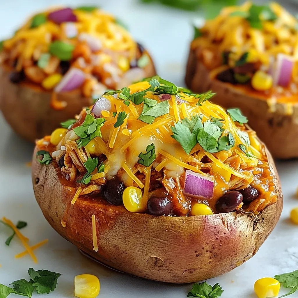 For BBQ Chicken Stuffed Sweet Potatoes, gather these items: - 4 medium sweet potatoes - 2 cups cooked chicken, shredded - 1 cup BBQ sauce (your choice of flavor) - 1/2 cup red onion, diced - 1/2 cup corn (canned or frozen) - 1 cup black beans, rinsed and drained - 1 cup shredded cheddar cheese - 1/4 cup fresh cilantro, chopped - Salt and pepper to taste - 1 tablespoon olive oil Each ingredient plays a key role in creating a tasty dish. Sweet potatoes serve as a natural base, bringing sweetness and nutrition. The shredded chicken mixed with BBQ sauce adds a savory punch. The red onion and corn provide crunch and color, while black beans add protein and fiber. Finally, the cheese melts beautifully, creating a gooey layer on top. Don't forget the fresh cilantro; it brightens every bite. When selecting your ingredients, choose sweet potatoes that feel firm and are free from blemishes. Fresh chicken gives the best flavor, but rotisserie chicken works well for ease. Your BBQ sauce can be spicy, sweet, or smoky, depending on your taste. Each choice adds a unique flair to this hearty meal. {{ingredient_image_1}} - Preheat oven to 400°F (200°C). - Scrub the sweet potatoes under running water and pat them dry. Bake the sweet potatoes for 40-45 minutes. Check for tenderness by piercing them with a fork. They should feel soft but not mushy. If they are firm, bake them a little longer. In a medium bowl, combine: - 2 cups cooked chicken, shredded - 1 cup BBQ sauce - 1/2 cup diced red onion - 1/2 cup corn - 1 cup black beans, rinsed and drained - Salt and pepper to taste Mix these ingredients well. The BBQ sauce gives it a nice sweet flavor. You can add more spices if you like a kick. Once the sweet potatoes cool, cut each in half lengthwise. Gently scoop out some flesh, leaving enough for texture. Then, fill each half with the BBQ chicken mixture. Press it down gently to make it fit without spilling. Top each stuffed potato with shredded cheddar cheese. This will melt and create a tasty layer. Return the stuffed sweet potatoes to the oven. Bake them for 10-15 minutes. Watch for the cheese to melt and bubble. When done, let them cool a bit before serving. Garnish with fresh cilantro for a pop of color. Choosing the right sweet potato size is key. Medium-sized sweet potatoes cook evenly and hold the filling well. If they are too small, they may not hold enough filling. If they are too large, they can take longer to cook. To pack the filling properly, scoop out some sweet potato flesh. Leave some for texture. Press the BBQ chicken mixture down gently. This helps everything stay inside without spilling out. For BBQ sauce, use your favorite type. A tangy sauce adds zest. A smoky sauce gives depth. Try different brands to find what you love. Add spices for extra flavor. Smoked paprika, cumin, or chili powder work well. They enhance the BBQ taste. Fresh herbs like cilantro or parsley can brighten the dish too. Pair your stuffed sweet potatoes with simple sides. A fresh salad adds crunch. Grilled vegetables bring color and flavor. Cornbread or baked beans are great options too. For presentation, place the stuffed sweet potatoes on a colorful platter. Garnish with extra cilantro for flair. This makes your meal look inviting and delicious. Pro Tips Choose the Right Sweet Potatoes: Opt for medium-sized sweet potatoes for even cooking and easier handling. They should be firm and smooth without any soft spots. Enhance the Flavor: Consider adding spices like smoked paprika or garlic powder to the chicken mixture for an extra flavor boost that complements the BBQ sauce. Make Ahead: You can prepare the BBQ chicken filling in advance and store it in the fridge. Just stuff the sweet potatoes before baking for a quick meal later. Cheese Alternatives: Feel free to experiment with different types of cheese, such as pepper jack for a spicy kick or feta for a tangy flavor. {{image_2}} You can switch up the protein in this dish. Pulled pork works great instead of chicken. It adds a rich, smoky flavor. You can also use shredded beef for a heartier option. If you want a vegetarian meal, try using black beans or lentils. These options keep the dish filling and tasty. If you want to change the cheese, consider using Monterey Jack. It melts well and adds a nice touch. You can also try pepper jack for some heat. If you need a dairy-free option, there are many good plant-based cheeses. Look for brands that melt well. These can work just as great as traditional cheese. Feel free to mix in extra veggies for more flavor. Diced bell peppers or zucchini can add texture. You can also toss in some spinach for added nutrients. Customize your recipe to fit your taste buds. The more you experiment, the more you discover new favorites! You can store leftovers in the fridge. Place the stuffed sweet potatoes in an airtight container. This keeps them fresh and tasty. I recommend glass or BPA-free plastic containers for storage. They seal well and are easy to clean. To freeze stuffed sweet potatoes, wrap each one in plastic wrap. Then place them in a freezer bag. Make sure to remove as much air as possible. You can thaw them overnight in the fridge. For reheating, bake them in the oven at 350°F until warm, about 20-25 minutes. In the fridge, BBQ chicken stuffed sweet potatoes last about 3-4 days. In the freezer, they can stay fresh for up to 3 months. This makes them a great meal prep option for busy weeks. Yes, you can use regular potatoes or other types. Russets or Yukon Golds work well. They have a creamy texture that complements the BBQ chicken. Just remember to adjust the baking time. Regular potatoes may take longer to cook through. You can prep the sweet potatoes and filling ahead of time. Bake the sweet potatoes and let them cool. Store them in the fridge for up to two days. Make the BBQ chicken mixture and keep it in a separate container. When ready to eat, stuff the potatoes and bake until hot. If BBQ sauce is not your thing, try teriyaki sauce or buffalo sauce. For a tangy twist, use a mix of ketchup and vinegar. You can also add spices like smoked paprika for extra flavor. Experiment with what you like best! Absolutely! To make it vegetarian, swap the chicken for more beans or lentils. You can also use tofu for a protein boost. Just season it with your favorite spices and BBQ sauce. This way, you still get that tasty filling! You learned how to make BBQ chicken stuffed sweet potatoes from scratch. We covered the ingredients, preparation, and baking steps. I shared tips on enhancing flavors and storage options. You can even customize this dish with alternative proteins and add-ins. Enjoy experimenting with this recipe that’s both delicious and versatile. You’ll impress your family and friends with minimal effort.
