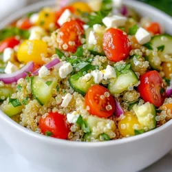 - 1 cup quinoa, rinsed - 2 cups water or vegetable broth - 1 cucumber, diced - 1 red bell pepper, diced - 1 cup cherry tomatoes, halved - 1/4 red onion, finely chopped - 1/4 cup fresh parsley, chopped - 1/4 cup fresh mint, chopped - Juice of 1 large lemon - 3 tablespoons olive oil - Salt and pepper to taste - Optional: Feta cheese for topping This Lemon Herb Quinoa Salad shines with fresh and colorful ingredients. First, I start with quinoa. It’s a great base that brings protein and texture. Rinsing the quinoa helps remove any bitterness. I use either water or vegetable broth to cook it. The broth adds a lovely flavor. Next, I chop my veggies. The cucumber gives a nice crunch. The red bell pepper adds sweetness. I love cherry tomatoes for their juicy pop. Red onion provides a mild bite. Fresh parsley and mint take this salad to the next level. They brighten the dish and add freshness. The dressing is simple. I squeeze the juice from one large lemon. This gives a zesty kick. I mix this with olive oil, salt, and pepper. This dressing coats all the ingredients perfectly. If you want a creamy touch, sprinkle some feta cheese on top. It adds a salty flavor that pairs well with the lemon. Each ingredient plays a role in making this salad bright and vibrant. It's a great choice for a light meal or a side dish. Enjoy the mix of flavors and textures! {{ingredient_image_1}} To cook quinoa, start by boiling water or vegetable broth in a medium saucepan. Use two cups of liquid for one cup of rinsed quinoa. Once boiling, add the quinoa and reduce the heat to low. Cover the pot and let it simmer for about 15 minutes. The quinoa is done when all the liquid is absorbed. Next, remove the pot from heat and let it sit for another 5 minutes. This helps the quinoa become fluffy. After that, fluff the quinoa with a fork. It’s important to cool it to room temperature before mixing it with other ingredients. Rinsing quinoa properly is key. This step removes any bitter coating called saponin. Place the quinoa in a fine-mesh sieve and rinse it under cold water for about 30 seconds. This will ensure a pleasant taste in your salad. Now, let’s combine the vegetables and herbs. In a large mixing bowl, add diced cucumber, red bell pepper, halved cherry tomatoes, finely chopped red onion, parsley, and mint. These colorful veggies give the salad a fresh look and taste. When you add the cooled quinoa to this mix, you create a vibrant dish. Cooling the quinoa before mixing is crucial. Hot quinoa can wilt the herbs and veggies, making the salad less fresh. To make the lemon dressing, whisk together the juice of one large lemon, three tablespoons of olive oil, salt, and pepper in a small bowl. The lemon juice adds brightness, while olive oil gives it richness. After mixing the dressing, pour it over the salad. Toss gently to coat everything evenly. Taste your salad and adjust the seasoning if needed. If you like, sprinkle feta cheese on top for an extra burst of flavor. - Cooking times and methods: I find that rinsing quinoa is key. It removes the bitter coating. Use 1 cup of quinoa to 2 cups of water or broth. Bring this mix to a boil. Then, reduce the heat to low. Cover and simmer for about 15 minutes. Let it sit for 5 minutes after cooking. This keeps it fluffy. - How to avoid mushy quinoa: To keep quinoa from turning mushy, avoid overcooking. Stick to the cooking times. Also, always rinse it well. This step helps keep each grain separate and light. - Adding more herbs and spices: Want more flavor? Add fresh herbs like basil or dill. You can also try spices like cumin or paprika for warmth. These changes can take your salad to the next level. - Suggestions for cheese or toppings: Feta cheese adds a nice saltiness. If you want something creamier, try goat cheese. For crunch, toasted nuts or seeds work well too. They add texture and flavor. - Best accompaniments: This salad pairs well with grilled chicken or fish. You can also serve it with pita bread. It makes a great light meal or side dish. - Presentation ideas for salads: To make your salad pop, use a large bowl. Layer the ingredients for a colorful look. You can also serve it in individual cups or jars for a fun touch. Garnish with extra herbs or lemon wedges for flair. Pro Tips Rinse Your Quinoa: Always rinse quinoa under cold water before cooking to remove its natural coating, called saponin, which can impart a bitter taste. Customize Your Veggies: Feel free to swap in your favorite seasonal vegetables for a personal touch. Zucchini, carrots, or even corn can work wonderfully! Let It Chill: For the best flavor, refrigerate the salad for at least 30 minutes before serving to allow the ingredients to meld together. Make It a Meal: Add protein like grilled chicken, chickpeas, or shrimp to turn this salad into a hearty and satisfying main dish. {{image_2}} You can change this salad for the seasons. Use fresh veggies that are in season. In summer, try adding juicy peaches or sweet corn. For fall, add roasted butternut squash or carrots. These swaps give new flavors and colors to your salad. Herbs can also change. If you love basil, use it instead of mint. For winter, try fresh thyme or dill. Each herb brings a unique taste. Experiment with these options and find your favorites! Want to make this salad heartier? Add protein! Chickpeas are a great choice. They add fiber and keep you full. You can also add grilled chicken for a tasty boost. This makes the salad feel more like a meal. Other protein sources are hard-boiled eggs, tofu, or beans. Try adding nuts like almonds or walnuts for a crunchy twist. These options make your salad more filling and give it extra flavor. Quinoa is great, but there are other grains to try. Brown rice is an easy swap. It has a nutty flavor and is very filling. Farro is another option. It has a chewy texture and pairs well with the lemon dressing. If you need gluten-free options, use rice or quinoa. Both are safe and healthy. You can even try millet or buckwheat for a different taste. These grains work well and keep your salad fresh and exciting! To store leftovers, let the quinoa salad cool down first. Then, place it in an airtight container. This helps keep it fresh longer. If you use a bowl, cover it tightly with plastic wrap. Avoid leaving it out at room temperature for too long. Using airtight containers is best for this salad. They block air and moisture. This prevents the salad from spoiling quickly. If you don’t have one, a regular bowl works but may not keep the salad as fresh. In the fridge, your quinoa salad stays fresh for about 3 to 5 days. Make sure to check for any signs of spoilage, like bad smells or changes in color. If you want to keep it longer, freezing is an option. However, freezing can change the texture of the veggies. To freeze, pack the salad in a freezer-safe container. Leave some space at the top for expansion. It can last up to 3 months in the freezer. When you're ready to eat, thaw it in the fridge overnight. Reheating the salad isn't necessary, but you can if you prefer it warm. If you do, use a microwave. Heat it in short bursts of 30 seconds. Stir it after each burst to keep the flavors intact. You can also add a splash of olive oil or lemon juice to freshen it up. If you want to keep the flavors strong, avoid reheating it more than once. Each time you heat, the taste may fade. Yes, you can make this salad ahead of time. The best practice is to prepare the quinoa and chop the veggies in advance. Store the quinoa and veggies separately in the fridge. This keeps everything fresh. When you are ready to eat, mix them together. Add the dressing just before serving to keep it crisp and bright. To make this salad vegan, skip the feta cheese. You can add more herbs for flavor instead. Try using roasted chickpeas for protein. They add a nice crunch. You can also use a vegan yogurt or tahini for creaminess if you like. This salad pairs well with grilled chicken or fish. Try it with a lemon herb chicken for a light meal. It also goes well with roasted vegetables. For a vegetarian option, enjoy it with stuffed peppers or a veggie burger. This salad is versatile and can complement many dishes. This blog post guided you through making a tasty lemon herb quinoa salad. We detailed the ingredients, from quinoa to fresh veggies, and shared steps for cooking and mixing. I offered tips to enhance your dish and suggested variations for a personal touch. Now, you have simple ways to store leftovers and reheat them without losing flavor. Enjoy creating your salad, making it your own, and impressing everyone at the table!