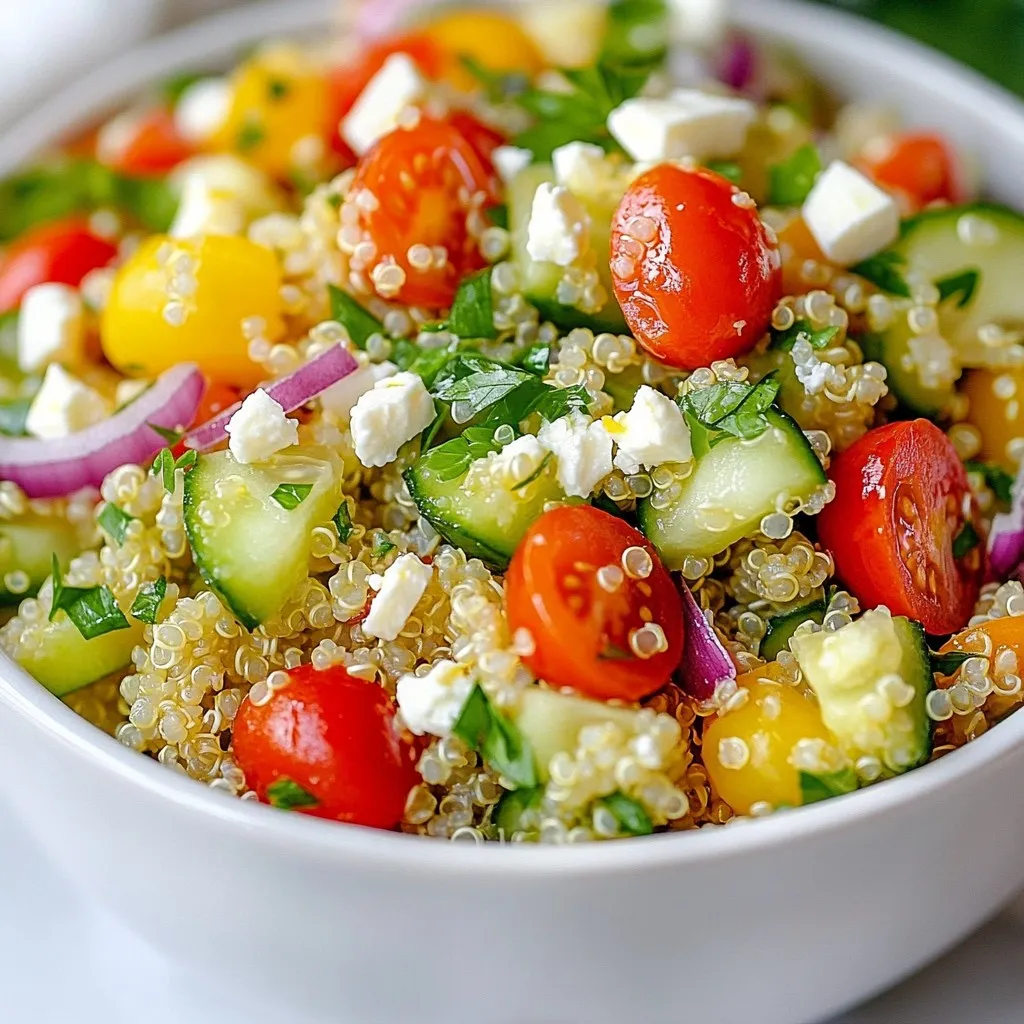 - 1 cup quinoa, rinsed - 2 cups water or vegetable broth - 1 cucumber, diced - 1 red bell pepper, diced - 1 cup cherry tomatoes, halved - 1/4 red onion, finely chopped - 1/4 cup fresh parsley, chopped - 1/4 cup fresh mint, chopped - Juice of 1 large lemon - 3 tablespoons olive oil - Salt and pepper to taste - Optional: Feta cheese for topping This Lemon Herb Quinoa Salad shines with fresh and colorful ingredients. First, I start with quinoa. It’s a great base that brings protein and texture. Rinsing the quinoa helps remove any bitterness. I use either water or vegetable broth to cook it. The broth adds a lovely flavor. Next, I chop my veggies. The cucumber gives a nice crunch. The red bell pepper adds sweetness. I love cherry tomatoes for their juicy pop. Red onion provides a mild bite. Fresh parsley and mint take this salad to the next level. They brighten the dish and add freshness. The dressing is simple. I squeeze the juice from one large lemon. This gives a zesty kick. I mix this with olive oil, salt, and pepper. This dressing coats all the ingredients perfectly. If you want a creamy touch, sprinkle some feta cheese on top. It adds a salty flavor that pairs well with the lemon. Each ingredient plays a role in making this salad bright and vibrant. It's a great choice for a light meal or a side dish. Enjoy the mix of flavors and textures! {{ingredient_image_1}} To cook quinoa, start by boiling water or vegetable broth in a medium saucepan. Use two cups of liquid for one cup of rinsed quinoa. Once boiling, add the quinoa and reduce the heat to low. Cover the pot and let it simmer for about 15 minutes. The quinoa is done when all the liquid is absorbed. Next, remove the pot from heat and let it sit for another 5 minutes. This helps the quinoa become fluffy. After that, fluff the quinoa with a fork. It’s important to cool it to room temperature before mixing it with other ingredients. Rinsing quinoa properly is key. This step removes any bitter coating called saponin. Place the quinoa in a fine-mesh sieve and rinse it under cold water for about 30 seconds. This will ensure a pleasant taste in your salad. Now, let’s combine the vegetables and herbs. In a large mixing bowl, add diced cucumber, red bell pepper, halved cherry tomatoes, finely chopped red onion, parsley, and mint. These colorful veggies give the salad a fresh look and taste. When you add the cooled quinoa to this mix, you create a vibrant dish. Cooling the quinoa before mixing is crucial. Hot quinoa can wilt the herbs and veggies, making the salad less fresh. To make the lemon dressing, whisk together the juice of one large lemon, three tablespoons of olive oil, salt, and pepper in a small bowl. The lemon juice adds brightness, while olive oil gives it richness. After mixing the dressing, pour it over the salad. Toss gently to coat everything evenly. Taste your salad and adjust the seasoning if needed. If you like, sprinkle feta cheese on top for an extra burst of flavor. - Cooking times and methods: I find that rinsing quinoa is key. It removes the bitter coating. Use 1 cup of quinoa to 2 cups of water or broth. Bring this mix to a boil. Then, reduce the heat to low. Cover and simmer for about 15 minutes. Let it sit for 5 minutes after cooking. This keeps it fluffy. - How to avoid mushy quinoa: To keep quinoa from turning mushy, avoid overcooking. Stick to the cooking times. Also, always rinse it well. This step helps keep each grain separate and light. - Adding more herbs and spices: Want more flavor? Add fresh herbs like basil or dill. You can also try spices like cumin or paprika for warmth. These changes can take your salad to the next level. - Suggestions for cheese or toppings: Feta cheese adds a nice saltiness. If you want something creamier, try goat cheese. For crunch, toasted nuts or seeds work well too. They add texture and flavor. - Best accompaniments: This salad pairs well with grilled chicken or fish. You can also serve it with pita bread. It makes a great light meal or side dish. - Presentation ideas for salads: To make your salad pop, use a large bowl. Layer the ingredients for a colorful look. You can also serve it in individual cups or jars for a fun touch. Garnish with extra herbs or lemon wedges for flair. Pro Tips Rinse Your Quinoa: Always rinse quinoa under cold water before cooking to remove its natural coating, called saponin, which can impart a bitter taste. Customize Your Veggies: Feel free to swap in your favorite seasonal vegetables for a personal touch. Zucchini, carrots, or even corn can work wonderfully! Let It Chill: For the best flavor, refrigerate the salad for at least 30 minutes before serving to allow the ingredients to meld together. Make It a Meal: Add protein like grilled chicken, chickpeas, or shrimp to turn this salad into a hearty and satisfying main dish. {{image_2}} You can change this salad for the seasons. Use fresh veggies that are in season. In summer, try adding juicy peaches or sweet corn. For fall, add roasted butternut squash or carrots. These swaps give new flavors and colors to your salad. Herbs can also change. If you love basil, use it instead of mint. For winter, try fresh thyme or dill. Each herb brings a unique taste. Experiment with these options and find your favorites! Want to make this salad heartier? Add protein! Chickpeas are a great choice. They add fiber and keep you full. You can also add grilled chicken for a tasty boost. This makes the salad feel more like a meal. Other protein sources are hard-boiled eggs, tofu, or beans. Try adding nuts like almonds or walnuts for a crunchy twist. These options make your salad more filling and give it extra flavor. Quinoa is great, but there are other grains to try. Brown rice is an easy swap. It has a nutty flavor and is very filling. Farro is another option. It has a chewy texture and pairs well with the lemon dressing. If you need gluten-free options, use rice or quinoa. Both are safe and healthy. You can even try millet or buckwheat for a different taste. These grains work well and keep your salad fresh and exciting! To store leftovers, let the quinoa salad cool down first. Then, place it in an airtight container. This helps keep it fresh longer. If you use a bowl, cover it tightly with plastic wrap. Avoid leaving it out at room temperature for too long. Using airtight containers is best for this salad. They block air and moisture. This prevents the salad from spoiling quickly. If you don’t have one, a regular bowl works but may not keep the salad as fresh. In the fridge, your quinoa salad stays fresh for about 3 to 5 days. Make sure to check for any signs of spoilage, like bad smells or changes in color. If you want to keep it longer, freezing is an option. However, freezing can change the texture of the veggies. To freeze, pack the salad in a freezer-safe container. Leave some space at the top for expansion. It can last up to 3 months in the freezer. When you're ready to eat, thaw it in the fridge overnight. Reheating the salad isn't necessary, but you can if you prefer it warm. If you do, use a microwave. Heat it in short bursts of 30 seconds. Stir it after each burst to keep the flavors intact. You can also add a splash of olive oil or lemon juice to freshen it up. If you want to keep the flavors strong, avoid reheating it more than once. Each time you heat, the taste may fade. Yes, you can make this salad ahead of time. The best practice is to prepare the quinoa and chop the veggies in advance. Store the quinoa and veggies separately in the fridge. This keeps everything fresh. When you are ready to eat, mix them together. Add the dressing just before serving to keep it crisp and bright. To make this salad vegan, skip the feta cheese. You can add more herbs for flavor instead. Try using roasted chickpeas for protein. They add a nice crunch. You can also use a vegan yogurt or tahini for creaminess if you like. This salad pairs well with grilled chicken or fish. Try it with a lemon herb chicken for a light meal. It also goes well with roasted vegetables. For a vegetarian option, enjoy it with stuffed peppers or a veggie burger. This salad is versatile and can complement many dishes. This blog post guided you through making a tasty lemon herb quinoa salad. We detailed the ingredients, from quinoa to fresh veggies, and shared steps for cooking and mixing. I offered tips to enhance your dish and suggested variations for a personal touch. Now, you have simple ways to store leftovers and reheat them without losing flavor. Enjoy creating your salad, making it your own, and impressing everyone at the table!