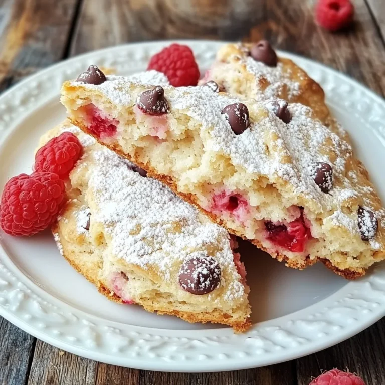 Making Raspberry Chocolate Chip Scones is easy with the right ingredients. Here’s what you need: - 2 cups all-purpose flour - 1/4 cup sugar - 1 tablespoon baking powder - 1/2 teaspoon salt - 1/2 cup cold unsalted butter, cubed - 1/2 cup heavy cream - 1 large egg - 1 teaspoon vanilla extract - 1 cup fresh raspberries - 1/2 cup semi-sweet chocolate chips - 1 tablespoon coarse sugar for sprinkling These ingredients create a perfect blend of sweet and tart flavors. The all-purpose flour gives structure, while the sugar sweetens the scones. Baking powder makes them rise, and salt enhances the taste. The cold butter adds flakiness, and heavy cream keeps them moist. Raspberries bring a burst of flavor, and chocolate chips add a rich touch. The coarse sugar on top gives a lovely crunch. Using fresh raspberries is key for the best taste. Each bite will be soft, sweet, and full of chocolatey goodness. Gather these ingredients to start your baking adventure! You’ll love the results. {{ingredient_image_1}} First, preheat your oven to 400°F (200°C). This step is key for a perfect bake. While the oven heats, prepare a baking sheet. Line it with parchment paper. This helps the scones not to stick. In a large bowl, whisk together the flour, sugar, baking powder, and salt. Mix these dry items well. This ensures even flavor in your scones. Now, add the cold, cubed butter to your dry mix. Use a pastry cutter or your fingers. Work it until it looks like coarse crumbs. In a separate small bowl, whisk the cream, egg, and vanilla extract until smooth. Pour this mixture into your flour mix. Stir it until just combined. Gently fold in the raspberries and chocolate chips. Be careful not to overmix. This helps keep the scones light. Turn the dough onto a lightly floured surface. Knead it gently until it comes together. Next, pat the dough into a circle about 1 inch thick. Cut it into wedges or use a round cutter for individual scones. Arrange the scones on your prepared baking sheet, leaving about an inch between them. Sprinkle the tops with coarse sugar for texture. Bake in the preheated oven for 15-20 minutes. Look for a golden brown color on top. Once done, let them cool slightly before serving. Enjoy your warm scones! To achieve the right texture in your scones, start with cold ingredients. Cold butter is key. It helps create a flaky texture. Use a pastry cutter or your fingers to mix the butter into the flour. You want it to look like coarse crumbs, not a paste. Avoid overmixing the dough. When you add the wet ingredients, stir gently. Just mix until you see no dry flour. Then, fold in the raspberries and chocolate chips carefully. This keeps your scones light and airy. Serving scones is a delight. I love to serve them warm. Dust them with powdered sugar for a sweet touch. Arrange them on a nice platter. It makes them look inviting. For accompaniments, clotted cream is a classic choice. It pairs wonderfully with the tart raspberries. You can also use butter for a rich flavor. Enjoy your scones fresh out of the oven for the best taste! Pro Tips Chill the Dough: For best results, chill the dough for about 30 minutes before cutting it into scones. This helps maintain the butter's firmness, leading to flakier scones. Fresh Ingredients Matter: Use fresh raspberries and high-quality chocolate chips for the best flavor. Avoid overly ripe raspberries as they can make the dough too wet. Don’t Overmix: When combining the wet and dry ingredients, mix just until incorporated. Overmixing can lead to tough scones. Brush with Cream: For a beautiful golden crust, brush the tops of the scones with a little heavy cream before baking. {{image_2}} You can easily change the fruit in your scones. Blueberries or strawberries work great instead of raspberries. Just use the same amount. The flavors blend well with chocolate. If you love white chocolate, try using white chocolate chips instead of semi-sweet ones. White chocolate adds a creamy touch that pairs well with the fruit. If you need a gluten-free option, swap all-purpose flour for a gluten-free blend. Look for a blend with xanthan gum for the best texture. You can also make these scones vegan. Replace the heavy cream with almond milk or coconut cream. Use a flax egg instead of a regular egg. This means mixing one tablespoon of ground flaxseed with two tablespoons of water. Let it sit for a few minutes to thicken. These changes keep your scones delicious while meeting your dietary needs. To store leftover scones, first let them cool completely. Place them in an airtight container. You can also wrap them in plastic wrap. Keep them at room temperature for up to two days. If you want them to last longer, store them in the fridge for up to a week. For best results, use parchment paper between layers to prevent sticking. This keeps them fresh and tasty. To reheat scones, the oven is your best friend. Preheat your oven to 350°F (175°C). Place the scones on a baking sheet. Heat them for about 5-8 minutes. This method keeps them soft and warm. You can also use a microwave, but it may make them chewy. Heat for about 15-20 seconds. Enjoy your scones warm for the best flavor! You can use milk mixed with butter as a substitute for heavy cream. Use 3/4 cup of milk and add 1/4 cup of melted butter. This mixture gives a similar richness. You can also use coconut cream for a dairy-free option, which keeps the scone moist and adds a nice flavor. Scones are done when they turn golden brown on top. They should feel firm to the touch. You can also insert a toothpick into the center. If it comes out clean, the scones are ready. Keep an eye on them during the last few minutes. Yes, you can freeze these scones! Cool them completely before wrapping in plastic wrap. Place them in a freezer bag and remove as much air as possible. They will keep well for up to three months. Just thaw them in the fridge overnight before serving. Scones last about 2-3 days at room temperature. Store them in an airtight container to keep them fresh. If you notice them getting dry, try warming them slightly in the oven before serving. This can bring back some of their original texture. In this post, we explored how to make delicious raspberry chocolate chip scones. You learned the essential ingredients and step-by-step instructions for perfecting your scones. I shared tips for texture, presentation, and ways to vary flavors or adapt for dietary needs. Store leftovers properly to keep them fresh and enjoy them later. With these tips, you can bake great scones that impress friends and family. Happy baking!