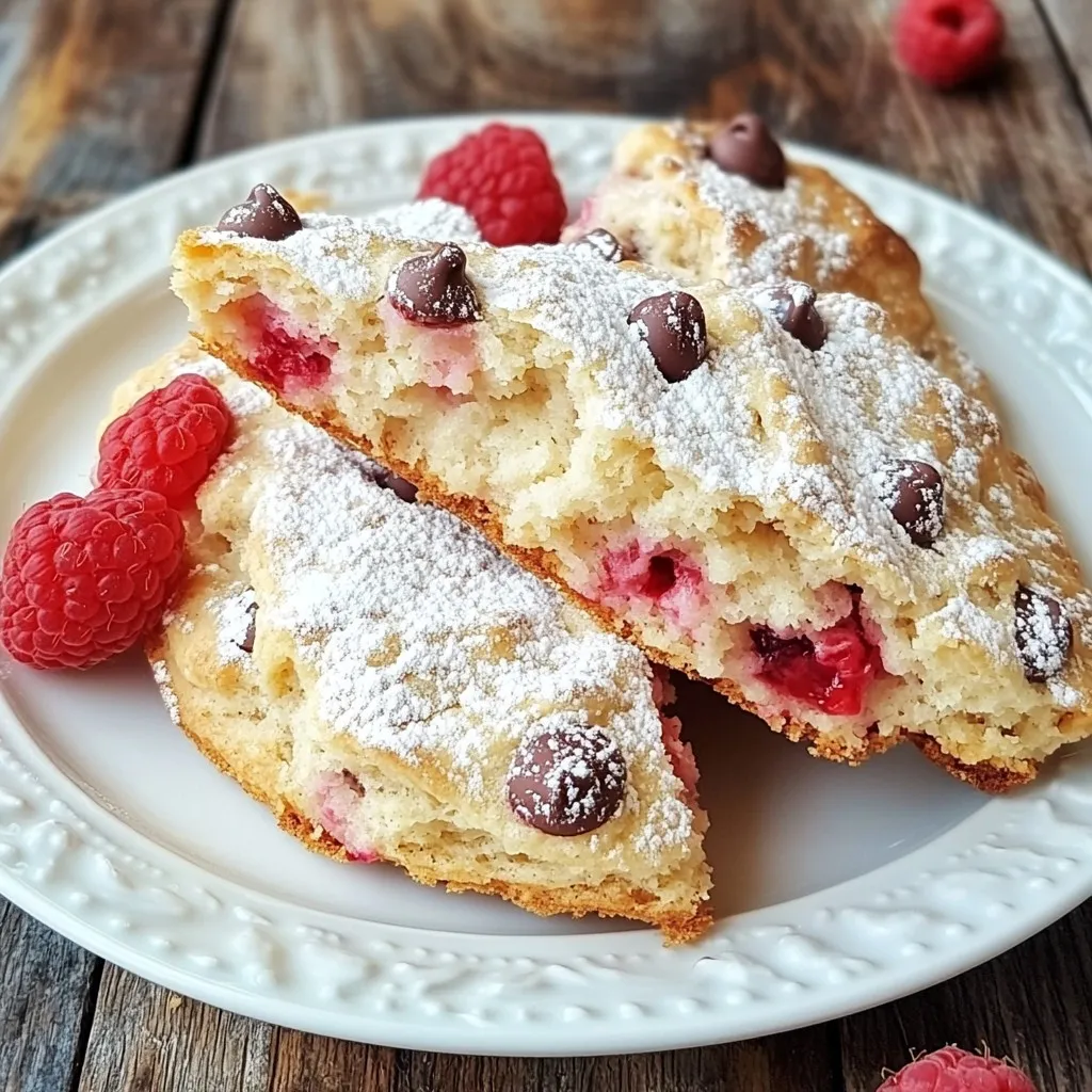 Making Raspberry Chocolate Chip Scones is easy with the right ingredients. Here’s what you need: - 2 cups all-purpose flour - 1/4 cup sugar - 1 tablespoon baking powder - 1/2 teaspoon salt - 1/2 cup cold unsalted butter, cubed - 1/2 cup heavy cream - 1 large egg - 1 teaspoon vanilla extract - 1 cup fresh raspberries - 1/2 cup semi-sweet chocolate chips - 1 tablespoon coarse sugar for sprinkling These ingredients create a perfect blend of sweet and tart flavors. The all-purpose flour gives structure, while the sugar sweetens the scones. Baking powder makes them rise, and salt enhances the taste. The cold butter adds flakiness, and heavy cream keeps them moist. Raspberries bring a burst of flavor, and chocolate chips add a rich touch. The coarse sugar on top gives a lovely crunch. Using fresh raspberries is key for the best taste. Each bite will be soft, sweet, and full of chocolatey goodness. Gather these ingredients to start your baking adventure! You’ll love the results. {{ingredient_image_1}} First, preheat your oven to 400°F (200°C). This step is key for a perfect bake. While the oven heats, prepare a baking sheet. Line it with parchment paper. This helps the scones not to stick. In a large bowl, whisk together the flour, sugar, baking powder, and salt. Mix these dry items well. This ensures even flavor in your scones. Now, add the cold, cubed butter to your dry mix. Use a pastry cutter or your fingers. Work it until it looks like coarse crumbs. In a separate small bowl, whisk the cream, egg, and vanilla extract until smooth. Pour this mixture into your flour mix. Stir it until just combined. Gently fold in the raspberries and chocolate chips. Be careful not to overmix. This helps keep the scones light. Turn the dough onto a lightly floured surface. Knead it gently until it comes together. Next, pat the dough into a circle about 1 inch thick. Cut it into wedges or use a round cutter for individual scones. Arrange the scones on your prepared baking sheet, leaving about an inch between them. Sprinkle the tops with coarse sugar for texture. Bake in the preheated oven for 15-20 minutes. Look for a golden brown color on top. Once done, let them cool slightly before serving. Enjoy your warm scones! To achieve the right texture in your scones, start with cold ingredients. Cold butter is key. It helps create a flaky texture. Use a pastry cutter or your fingers to mix the butter into the flour. You want it to look like coarse crumbs, not a paste. Avoid overmixing the dough. When you add the wet ingredients, stir gently. Just mix until you see no dry flour. Then, fold in the raspberries and chocolate chips carefully. This keeps your scones light and airy. Serving scones is a delight. I love to serve them warm. Dust them with powdered sugar for a sweet touch. Arrange them on a nice platter. It makes them look inviting. For accompaniments, clotted cream is a classic choice. It pairs wonderfully with the tart raspberries. You can also use butter for a rich flavor. Enjoy your scones fresh out of the oven for the best taste! Pro Tips Chill the Dough: For best results, chill the dough for about 30 minutes before cutting it into scones. This helps maintain the butter's firmness, leading to flakier scones. Fresh Ingredients Matter: Use fresh raspberries and high-quality chocolate chips for the best flavor. Avoid overly ripe raspberries as they can make the dough too wet. Don’t Overmix: When combining the wet and dry ingredients, mix just until incorporated. Overmixing can lead to tough scones. Brush with Cream: For a beautiful golden crust, brush the tops of the scones with a little heavy cream before baking. {{image_2}} You can easily change the fruit in your scones. Blueberries or strawberries work great instead of raspberries. Just use the same amount. The flavors blend well with chocolate. If you love white chocolate, try using white chocolate chips instead of semi-sweet ones. White chocolate adds a creamy touch that pairs well with the fruit. If you need a gluten-free option, swap all-purpose flour for a gluten-free blend. Look for a blend with xanthan gum for the best texture. You can also make these scones vegan. Replace the heavy cream with almond milk or coconut cream. Use a flax egg instead of a regular egg. This means mixing one tablespoon of ground flaxseed with two tablespoons of water. Let it sit for a few minutes to thicken. These changes keep your scones delicious while meeting your dietary needs. To store leftover scones, first let them cool completely. Place them in an airtight container. You can also wrap them in plastic wrap. Keep them at room temperature for up to two days. If you want them to last longer, store them in the fridge for up to a week. For best results, use parchment paper between layers to prevent sticking. This keeps them fresh and tasty. To reheat scones, the oven is your best friend. Preheat your oven to 350°F (175°C). Place the scones on a baking sheet. Heat them for about 5-8 minutes. This method keeps them soft and warm. You can also use a microwave, but it may make them chewy. Heat for about 15-20 seconds. Enjoy your scones warm for the best flavor! You can use milk mixed with butter as a substitute for heavy cream. Use 3/4 cup of milk and add 1/4 cup of melted butter. This mixture gives a similar richness. You can also use coconut cream for a dairy-free option, which keeps the scone moist and adds a nice flavor. Scones are done when they turn golden brown on top. They should feel firm to the touch. You can also insert a toothpick into the center. If it comes out clean, the scones are ready. Keep an eye on them during the last few minutes. Yes, you can freeze these scones! Cool them completely before wrapping in plastic wrap. Place them in a freezer bag and remove as much air as possible. They will keep well for up to three months. Just thaw them in the fridge overnight before serving. Scones last about 2-3 days at room temperature. Store them in an airtight container to keep them fresh. If you notice them getting dry, try warming them slightly in the oven before serving. This can bring back some of their original texture. In this post, we explored how to make delicious raspberry chocolate chip scones. You learned the essential ingredients and step-by-step instructions for perfecting your scones. I shared tips for texture, presentation, and ways to vary flavors or adapt for dietary needs. Store leftovers properly to keep them fresh and enjoy them later. With these tips, you can bake great scones that impress friends and family. Happy baking!