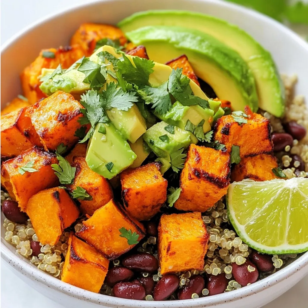 To make these delicious roasted sweet potato quinoa bowls, gather these ingredients: - 1 large sweet potato, peeled and diced - 1 cup quinoa - 2 cups vegetable broth or water - 1 cup black beans, rinsed and drained - 1 red bell pepper, diced - 1 avocado, sliced - 1 tablespoon olive oil - 1 teaspoon cumin - 1 teaspoon paprika - Salt and pepper to taste - Fresh cilantro, chopped (for garnish) - 1 lime, cut into wedges You can swap some ingredients based on what you like or have. - Use brown rice instead of quinoa for a different grain. - Replace black beans with kidney beans or chickpeas. - Try butternut squash in place of sweet potato. - Use any bell pepper color. - Swap lime for lemon for a tangy twist. These bowls are healthy and packed with nutrients. Each serving offers: - Approx. 350 calories - 12 grams of protein - 60 grams of carbs - 10 grams of fiber - Healthy fats from avocado This meal is great for a balanced diet and keeps you full. Enjoy! {{ingredient_image_1}} First, preheat your oven to 425°F (220°C). This step is key for crispiness. Next, peel and dice one large sweet potato. Place the diced sweet potato in a mixing bowl. Drizzle one tablespoon of olive oil over the sweet potato. Then, add one teaspoon of cumin, one teaspoon of paprika, salt, and pepper. Toss everything together until the sweet potato pieces are well-coated. Spread the seasoned sweet potatoes on a baking sheet in one layer. Roast them for 25-30 minutes. Flip them halfway through to ensure even cooking. While the sweet potatoes roast, rinse one cup of quinoa under cold water. This rinsing step removes any bitterness. In a medium saucepan, combine the rinsed quinoa and two cups of vegetable broth or water. Bring the mixture to a boil over high heat. Once boiling, reduce the heat to low and cover the pot. Let it simmer for about 15 minutes. After this time, check if the quinoa is fluffy and all liquid is absorbed. Fluff the quinoa with a fork and set it aside. In a large bowl, combine the cooked quinoa, one cup of rinsed and drained black beans, and one diced red bell pepper. Once your sweet potatoes are done roasting, add them to the bowl as well. Toss everything gently to mix all the ingredients. To serve, top each bowl with sliced avocado. Don’t forget to garnish with fresh chopped cilantro. For extra flavor, squeeze a lime wedge over each serving. Enjoy this healthy and flavorful meal! To get great roasted sweet potatoes, start with a large sweet potato. Peel and dice it into even cubes. The size should be around one inch. Toss the cubes in olive oil, cumin, paprika, salt, and pepper. Spread them out on a baking sheet in a single layer. The key is not to crowd the pan; this helps them roast evenly. Roast at 425°F (220°C) for 25-30 minutes. Flip them halfway through for even browning. The sweet potatoes should turn golden and get a little crispy on the edges. When it comes to flavors, sweet potatoes pair well with many ingredients. Black beans add protein and texture. Red bell peppers bring a sweet crunch. You can also add fresh cilantro for a bright taste. Avocado adds creaminess and healthy fats. If you want a kick, try adding jalapeños or a sprinkle of chili powder. Lime juice adds a zesty finish. Mix and match these flavors to suit your taste buds! Meal prepping makes this dish easy for busy days. Cook a big batch of quinoa ahead of time. Store it in the fridge for up to five days. You can also roast sweet potatoes in advance. Just keep them in an airtight container. For quick meals, pack the quinoa and roasted sweet potatoes together. Add black beans and veggies just before serving. This way, you have a healthy meal ready in minutes! Pro Tips Choose the Right Sweet Potatoes: Look for sweet potatoes that are firm and smooth, avoiding any with soft spots or wrinkles for the best flavor and texture. Quinoa Rinsing: Always rinse quinoa under cold water before cooking to remove its natural coating, called saponin, which can make it taste bitter. Customize Your Bowl: Feel free to add other vegetables or protein sources like grilled chicken or tofu to customize the bowl to your taste preferences. Storage Tips: Store leftovers in an airtight container in the fridge for up to 3 days. Reheat gently and add fresh avocado and lime juice before serving. {{image_2}} You can switch black beans for other beans. Chickpeas add a nutty flavor. Pinto beans give a creamy texture. White beans can bring a mild taste. Each bean choice changes the bowl's feel. Try them all to find your favorite! Feel free to mix in more veggies. Spinach or kale adds green goodness. Roasted zucchini or carrots bring sweetness. You could even add corn for crunch. The more colors, the better your bowl looks! Want some heat? Add diced jalapeños or red pepper flakes. A drizzle of hot sauce can kick it up too. You can even spice the beans with chili powder. Adjust the spice to match your taste buds! To keep your roasted sweet potato quinoa bowls fresh, store them in an airtight container. Make sure to let the bowls cool to room temperature first. You can keep them in the fridge for up to three days. This helps keep the flavor and texture nice and tasty. If you want to save the bowls for later, freezing is a good option. Place the cooled quinoa bowls in freezer-safe containers. Leave some space at the top to allow for expansion. You can freeze them for up to a month. When you are ready to eat, just take them out and let them thaw in the fridge overnight. When reheating your roasted sweet potato quinoa bowls, use the microwave for speed. Heat them for about two to three minutes. If you want to use the oven, preheat it to 350°F (175°C). Place the bowls in an oven-safe dish and cover with foil. Bake for about 15 minutes or until warm. Add some fresh lime juice on top before serving for extra flavor. Yes, you can use other grains. Brown rice, farro, and barley are great options. Each grain adds its own taste and texture. Cook them according to their package instructions. This way, you will have a tasty base for your bowl. If you don’t have vegetable broth, use water. You can also use chicken broth for added flavor. For a richer taste, try adding herbs or spices to the water. This change keeps your meal tasty without losing the essence of the dish. To make this bowl vegan, all you need to do is stick to the ingredients. The recipe already uses plant-based options. Just ensure no animal products are added when you serve. Your bowl will remain healthy and delicious for everyone! This blog post covered the key ingredients and how to prepare them. We also discussed tips for roasting sweet potatoes, different bean options, and meal prep methods. You can now create a tasty dish with easy swaps to fit your needs. Remember to store leftovers properly and explore variations to keep meals exciting. Enjoy your cooking journey, and make sure to experiment with flavors!