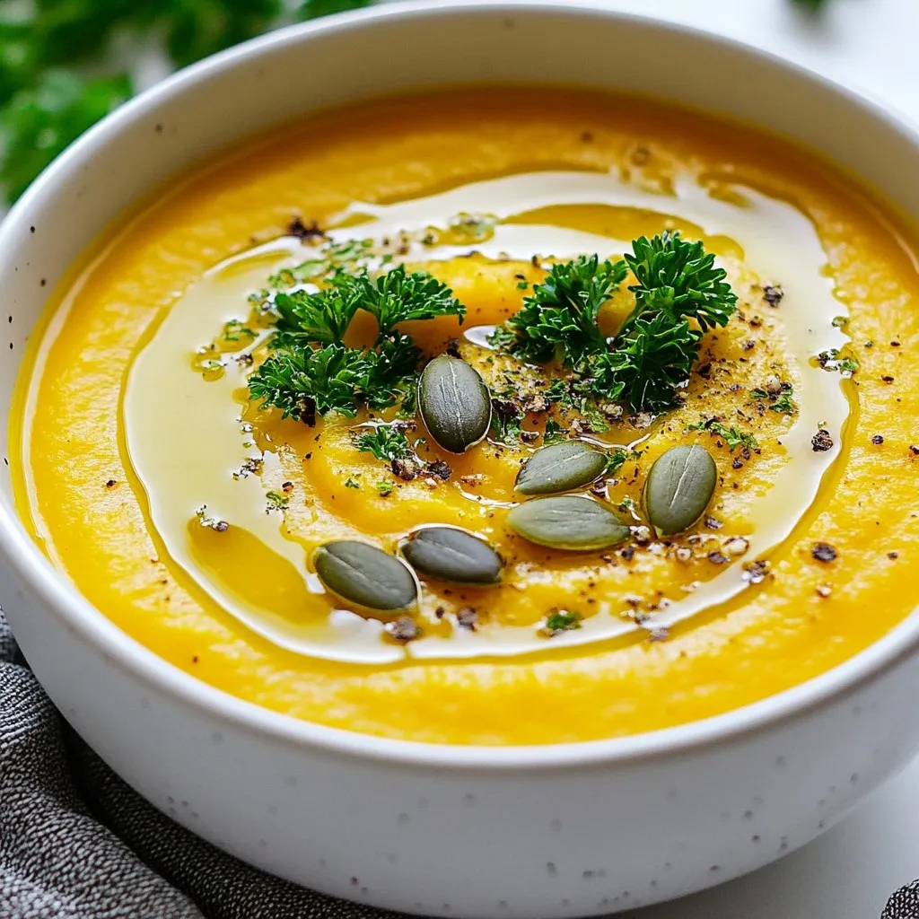 - 1 medium pumpkin (about 3-4 pounds), halved and seeds removed - 2 tablespoons olive oil - 1 onion, chopped - 3 garlic cloves, minced - 1 teaspoon ground cumin - 1 teaspoon ground cinnamon - 4 cups vegetable broth - 1 cup coconut milk (or heavy cream) - Salt and pepper to taste - Fresh parsley or pumpkin seeds for garnish You can enhance the soup’s taste with a few simple additions. Consider these options: - A pinch of nutmeg for warmth - A splash of lemon juice for brightness - Red pepper flakes for a hint of spice - Fresh ginger for a zesty kick If you don’t have something on hand, don’t worry! Here are some swaps: - Use butternut squash instead of pumpkin for a sweeter flavor. - Replace coconut milk with heavy cream for a richer texture. - If you prefer, swap vegetable broth for chicken broth. - Use shallots instead of onion for a milder taste. These substitutions can help you make the soup your own. Enjoy experimenting with flavors! {{ingredient_image_1}} First, grab your medium pumpkin. It should weigh about 3 to 4 pounds. Cut the pumpkin in half and scoop out the seeds. You can save the seeds for roasting later if you like. After that, place the pumpkin halves cut-side down on a baking sheet lined with parchment paper. This helps keep the pumpkin from sticking. Now, preheat your oven to 400°F (200°C). Once it’s hot, slide the baking sheet into the oven. Roast the pumpkin for about 40 to 50 minutes. You want the flesh to be soft and tender. Check it with a fork. When it’s done, take it out and let it cool for a bit. While the pumpkin roasts, heat 2 tablespoons of olive oil in a large pot over medium heat. Chop an onion and add it to the pot. Sauté the onion for 5 to 7 minutes until it looks clear. Next, add 3 minced garlic cloves, 1 teaspoon of ground cumin, and 1 teaspoon of ground cinnamon. Stir this mix for about a minute until it smells great. Now, scoop out the roasted pumpkin flesh and add it to the pot. Pour in 4 cups of vegetable broth and bring it to a simmer. Let it simmer for 15 minutes so the flavors mix well. After that, use an immersion blender to puree the soup until it is smooth. If you don’t have an immersion blender, you can blend it in batches in a countertop blender. Finally, stir in 1 cup of coconut milk or heavy cream. Season the soup with salt and pepper to taste. Heat it through and get ready to serve. Ladle the soup into bowls and garnish with fresh parsley or pumpkin seeds for a nice touch. Enjoy your cozy bowl of roasted pumpkin soup! To get the best flavor in your roasted pumpkin soup, use fresh ingredients. Start with a medium pumpkin, about 3-4 pounds. Roasting the pumpkin enhances its natural sweetness. Always roast it cut-side down. This helps keep moisture in. Adding spices like cumin and cinnamon adds depth. They make the soup warm and fragrant. Don't forget to use good quality vegetable broth. Use a rich coconut milk or heavy cream for creaminess. This will give your soup a velvety texture. One common mistake is not roasting the pumpkin long enough. If the flesh is hard, the soup will be lumpy. Make sure to sauté the onion until it's translucent. This step builds a good base flavor. Another mistake is rushing the blending process. If you don’t blend it well, the soup can be chunky. Also, be careful with the salt. Always taste as you go. Too much salt can overpower the dish. For this recipe, you need a few key tools. A good sharp knife will help when cutting the pumpkin. A sturdy baking sheet lined with parchment paper is best for roasting. Use a large pot for cooking the soup. An immersion blender is ideal for pureeing. If you don't have one, a countertop blender works too. Make sure to let the soup cool before blending in batches. Lastly, keep a ladle handy for serving your warm soup. Pro Tips Choose the Right Pumpkin: Look for a pumpkin that is heavy for its size and has a smooth, unblemished skin. Sugar pumpkins or pie pumpkins are ideal for making soup due to their sweetness and creaminess. Enhance the Flavor: Consider adding a touch of nutmeg or ginger along with the cumin and cinnamon for an extra layer of warmth and spice in your soup. Texture Matters: For a creamier soup, blend thoroughly until smooth, and if you prefer a chunkier texture, reserve some pumpkin pieces before blending and stir them back in after pureeing. Garnish Wisely: Experiment with garnishes like a drizzle of balsamic reduction or a dollop of yogurt for added flavor contrast and visual appeal. {{image_2}} To make a vegan version of roasted pumpkin soup, simply swap the coconut milk for a plant-based milk. Almond milk or oat milk works well. Both options keep the soup creamy without using dairy. Also, check your vegetable broth to ensure it is vegan. You can enhance the flavor with a touch of nutritional yeast. This gives the soup a cheesy flavor while keeping it plant-based. Good news! This roasted pumpkin soup is already gluten-free. You only need to ensure that your vegetable broth is gluten-free. Most store brands are safe, but always check the label. Enjoy this soup without worry if you follow a gluten-free diet. You can add protein to make the soup heartier. Cooked lentils or chickpeas mix well with the pumpkin. They add protein and fiber, making the meal more filling. You can also include other veggies for extra flavor. Carrots or sweet potatoes blend nicely into the soup. Simply chop them and cook with the onion and garlic. This adds depth and nutrition to your dish. To keep your roasted pumpkin soup fresh, let it cool first. Then, transfer your soup to an airtight container. This helps keep the flavor and texture intact. Store it in the fridge for up to five days. Always label the container with the date you made it. This way, you know when to use it. If you want to save the soup for later, freezing is a great option. First, let the soup cool completely. Then, pour it into freezer-safe bags or containers. Try to remove as much air as possible. This helps prevent freezer burn. You can freeze the soup for up to three months. When you’re ready to eat, just thaw it in the fridge overnight. When you’re ready to enjoy your leftover soup, reheat it gently. Pour the soup into a pot over medium heat. Stir often to avoid sticking. You can also use a microwave, but stir halfway through to heat evenly. If the soup seems too thick, add a splash of broth or water to reach your desired consistency. Enjoy it warm and fresh! Yes, you can use canned pumpkin. It saves time and is easy to find. Canned pumpkin is cooked and smooth. You need about 2 cups for this recipe. Add it after sautéing the onion and garlic. Just remember to adjust the broth. Canned pumpkin can be thicker than fresh pumpkin. Roasted pumpkin soup pairs well with many foods. A crusty bread or soft rolls work great. You can also serve a fresh salad on the side. Grilled cheese sandwiches add a nice touch. For a twist, top it with roasted nuts or seeds. Roasted pumpkin soup lasts about 4 to 5 days in the fridge. Store it in an airtight container. Make sure it cools down before you seal it. If you want to keep it longer, freeze it for up to 3 months. Just thaw it in the fridge before reheating. In this post, we covered everything you need for a great roasted pumpkin soup. First, we looked at the main ingredients and some fun options to enhance the flavor. Then, I gave you easy steps to prep, roast, and cook your soup. I also shared tips to bring out the best taste and avoid common mistakes. You learned about variations, storage, and answers to FAQs. With these insights, you can enjoy a delicious and healthy soup at home. Happy cooking!