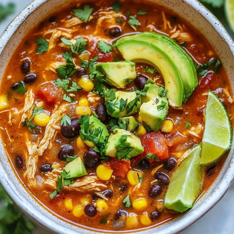 - Chicken - 1 lb boneless, skinless chicken breasts - Vegetables and Aromatics - 1 medium onion, diced - 3 cloves garlic, minced - Canned Goods - 1 can (15 oz) black beans, rinsed and drained - 1 can (15 oz) corn, drained - 1 can (10 oz) diced tomatoes with green chilies - 4 cups chicken broth - Spices and Seasonings - 1 tablespoon chili powder - 1 teaspoon cumin - ½ teaspoon smoked paprika - 1 teaspoon oregano - Salt and pepper to taste - Garnishes - 1 cup shredded cheese (cheddar or Mexican blend) - Fresh cilantro, chopped - Avocado, diced - Lime wedges for serving When making this soup, each ingredient plays a key role. The chicken provides protein, while the beans and corn add texture. The diced tomatoes bring a burst of flavor and acidity, balancing the spices. Chili powder and cumin give your soup warmth. Smoked paprika adds depth, while oregano introduces a subtle earthiness. Finally, the garnishes make the soup look fresh and inviting. The cheese melts into the hot soup, creating richness. Cilantro and avocado add creaminess and color. Lime wedges let you add a zesty finish. This combination creates a flavorful delight. Each bite is a mix of taste and comfort. It’s perfect for a cozy night in or a gathering with friends. {{ingredient_image_1}} Sautéing the Vegetables First, I turn on the Instant Pot and set it to Sauté. I add a splash of water or oil. Once hot, I toss in the diced onion. I cook this for about 3-4 minutes until it turns soft. Next, I add the minced garlic. I let it cook for just 30 seconds to release its lovely aroma. Seasoning the Chicken Now, I place the chicken breasts into the pot. I sprinkle them with chili powder, cumin, smoked paprika, oregano, salt, and pepper. These spices bring the soup to life and add depth to the flavor. Pressure Cooking Method Next, I pour in the chicken broth, diced tomatoes with green chilies, black beans, and corn. I stir everything well to combine. I close the lid and seal the vent. Then, I set the Instant Pot to Manual on high pressure for 10 minutes. Natural and Quick Release Steps When the cooking time is up, I let the pot release pressure naturally for 10 minutes. After that, I carefully perform a quick release for any remaining pressure. This step helps keep the chicken tender and juicy. Shredding the Chicken I carefully remove the chicken breasts from the pot. Using two forks, I shred the chicken into bite-sized pieces. I return the shredded chicken back into the soup and mix it in well. Adjusting the Seasoning I take a moment to taste the soup. If needed, I adjust the seasoning. If I want, I can add shredded cheese at this point. Letting it melt into the hot soup makes it even creamier and richer. - Ensuring Proper Sealing Always check the sealing ring before cooking. A loose ring can cause steam leaks. This will prevent the Instant Pot from building pressure. Make sure it fits snugly in the lid. - Adjusting Cooking Times Cooking times can vary based on your chicken size. If your breasts are larger, add a couple of minutes. For smaller pieces, reduce the time slightly. Always aim for tender, juicy chicken. - Adding Extra Spices To boost flavor, consider adding more spices. A pinch of cayenne can add heat. You might try a dash of smoked paprika for depth. These small changes can make a big difference. - Using Fresh Ingredients Fresh herbs and vegetables can brighten your soup. Use fresh cilantro for garnish. Fresh lime juice can also elevate the taste. Quality ingredients equal better flavor. - Overcooking the Chicken Overcooked chicken can turn dry and tough. Stick to the recommended cooking time. If you’re unsure, it’s better to undercook slightly. You can always cook it more if needed. - Skipping the Natural Release Letting the pressure release naturally is key. This helps the chicken become tender. If you skip this step, the soup may not be as rich. Give it those extra minutes for the best results. Pro Tips Marinate for More Flavor: Consider marinating the chicken in the spices and a bit of lime juice for at least 30 minutes before cooking to enhance the flavor. Use Homemade Chicken Broth: If possible, use homemade chicken broth for a richer and more authentic taste in your soup. Adjust Spice Levels: Customize the heat of the soup by adding more chili powder or fresh jalapeños if you prefer a spicier kick. Make it Creamy: For a creamier soup, stir in some cream cheese or sour cream after cooking and let it melt into the soup. {{image_2}} Protein Alternatives You can swap chicken for other proteins. Try turkey for a lighter option. If you prefer beef, use ground beef or shredded beef. For seafood lovers, shrimp adds a nice twist. If you want something different, use tofu for a plant-based protein. Vegetarian Version To make this soup vegetarian, skip the chicken. Add more beans like pinto or kidney beans. Toss in extra veggies like bell peppers or zucchini for color and taste. You can also use vegetable broth instead of chicken broth. Spicy Additions If you like heat, add jalapeños or a dash of hot sauce. Chipotle in adobo sauce gives a smoky flavor. You can also include cayenne pepper to kick up the spice level. Different Cheese Options While cheddar is great, feel free to mix it up. Pepper jack cheese adds a nice kick. Crumbled queso fresco gives a fresh taste. For a rich flavor, try adding some cream cheese into the mix. Accompaniments to Pair Serve with tortilla chips for crunch. A side of cornbread or warm tortillas works well too. You can add a dollop of sour cream for creaminess. Fresh lime wedges bring out the flavors nicely. Meal Prep Ideas This soup stores well. Make a big batch and save some for later. Divide it into portions and keep in the fridge for up to five days. You can also freeze it for up to three months. Just reheat when you’re ready to enjoy! To keep your Instant Pot Chicken Enchilada Soup fresh, use a good container. I recommend glass or BPA-free plastic. Make sure it seals well to avoid any spills or air exposure. Store the soup in the fridge for up to three days. This time frame ensures you enjoy the best taste and safety. If you need to heat it up, just pour it into a pot, warm on low heat, and stir often. Can you freeze the soup? Yes! Freezing is a great way to save some for later. First, let it cool down to room temperature. Then, pour it into freezer-safe bags or containers. Label each bag or container with the date. You can freeze the soup for up to three months. When you’re ready to eat, thaw it overnight in the fridge. To reheat, pour it back into a pot and warm on low. Stir often to help it heat evenly. You can also add a little broth if it seems too thick. Enjoy your soup anytime! Can I use frozen chicken? Yes, you can use frozen chicken in this soup. Just add a few extra minutes to the cooking time. Make sure to check that the chicken reaches a safe temperature of 165°F. This option saves time and makes meal prep easy. How to adjust the spice level? You can adjust the spice level to fit your taste. To make it milder, skip the chili powder or use less. If you like more heat, add more chili powder or even a dash of hot sauce. Experiment until you find the perfect balance. What if I don’t have an Instant Pot? If you don’t have an Instant Pot, no worries! You can make this soup on the stovetop. Just follow the same steps, but simmer the soup for about 30 minutes. This allows the flavors to blend well. Make sure to stir often. Can I make this soup on the stovetop? Yes, you can! Use a large pot and follow the same steps as the Instant Pot recipe. Cook the soup on medium heat until the chicken is tender and cooked through. Shred the chicken, return it to the pot, and enjoy. This article covered how to make Instant Pot Chicken Enchilada Soup. We listed all the key ingredients, from chicken to spices. I shared the cooking steps, tips, and common mistakes to avoid. You can customize this soup with various flavors and ingredients. In final thoughts, remember to adjust flavors to your liking. Enjoy this easy recipe for a satisfying meal. Try it out and make it your own!