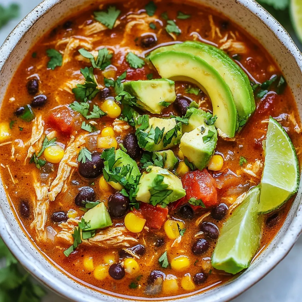 - Chicken - 1 lb boneless, skinless chicken breasts - Vegetables and Aromatics - 1 medium onion, diced - 3 cloves garlic, minced - Canned Goods - 1 can (15 oz) black beans, rinsed and drained - 1 can (15 oz) corn, drained - 1 can (10 oz) diced tomatoes with green chilies - 4 cups chicken broth - Spices and Seasonings - 1 tablespoon chili powder - 1 teaspoon cumin - ½ teaspoon smoked paprika - 1 teaspoon oregano - Salt and pepper to taste - Garnishes - 1 cup shredded cheese (cheddar or Mexican blend) - Fresh cilantro, chopped - Avocado, diced - Lime wedges for serving When making this soup, each ingredient plays a key role. The chicken provides protein, while the beans and corn add texture. The diced tomatoes bring a burst of flavor and acidity, balancing the spices. Chili powder and cumin give your soup warmth. Smoked paprika adds depth, while oregano introduces a subtle earthiness. Finally, the garnishes make the soup look fresh and inviting. The cheese melts into the hot soup, creating richness. Cilantro and avocado add creaminess and color. Lime wedges let you add a zesty finish. This combination creates a flavorful delight. Each bite is a mix of taste and comfort. It’s perfect for a cozy night in or a gathering with friends. {{ingredient_image_1}} Sautéing the Vegetables First, I turn on the Instant Pot and set it to Sauté. I add a splash of water or oil. Once hot, I toss in the diced onion. I cook this for about 3-4 minutes until it turns soft. Next, I add the minced garlic. I let it cook for just 30 seconds to release its lovely aroma. Seasoning the Chicken Now, I place the chicken breasts into the pot. I sprinkle them with chili powder, cumin, smoked paprika, oregano, salt, and pepper. These spices bring the soup to life and add depth to the flavor. Pressure Cooking Method Next, I pour in the chicken broth, diced tomatoes with green chilies, black beans, and corn. I stir everything well to combine. I close the lid and seal the vent. Then, I set the Instant Pot to Manual on high pressure for 10 minutes. Natural and Quick Release Steps When the cooking time is up, I let the pot release pressure naturally for 10 minutes. After that, I carefully perform a quick release for any remaining pressure. This step helps keep the chicken tender and juicy. Shredding the Chicken I carefully remove the chicken breasts from the pot. Using two forks, I shred the chicken into bite-sized pieces. I return the shredded chicken back into the soup and mix it in well. Adjusting the Seasoning I take a moment to taste the soup. If needed, I adjust the seasoning. If I want, I can add shredded cheese at this point. Letting it melt into the hot soup makes it even creamier and richer. - Ensuring Proper Sealing Always check the sealing ring before cooking. A loose ring can cause steam leaks. This will prevent the Instant Pot from building pressure. Make sure it fits snugly in the lid. - Adjusting Cooking Times Cooking times can vary based on your chicken size. If your breasts are larger, add a couple of minutes. For smaller pieces, reduce the time slightly. Always aim for tender, juicy chicken. - Adding Extra Spices To boost flavor, consider adding more spices. A pinch of cayenne can add heat. You might try a dash of smoked paprika for depth. These small changes can make a big difference. - Using Fresh Ingredients Fresh herbs and vegetables can brighten your soup. Use fresh cilantro for garnish. Fresh lime juice can also elevate the taste. Quality ingredients equal better flavor. - Overcooking the Chicken Overcooked chicken can turn dry and tough. Stick to the recommended cooking time. If you’re unsure, it’s better to undercook slightly. You can always cook it more if needed. - Skipping the Natural Release Letting the pressure release naturally is key. This helps the chicken become tender. If you skip this step, the soup may not be as rich. Give it those extra minutes for the best results. Pro Tips Marinate for More Flavor: Consider marinating the chicken in the spices and a bit of lime juice for at least 30 minutes before cooking to enhance the flavor. Use Homemade Chicken Broth: If possible, use homemade chicken broth for a richer and more authentic taste in your soup. Adjust Spice Levels: Customize the heat of the soup by adding more chili powder or fresh jalapeños if you prefer a spicier kick. Make it Creamy: For a creamier soup, stir in some cream cheese or sour cream after cooking and let it melt into the soup. {{image_2}} Protein Alternatives You can swap chicken for other proteins. Try turkey for a lighter option. If you prefer beef, use ground beef or shredded beef. For seafood lovers, shrimp adds a nice twist. If you want something different, use tofu for a plant-based protein. Vegetarian Version To make this soup vegetarian, skip the chicken. Add more beans like pinto or kidney beans. Toss in extra veggies like bell peppers or zucchini for color and taste. You can also use vegetable broth instead of chicken broth. Spicy Additions If you like heat, add jalapeños or a dash of hot sauce. Chipotle in adobo sauce gives a smoky flavor. You can also include cayenne pepper to kick up the spice level. Different Cheese Options While cheddar is great, feel free to mix it up. Pepper jack cheese adds a nice kick. Crumbled queso fresco gives a fresh taste. For a rich flavor, try adding some cream cheese into the mix. Accompaniments to Pair Serve with tortilla chips for crunch. A side of cornbread or warm tortillas works well too. You can add a dollop of sour cream for creaminess. Fresh lime wedges bring out the flavors nicely. Meal Prep Ideas This soup stores well. Make a big batch and save some for later. Divide it into portions and keep in the fridge for up to five days. You can also freeze it for up to three months. Just reheat when you’re ready to enjoy! To keep your Instant Pot Chicken Enchilada Soup fresh, use a good container. I recommend glass or BPA-free plastic. Make sure it seals well to avoid any spills or air exposure. Store the soup in the fridge for up to three days. This time frame ensures you enjoy the best taste and safety. If you need to heat it up, just pour it into a pot, warm on low heat, and stir often. Can you freeze the soup? Yes! Freezing is a great way to save some for later. First, let it cool down to room temperature. Then, pour it into freezer-safe bags or containers. Label each bag or container with the date. You can freeze the soup for up to three months. When you’re ready to eat, thaw it overnight in the fridge. To reheat, pour it back into a pot and warm on low. Stir often to help it heat evenly. You can also add a little broth if it seems too thick. Enjoy your soup anytime! Can I use frozen chicken? Yes, you can use frozen chicken in this soup. Just add a few extra minutes to the cooking time. Make sure to check that the chicken reaches a safe temperature of 165°F. This option saves time and makes meal prep easy. How to adjust the spice level? You can adjust the spice level to fit your taste. To make it milder, skip the chili powder or use less. If you like more heat, add more chili powder or even a dash of hot sauce. Experiment until you find the perfect balance. What if I don’t have an Instant Pot? If you don’t have an Instant Pot, no worries! You can make this soup on the stovetop. Just follow the same steps, but simmer the soup for about 30 minutes. This allows the flavors to blend well. Make sure to stir often. Can I make this soup on the stovetop? Yes, you can! Use a large pot and follow the same steps as the Instant Pot recipe. Cook the soup on medium heat until the chicken is tender and cooked through. Shred the chicken, return it to the pot, and enjoy. This article covered how to make Instant Pot Chicken Enchilada Soup. We listed all the key ingredients, from chicken to spices. I shared the cooking steps, tips, and common mistakes to avoid. You can customize this soup with various flavors and ingredients. In final thoughts, remember to adjust flavors to your liking. Enjoy this easy recipe for a satisfying meal. Try it out and make it your own!