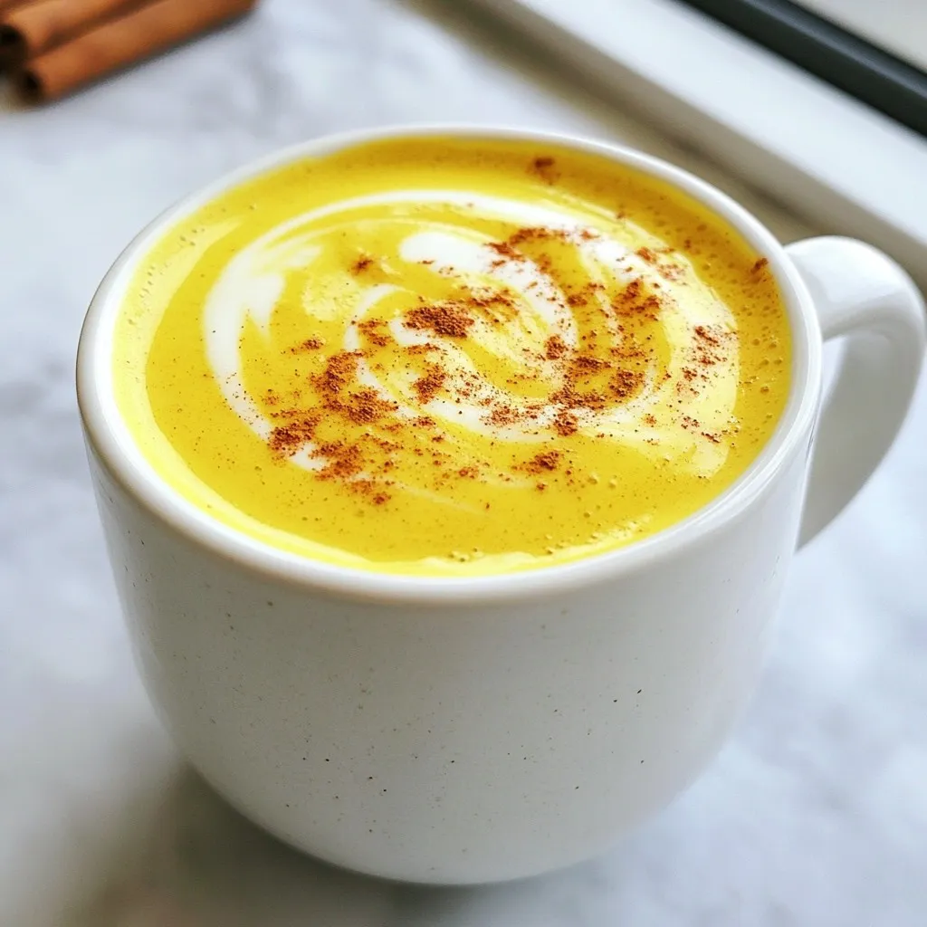 To make a delightful Golden Turmeric Latte, you will need the following ingredients: - 2 cups unsweetened almond milk - 1 teaspoon ground turmeric - 1/2 teaspoon ground cinnamon - 1/4 teaspoon ground ginger - 1/4 teaspoon black pepper - 1 tablespoon honey or maple syrup - 1 teaspoon vanilla extract - A pinch of sea salt You can swap some ingredients if needed: - For plant-based milk, try coconut milk, soy milk, or oat milk. - Use agave syrup or stevia instead of honey or maple syrup. - Add a dash of nutmeg or cardamom for extra spice. Each ingredient in the latte brings health perks: - Turmeric: This spice has curcumin, which may reduce inflammation and boost health. - Almond milk: A great dairy-free option, it's low in calories and rich in vitamin E. - Honey vs. Maple Syrup: Honey has antioxidants and is good for sore throats. Maple syrup offers minerals like zinc and manganese. Using these ingredients, you create a drink that is not just tasty but also good for you. Enjoy each sip as it warms you up and helps your body! {{ingredient_image_1}} 1. Combining the ingredients: Take a small saucepan. Add 2 cups of unsweetened almond milk. Then, mix in 1 teaspoon of ground turmeric, 1/2 teaspoon of ground cinnamon, 1/4 teaspoon of ground ginger, 1/4 teaspoon of black pepper, and a pinch of sea salt. This mix forms the base of your latte. 2. Heating the mixture: Put the saucepan on medium heat. Stir the mix often. Heat it until it’s hot but not boiling, which takes about 5 minutes. This step helps release the warm flavors of the spices. 3. Adding sweeteners and extracts: After warming, take it off the heat. Stir in 1 tablespoon of honey or maple syrup, based on your taste. Also, add 1 teaspoon of vanilla extract for extra flavor. This makes your latte taste rich and sweet. - Using a milk frother: For a creamy texture, use a milk frother. Just dip it into the latte and turn it on. This will create a nice foam on top, making your drink feel special. - Manual frothing techniques: If you don’t have a frother, you can froth manually. Pour the latte into a jar with a lid. Shake it up hard for about 30 seconds. This will add some air and create foam, too. - Ideal temperatures: Serve the latte hot. The best temperature is around 150°F (65°C). This keeps the flavors strong and comforting. - Recommended garnishes: For a nice touch, sprinkle a little extra cinnamon on top. You can also add a few turmeric slices or a dash of nutmeg for more flavor. It makes the drink look pretty and taste even better! To get a smooth latte, whisking is key. I like to use a small whisk or a frother. This helps mix all the spices well. A good whisking method makes the drink creamy. If you want to change the spice levels, start small. Add a pinch of turmeric or ginger. Taste as you go. One big mistake is overheating the mixture. Heat it until it's hot, but not boiling. Boiling makes the flavors bitter. Another common error is using too much sweetener. Start with a tablespoon of honey or maple syrup. You can always add more if needed. You can add more spices to boost the flavor. Try nutmeg or cardamom for a different taste. Fresh ginger also adds zest. When it comes to sweeteners, experiment with stevia or agave. Each option brings its own unique flavor. Pro Tips Use Fresh Turmeric: For an even more vibrant flavor and health benefits, consider using fresh turmeric root instead of ground turmeric. Adjust Sweetness: Taste the latte before adding the sweetener and adjust according to your preference. Some may prefer it less sweet. Experiment with Spices: Feel free to add other spices like nutmeg or cardamom for a unique twist on the traditional recipe. Perfect Froth: If you don't have a milk frother, you can jar the latte and shake it vigorously to create froth before serving. {{image_2}} You can use many types of milk for your Golden Turmeric Latte. Unsweetened almond milk is a great choice, but coconut milk, soy milk, and oat milk work well too. Coconut milk adds a nice creaminess and a hint of sweetness. Soy milk gives a rich texture, while oat milk offers a smooth finish. If you prefer dairy, whole milk or cream can blend in nicely too. Just remember to adjust the sweetness based on your choice! To sweeten your latte, try honey or maple syrup. If you want a sugar-free option, use stevia or agave syrup. These alternatives can add just the right touch without the added calories. You can also experiment with flavored syrups. Vanilla or caramel syrups can bring a new twist to your drink. Just start with a small amount and adjust to your taste. For extra flavor, consider adding a vanilla bean. The fresh taste brings a lovely depth to the latte. If you like herbal notes, try infusing your drink with herbs like mint or chamomile. This can add a unique twist to the classic recipe. Don’t shy away from experimenting! Each variation can lead to a delightful new experience. To keep your Golden Turmeric Latte fresh, store it in the fridge. Pour the leftover latte into a clean, airtight container. This helps to keep it rich and tasty. You can use glass jars or plastic containers. Make sure they seal well to avoid spills. When you are ready to enjoy your latte again, use gentle heat. Pour the latte into a small pot and warm it on low heat. Stir it often to prevent burning. This should take about 3 to 5 minutes. You can also use the microwave. Heat it in short bursts, about 30 seconds each time. Stir well between heats to get even warmth. You can freeze a turmeric latte, but it’s best to drink it fresh. If you want to freeze it, pour the latte into ice cube trays. This way, you can thaw just what you need later. Once frozen, transfer the cubes to a freezer bag. When you want a latte, just add hot milk to the cubes. This keeps the flavor strong and smooth. A Golden Turmeric Latte is a warm drink full of flavor. It combines almond milk with spices like turmeric, cinnamon, and ginger. The bright yellow color comes from turmeric, which adds a unique taste. This drink is creamy, smooth, and has a sweet touch from honey or maple syrup. It's a wonderful way to enjoy a comforting drink while getting health benefits. Yes, you can easily make a Golden Turmeric Latte vegan. Just use almond milk or any plant-based milk. Instead of honey, you can use maple syrup for sweetness. This way, you keep it vegan while still enjoying all the rich flavors. Health experts suggest you can enjoy a turmeric latte several times a week. Drinking it regularly may help with inflammation and boost your immune system. Just listen to your body and enjoy it as part of a balanced diet. You can find Golden Turmeric Lattes at many local cafes. Many coffee shops now offer this drink on their menu. If you prefer to make it at home, you can buy the ingredients online or at your local grocery store. This makes it easy to enjoy this tasty latte anytime you want. A golden turmeric latte is simple to make and great for your health. We explored essential ingredients, easy preparation steps, and tips for enhancing flavor. Remember to use alternatives for milk and sweeteners to fit your taste. Avoid common mistakes, like overheating, for a better drink. This latte is versatile, and you can store or freeze it with ease. Enjoy this drink as a comforting treat and reap the benefits of its healthy ingredients.