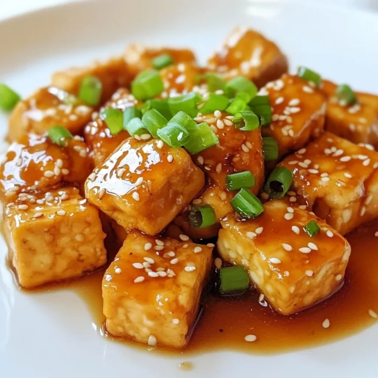 - 14 oz firm tofu - 1/2 cup cornstarch - 2 tablespoons vegetable oil - 3 tablespoons honey or agave syrup - 4 cloves garlic, minced - 2 tablespoons soy sauce - 1 tablespoon rice vinegar - 1 teaspoon sesame oil - 1/2 teaspoon crushed red pepper flakes (optional) - Sliced green onions - Sesame seeds The main ingredients for this crispy honey garlic tofu start with tofu. I use 14 oz of firm tofu. Properly pressing it helps remove water. Then, I coat it in 1/2 cup of cornstarch. This creates the crispy outer layer. I also add 2 tablespoons of vegetable oil for frying. Next, we have the sauce ingredients. For sweetness, I use 3 tablespoons of honey or agave syrup. Both create a nice glaze. The garlic adds flavor, so I mince 4 cloves. I also mix in 2 tablespoons of soy sauce for umami. A tablespoon of rice vinegar adds a slight tang. A teaspoon of sesame oil enhances the aroma. If you like heat, add 1/2 teaspoon of crushed red pepper flakes. Finally, I garnish the dish to make it look nice. Sliced green onions add color and crunch. A sprinkle of sesame seeds adds a nutty flavor. Together, these ingredients make a tasty treat! {{ingredient_image_1}} Start by cutting the tofu into bite-sized cubes. I like to press the tofu first. This helps remove excess water. Pat the cubes dry with a paper towel. This step is key for crispiness. Next, coat the tofu. Place the cubes in a large bowl. Add cornstarch and toss until each piece is covered. This coating makes the tofu crispy when fried. Heat vegetable oil in a non-stick skillet over medium-high heat. Once hot, carefully add the tofu in a single layer. Fry for about 3-4 minutes on each side. You want them golden brown and crispy. After frying, remove the tofu and set it on a paper towel-lined plate to drain any extra oil. Now, let’s make the sauce. Lower the heat to medium in the same skillet. Add minced garlic and sauté for about 30 seconds. Be careful to not let it burn; we want it fragrant. Next, mix in honey, soy sauce, rice vinegar, and sesame oil. If you like some heat, add crushed red pepper flakes. Stir well and simmer for 1-2 minutes. The sauce will thicken slightly during this time. Now it's time to combine! Gently add the crispy tofu back into the skillet. Toss the tofu in the sauce to coat each piece evenly. Cook for another minute to warm the tofu through. Plate your honey garlic tofu and garnish with sliced green onions and sesame seeds. This adds a nice touch to your dish! To make your tofu super crispy, pressing it is key. Pressing removes extra water, helping the tofu fry well. Use a tofu press or wrap it in a towel and place a heavy pan on top. Let it sit for about 15 minutes. When frying, use a non-stick skillet. Heat the vegetable oil until hot, but not smoking. This helps the tofu get golden brown. Fry the tofu in a single layer. Don’t overcrowd the pan; this can cause steaming instead of frying. Cook for 3-4 minutes on each side until crispy. You can boost the flavor by adding vegetables. Bell peppers, broccoli, or snap peas work great. Just stir-fry them with the tofu before adding the sauce. Want a kick? Adjust the spice level by adding red pepper flakes. Start small, then add more if you like it spicy. This simple step makes the dish more exciting. For a great meal, serve the crispy honey garlic tofu with steamed rice or noodles. These sides soak up the sauce well. Serve the dish hot for the best taste. If you let it cool too much, it may lose its crispiness. Garnish with sliced green onions and sesame seeds for a pretty finish. Enjoy your tasty treat! Pro Tips Press Tofu Properly: Make sure to press the tofu for at least 30 minutes to remove excess moisture. This step is crucial for achieving maximum crispiness. Even Coating: When coating the tofu with cornstarch, ensure that each piece is evenly coated. Shake off any excess to prevent clumping during frying. Heat Control: Keep an eye on the oil temperature while frying. If the oil is too hot, the outside will burn before the inside cooks. A medium-high heat is ideal. Customize the Sauce: Feel free to adjust the sweetness or spice level by modifying the amount of honey and red pepper flakes in the sauce to suit your taste. {{image_2}} You can make this dish vegan with a few easy swaps. Instead of honey, use agave syrup. This keeps the sweetness while making it plant-based. For soy sauce, try tamari. Tamari is gluten-free and adds a rich flavor. Crispy honey garlic tofu is versatile. You can serve it with rice or noodles for a full meal. This adds substance and makes it filling. It also works well in salads or wraps. Tossing it in fresh greens gives a nice crunch. For extra flavor, add ginger or scallions. Both will brighten the dish and add depth. You can also try different sweeteners like maple syrup or coconut sugar. Each sweetener brings a unique taste to the tofu. To store leftover crispy tofu, let it cool completely. Place the tofu in an airtight container. This keeps it fresh and safe. Store it in the fridge for up to three days. To keep it crispy longer, avoid adding sauce to the leftovers. The sauce can make it soggy. To reheat without losing crispiness, use an oven or an air fryer. Preheat your oven to 375°F (190°C). Place the tofu on a baking sheet. Heat it for about 10-15 minutes, or until crispy again. If using an air fryer, set it to 350°F (175°C) and heat for about 5-7 minutes. This will help restore that nice crunch. Yes, you can freeze crispy honey garlic tofu. However, the texture may change. For freezing, place the tofu in a single layer on a baking sheet. Freeze it for a few hours until firm. Then transfer the tofu to a freezer bag. Seal it tightly and store it for up to three months. To thaw, place the bag in the fridge overnight. When ready to eat, reheat using the oven or air fryer for the best results. Tofu is a great source of protein. It has low calories and no cholesterol. It also offers iron, calcium, and magnesium. Eating tofu can support heart health and bone strength. Many people enjoy it for its versatility and health benefits. Yes, you can make this recipe gluten-free. Just swap out soy sauce for tamari. Tamari is a gluten-free soy sauce that works well in this dish. Always check labels to ensure they are gluten-free. You can make crispy tofu in the oven or air fryer. Coat the tofu in cornstarch as usual. Then place the tofu on a baking sheet. Bake at 400°F for about 25-30 minutes. Flip halfway through for even crispiness. An air fryer works similarly but may cook faster. Absolutely! You can use agave syrup instead of honey. Maple syrup is another great choice. Each sweetener will give a unique flavor, but they all work well in the sauce. Just adjust the amount to taste. In this blog post, we explored how to make crispy honey garlic tofu. We covered key ingredients, step-by-step instructions, and helpful tips to boost flavor and texture. You learned about variations and how to store any leftovers properly. This dish is not only delicious but also versatile. Try it in different ways to suit your taste. Enjoy making and sharing this tasty tofu meal with friends or family.