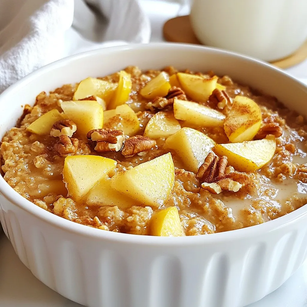 To make this tasty dish, gather these key items: - 2 cups rolled oats - 1 ½ cups almond milk (or any milk of choice) - 2 medium apples, peeled and diced (I prefer tart apples like Granny Smith) - 1/2 cup brown sugar (or maple syrup) - 1 teaspoon cinnamon - 1/2 teaspoon nutmeg - 1 teaspoon baking powder - 1/4 teaspoon salt - 2 tablespoons melted coconut oil (or butter) - 1 teaspoon vanilla extract These ingredients blend well to create a warm, comforting meal. You can customize your baked oatmeal with these options: - 1/4 cup chopped walnuts or pecans (for added crunch) - 1/4 cup raisins or dried cranberries (for sweetness) Feel free to swap almond milk for any milk you like. Maple syrup can replace brown sugar if you want a different flavor. This dish serves six people and offers a good balance of nutrients: - Calories: Approximately 200 per serving - Protein: About 4 grams - Fiber: Roughly 5 grams - Sugar: Around 8 grams (depending on the sugar used) Apple cinnamon baked oatmeal is a healthy start to your day. It gives you energy and keeps you feeling full. {{ingredient_image_1}} Start by preheating your oven to 375°F (190°C). This helps the oatmeal bake evenly. Next, grab an 8x8 inch baking dish. Grease it with coconut oil or cooking spray to prevent sticking. In a large bowl, combine 2 cups of rolled oats, 1 teaspoon of baking powder, and spices: 1 teaspoon of cinnamon and 1/2 teaspoon of nutmeg. Add 1/4 teaspoon of salt for flavor. Stir these dry ingredients well. In another bowl, mix 1 ½ cups of almond milk, 1/2 cup of brown sugar (or maple syrup), 2 tablespoons of melted coconut oil, and 1 teaspoon of vanilla extract. Make sure it's all blended nicely. Now, create a well in the center of your dry mix. Pour the wet ingredients into this well. Stir gently until they just combine. Avoid overmixing. Fold in 2 medium diced apples and any nuts or dried fruit you want. Next, pour the mixture into your greased baking dish. Spread it out evenly for even baking. Place it in your preheated oven for about 30-35 minutes. Look for a set top that is lightly golden when it's done. Once baked, take it out and let it cool for a few minutes before slicing. Enjoy it warm with a splash of almond milk or a sprinkle of cinnamon. To get the best texture in your baked oatmeal, stick to rolled oats. They absorb liquid well and create a soft, chewy bite. Make sure to use tart apples like Granny Smith. Their flavor balances the sweetness and keeps the dish fresh. Avoid overmixing your ingredients; just stir until combined. This helps your baked oatmeal stay fluffy. You can easily change the flavors in your baked oatmeal. Try adding different fruits like pears or blueberries. You can swap the cinnamon with pumpkin spice for a fall twist. If you want a nutty flavor, add chopped almonds or sunflower seeds. You can also use maple syrup instead of brown sugar for a rich taste. Don't forget to mix in some chocolate chips for a sweet surprise! Serve your baked oatmeal warm in a bowl. A drizzle of almond milk on top adds creaminess. You can sprinkle extra cinnamon for spice and flavor. For a special touch, add a dollop of yogurt or a scoop of ice cream. Garnish with fresh apple slices and chopped nuts to make it look great. This makes breakfast feel like a treat! Pro Tips Choose the Right Apples: Opt for a tart variety like Granny Smith for a delicious contrast to the sweetness of the baked oatmeal. Customize Your Sweetness: Adjust the amount of brown sugar or maple syrup based on your preference for sweetness or use a sugar substitute if necessary. Add Extra Flavor: Enhance the flavor by incorporating a pinch of vanilla bean or a splash of almond extract into the wet mixture. Store for Later: This baked oatmeal can be refrigerated for up to a week or frozen for longer storage; simply reheat in the oven or microwave before serving. {{image_2}} You can switch up the apples in this recipe. Try pears for a sweet twist. Berries like blueberries or strawberries also work well. Each fruit adds its own flavor and sweetness. You can even mix fruits for a fun blend. Just remember to adjust the sugar if you use sweeter fruits. Add nuts for a crunchy bite. Walnuts or pecans bring great flavor and healthy fats. You can also toss in some seeds, like pumpkin or sunflower seeds. For a bit of sweetness, try adding a handful of raisins or dried cranberries. Top your oatmeal with yogurt or a splash of almond milk for extra creaminess. To make this dish vegan, use almond milk instead of regular milk. You can swap brown sugar for maple syrup, which is also vegan. For a gluten-free option, ensure your oats are certified gluten-free. This way, you can enjoy this tasty dish without worries. To keep your baked oatmeal fresh, let it cool first. Then, place it in an airtight container. You can store it in the fridge for up to five days. If you plan to enjoy it later, this method works best. When you are ready to eat, reheating is quick and easy. You can use the microwave or the oven. For the microwave, warm a single portion for about one minute. If you use the oven, set it to 350°F (175°C) and heat for about 10 minutes. Adding a splash of almond milk can help keep it moist. If you have extra servings, freezing is a great option. Cut the baked oatmeal into squares and wrap them tightly in plastic wrap. Place the wrapped pieces in a freezer-safe bag. They will stay good for up to three months. When you want to eat, thaw overnight in the fridge and reheat as mentioned above. I like using tart apples like Granny Smith. They add a nice balance to the sweet oatmeal. Tart apples keep their shape and provide a great bite. You can also try Honeycrisp or Fuji for a sweeter taste. Just remember, the right apple makes all the difference. Yes, you can use honey instead of brown sugar. Honey adds natural sweetness and a hint of floral flavor. Use about 1/3 cup of honey for a similar sweetness level. Just remember to reduce the almond milk by 2 tablespoons since honey is liquid. This swap keeps the oatmeal moist and tasty. To make this recipe nut-free, simply omit the walnuts or pecans. You can also use sunflower seeds or pumpkin seeds as a crunchy alternative. If you use almond milk, switch to oat milk or soy milk for a nut-free option. This way, everyone can enjoy the dish safely. Absolutely, you can prepare this oatmeal ahead of time. Mix all the dry ingredients and store them in an airtight container. Prepare the wet ingredients on the day you want to bake. You can also assemble the entire dish the night before and refrigerate it. Just bake it in the morning for a warm, fresh breakfast. This article covered how to make apple cinnamon baked oatmeal, using simple ingredients. You learned about the best practices for mixing and baking to get the right texture. We explored options for different flavors and fruits. You also found out how to store, reheat, and freeze leftovers properly. Enjoy experimenting with this recipe. Always feel free to make it your own. Happy baking!