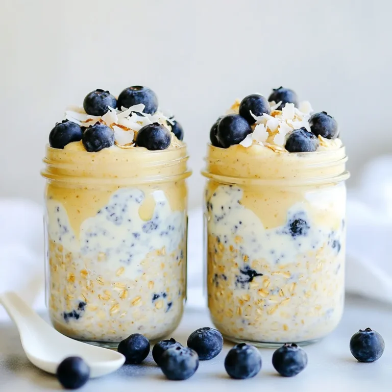 - 1 cup rolled oats - 1 cup coconut milk (canned or carton) - 1/2 cup plain yogurt (dairy or non-dairy) - 1/2 cup fresh blueberries (plus extra for topping) - 2 tablespoons honey or maple syrup (adjust to taste) - 2 tablespoons shredded coconut - 1 tablespoon chia seeds - 1/2 teaspoon vanilla extract - Pinch of sea salt In this recipe, I use rolled oats as the base. They soak up the coconut milk and yogurt well. You can pick either canned or carton coconut milk; both work nicely. Yogurt adds creaminess and protein. I like using plain yogurt, but you can go for dairy-free if you prefer. Fresh blueberries give a burst of flavor. You can add more on top for a pretty finish. The honey or maple syrup sweetens the oats. Adjust it to your taste. Shredded coconut brings a nice chew. I add chia seeds for extra nutrition. They thicken the mix and are packed with fiber. Vanilla extract adds a lovely aroma. A pinch of sea salt makes all the flavors pop. You can find all these ingredients at your local store. Enjoy gathering them! {{ingredient_image_1}} - Combine the oats, coconut milk, yogurt, chia seeds, honey (or maple syrup), vanilla extract, and sea salt in a bowl. Stir until mixed well. - Fold in fresh blueberries and shredded coconut gently. This step helps keep the blueberries whole. - Portion the mixture into two mason jars or airtight containers. This makes breakfast easy to grab. - Seal the containers tightly and refrigerate overnight. This soaking time makes the oats soft and tasty. - In the morning, stir the oats well. If you want a thinner mix, add more coconut milk. - Top with extra blueberries and a sprinkle of shredded coconut. This adds color and flavor to your meal. - Use fresh vs. frozen blueberries: Fresh blueberries add a bright flavor. They burst with juice when mixed in. You can use frozen blueberries if fresh ones are not available. They will soften as they thaw, but may bleed color into the oats. This can make your oats look purple but still taste great. - Adjusting sweetness with honey or maple syrup: You can start with two tablespoons of honey or maple syrup. Taste the mixture and decide if it needs more sweetness. If you like it sweeter, add a bit more. - Allowing oats to soak longer for creamier texture: For the best results, let the oats soak overnight. This makes them soft and creamy. If you’re in a hurry, let them soak for at least six hours. - Serving ideas in mason jars: Mason jars are perfect for serving overnight oats. They look pretty and are easy to store. You can layer the oats with toppings for a nice view. - Adding garnishes like mint or banana slices: Top your oats with a few blueberries, a sprinkle of shredded coconut, and a slice of banana. A sprig of mint adds color and freshness. These simple touches make your dish look more appealing. Pro Tips Choose Your Oats Wisely: Use rolled oats for a chewy texture, while quick oats will make your overnight oats creamier. Avoid instant oats as they may become too mushy. Customize Sweetness: Adjust the amount of honey or maple syrup based on your preference for sweetness. You can also add a ripe banana for natural sweetness. Add More Texture: Incorporate nuts or seeds like almonds or pumpkin seeds for added crunch. This not only enhances the flavor but also boosts nutrition. Perfecting Consistency: If your oats are too thick after soaking, stir in a splash of coconut milk to reach your desired consistency before serving. {{image_2}} You can change the flavor of your blueberry coconut overnight oats in fun ways. To give it a tropical twist, try adding fresh mango or pineapple. Both fruits bring a bright and sweet taste that pairs well with coconut. If you want a nutty version, mix in almond butter or peanut butter. This will add creaminess and a rich flavor. If you need non-dairy options, there are many choices for yogurt. Look for almond, soy, or coconut yogurt. They all work well in this recipe. For those who need gluten-free oats, simply use certified gluten-free rolled oats. This way, everyone can enjoy this tasty breakfast! How long do overnight oats last in the fridge? Overnight oats stay fresh in the fridge for about four to five days. If you store them well, they will keep their taste and texture. Best practices for storing prepared oats Use airtight jars or containers. This helps keep the oats moist and flavorful. Always let the oats cool before sealing them. This prevents condensation and keeps the oats from getting soggy. Can you freeze overnight oats? Yes, you can freeze overnight oats! Freezing them is a great way to extend their life. Steps for freezing and reheating 1. Portion the oats into freezer-safe containers. 2. Leave some space at the top for expansion. 3. Seal the containers tightly and label them with the date. To reheat, take them out of the freezer and let them thaw overnight in the fridge. Heat them in the microwave or on the stove until warm. You can stir in a splash of coconut milk to add creaminess. Overnight oats are a no-cook method of making oatmeal. You mix rolled oats with liquid, let them sit overnight, and enjoy them cold. They are creamy, filling, and easy to customize. You can add fruits, nuts, or seeds to make them unique. Yes, you can use any type of milk you like. Almond milk, soy milk, or oat milk all work well. Just choose a milk that matches your taste and dietary needs. Each type will bring its own flavor to the oats. You should soak overnight oats for at least six hours. This time allows the oats to absorb the liquid and soften. Soaking them overnight ensures they are ready to eat in the morning without any cooking. Yes, this recipe can be vegan. Just use non-dairy yogurt and maple syrup instead of honey. The coconut milk provides a creamy base, making it a great vegan option. Absolutely! You can prepare these oats up to three days in advance. Just store them in airtight containers in the fridge. This makes breakfast easy and quick during busy mornings. This blog post covered a simple and tasty overnight oats recipe. You learned about essential ingredients, easy steps, and how to customize your oats. We also explored storage tips, flavor variations, and common questions. Overnight oats are a versatile breakfast option. With just a little prep, you can enjoy a healthy meal any day. Try different flavors and toppings to keep it exciting. Now, you have the tools to create your perfect overnight oats!