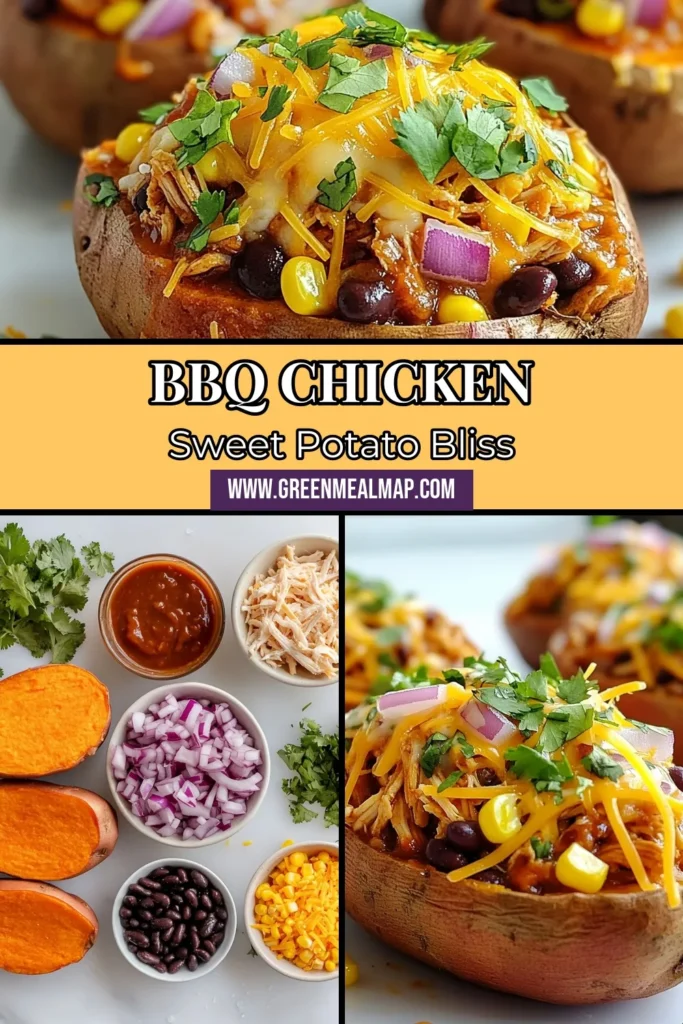 Indulge in a healthy BBQ chicken dinner with these BBQ chicken stuffed sweet potatoes! This easy stuffed sweet potatoes recipe combines tender sweet potatoes with flavorful shredded chicken, BBQ sauce, corn, and black beans for a satisfying meal. Perfect for busy weeknights, this sweet potato chicken bake is sure to impress. Save this recipe for a delicious twist on stuffed sweet potato recipes! #BBQChicken #StuffedSweetPotatoes #HealthyDinner #EasyRecipes