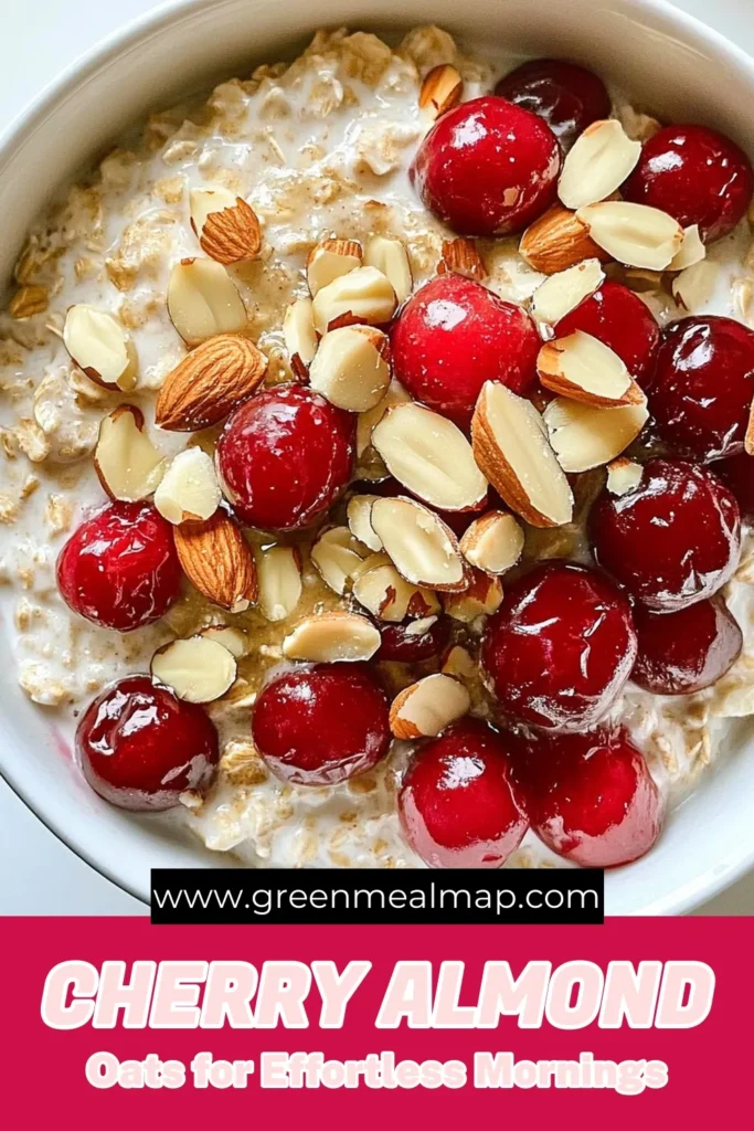 Start your day with a delicious and nutritious bowl of Cherry Almond Overnight Oats! This Overnight Oats Recipe combines rolled oats, almond milk, and fresh cherries for a healthy breakfast that’s quick and easy. Packed with chia seeds for added texture and nutrients, these Cherry Almond Overnight Oats will keep you fueled all morning. Try this easy recipe to elevate your breakfast game! Save this healthy recipe now! #HealthyBreakfast #OvernightOats #CherryAlmondOats #ChiaSeedOats