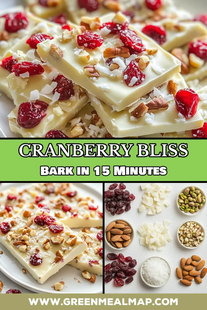 Indulge in this easy white chocolate bark recipe featuring delightful cranberries and nuts! Perfect for the holidays, this cranberry bliss bark is a no-bake dessert recipe that combines creamy white chocolate and festive flavors. With just a few ingredients and minimal prep time, you'll have a delicious treat your guests will love. Save this recipe for your holiday baking! #WhiteChocolateBark #CranberryBlissBark #EasyHolidayTreats #FestiveChocolateBark