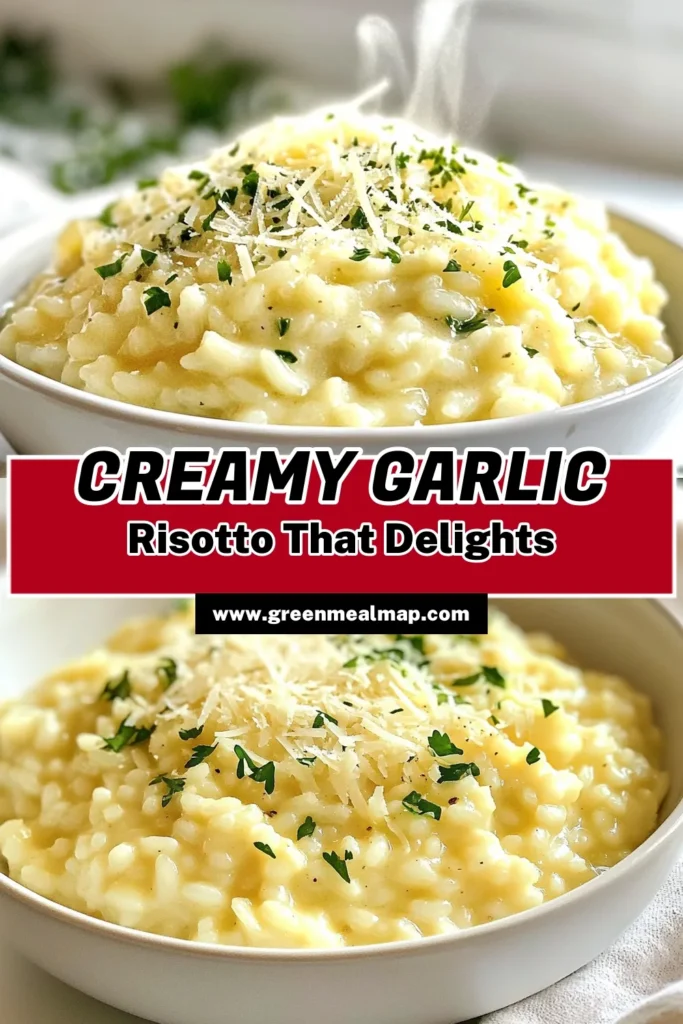 Indulge in this Creamy Garlic Parmesan Risotto, the ultimate comfort food risotto that’s easy to make and bursting with flavor. Our Parmesan risotto recipe features Arborio rice, perfect for achieving that creamy texture everyone loves. This easy vegetable risotto is not only delicious but also a great way to impress guests. Try it today and savor every bite! Save this recipe for your next meal. #Risotto #ComfortFood #EasyRecipes #VegetarianDisht