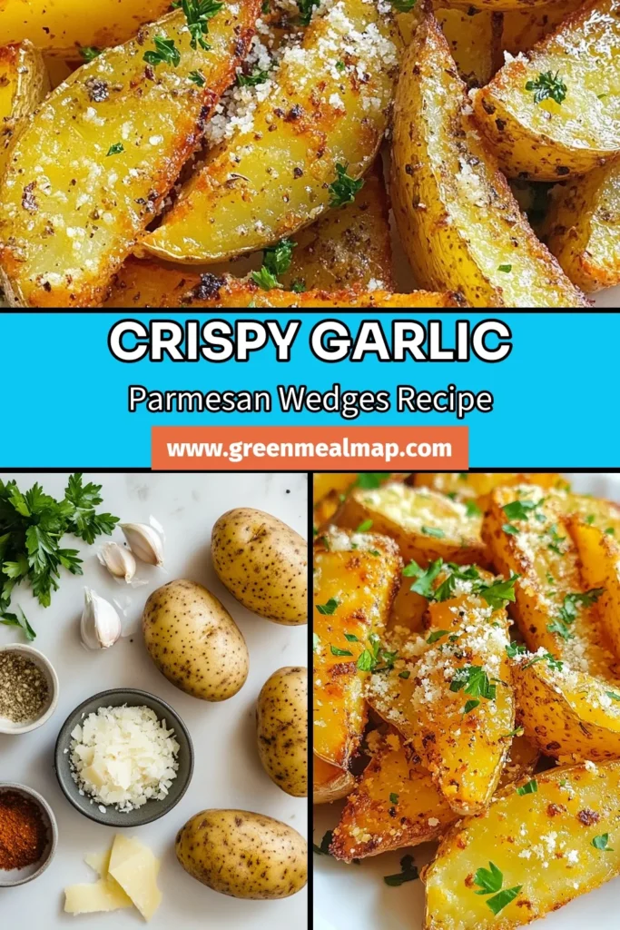 Delight in these Baked Garlic Parmesan Potato Wedges, the perfect crispy potato wedges recipe to elevate your mealtime! These oven baked potato wedges are coated in garlic and parmesan for an irresistible flavor. This easy potato side dish pairs wonderfully with any main course. Ready in just 50 minutes, they’re a must-try! Click to get the full recipe and save for later! #PotatoWedges #CrispyFries #GarlicParmesan #EasyRecipes