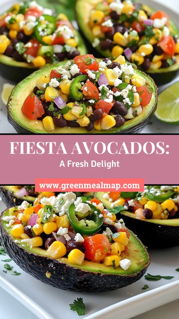 Get ready to enjoy these delicious Fiesta Stuffed Avocados, a vibrant and nutritious stuffed avocado recipe perfect for any occasion! Packed with black beans, corn, and fresh veggies, these healthy avocado recipes are not only vegetarian but also easy avocado snacks to impress your guests. Quick to prepare and bursting with flavor, they make the perfect appetizer or light meal. Save this recipe for a tasty twist on traditional avocados! #FiestaStuffedAvocados #HealthyAvocadoRecipes #VegetarianDishes #EasySnacks