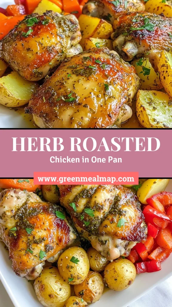Experience the ultimate comfort food with this herb roasted chicken and veggies recipe. This one-pan roasted chicken features juicy, lemon herb chicken thighs paired with tender potatoes, bell peppers, and carrots. Perfect for busy weeknights, this easy chicken and veggies dish is sure to impress. Ready in just 55 minutes, it’s a delicious way to bring the family together. Save this roasted chicken recipe for your next meal! #HerbRoastedChicken #EasyChickenRecipes #OnePanMeal #LemonHerbChicken