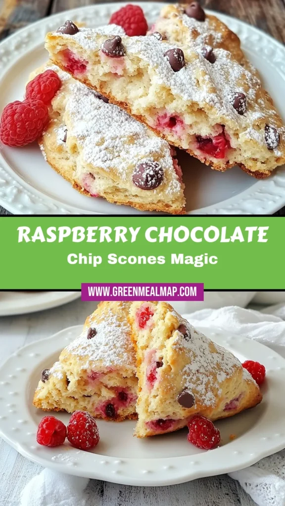Indulge in the delight of homemade Raspberry Chocolate Scones, a perfect blend of fresh raspberries and chocolate chips. This easy scone recipe makes baking with chocolate chips a breeze, delivering a sweet and tangy treat that's ideal for brunch or dessert. Enjoy these warm scones fresh from the oven and elevate your fresh raspberry desserts game. Try this tasty recipe today! #RaspberryChocolateScones #BakingWithChocolateChips #EasyScones #FreshRaspberryDesserts