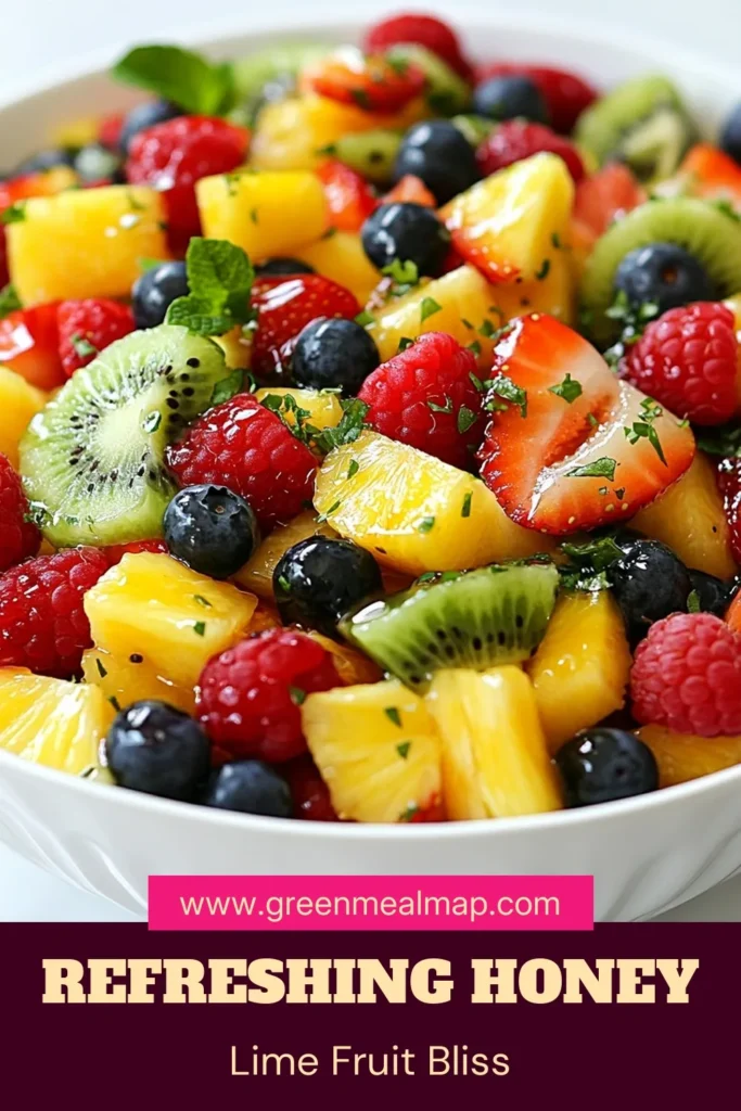 Discover the refreshing and delicious honey lime fruit salad that's perfect for summer! This easy fruit salad recipe combines strawberries, blueberries, pineapple, kiwi, and raspberries, drizzled with a zesty citrus dressing for fruit. It's a healthy fruit salad that's sure to impress at any gathering. Perfect for BBQs or picnics, this salad is packed with flavor. Try it today and savor the taste of summer! #FruitSalad #HealthyRecipes #SummerEats #EasyRecipes