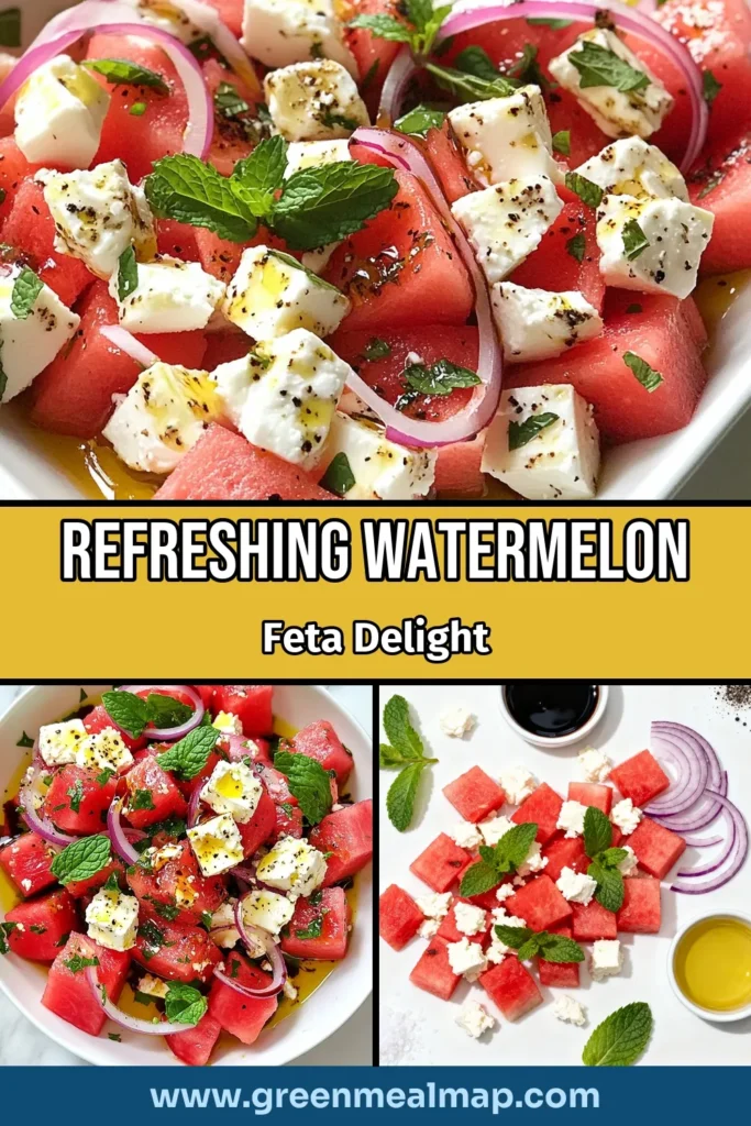 Dive into the refreshing world of summer with this Watermelon Feta Salad! Perfect for your sunny days, this vibrant dish combines juicy watermelon, creamy feta cheese, and fresh mint, creating a delightful taste sensation. Ideal as an easy summer appetizer or a side for barbecues, this salad is great for impressing guests. Discover more summer salad recipes and watermelon recipes to keep your meals light and delicious! Don't forget to save this pin for your next gathering! #WatermelonFetaSalad #SummerSaladRecipes #RefreshingSaladIdeas #EasySummerAppetizers