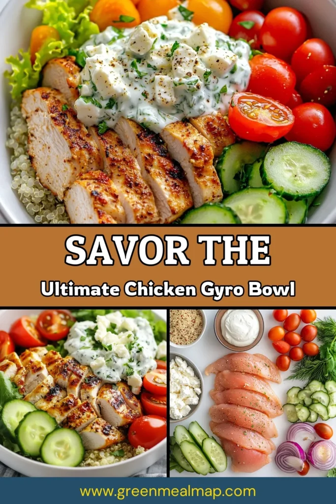 Savor the flavors of the Mediterranean with these delicious chicken gyro bowls topped with a refreshing tzatziki sauce recipe. This nutritious meal combines tender chicken and wholesome quinoa in a healthy chicken recipes idea that's quick to make and perfect for lunch or dinner. Elevate your meal prep with this Mediterranean bowl recipe. Click to save this tasty quinoa chicken bowl for later! #ChickenGyroBowls #TzatzikiSauceRecipe #HealthyRecipes #MediterraneanBowls
