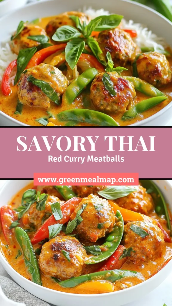 Experience irresistible Thai red curry meatballs with this easy ground chicken meatball recipe! Infused with coconut milk, these tender meatballs are packed with flavor and paired with colorful Thai meatballs with vegetables like bell peppers and snap peas. Perfect for a quick weeknight dinner, this easy Thai curry recipe can be on your table in just 30 minutes. Save this delightful dish for your next meal! #ThaiRedCurryMeatballs #CoconutMilkMeatballs #GroundChickenRecipe #EasyThaiCurry