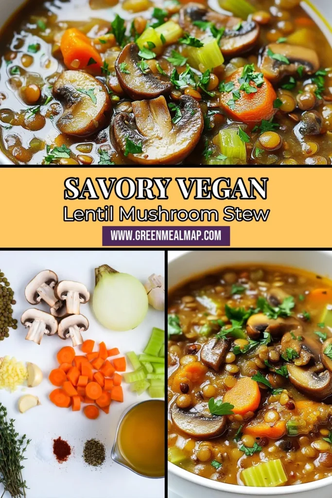 Enjoy a cozy night in with this delicious vegan lentil mushroom stew. Packed with flavor, our mushroom lentil recipe is a hearty vegan stew perfect for a quick vegan dinner. This plant-based lentil soup features lentils, mushrooms, and fresh veggies simmered to perfection. Ready in just 50 minutes, it's a must-try! Save this recipe for your next meal prep! #VeganStew #LentilRecipe #PlantBased #ComfortFood
