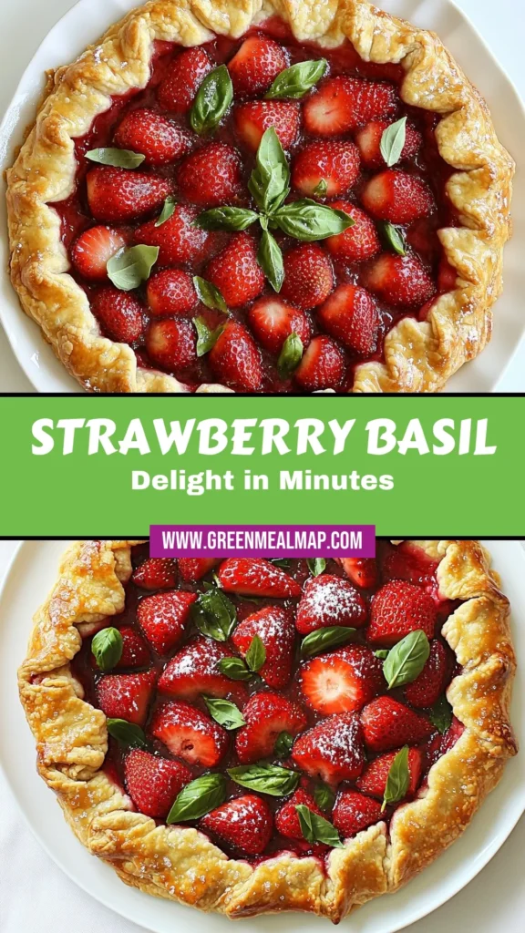Discover the deliciousness of this Strawberry Basil Galette, the perfect rustic strawberry dessert for summer. This easy galette recipe combines fresh strawberries and aromatic basil for a refreshing treat. In just 50 minutes, you can create a delightful summer fruit galette that will impress family and friends. Save this recipe to enjoy a fresh strawberry treat anytime! #StrawberryBasilGalette #RusticDessert #EasyGaletteRecipe #SummerFruitGalette