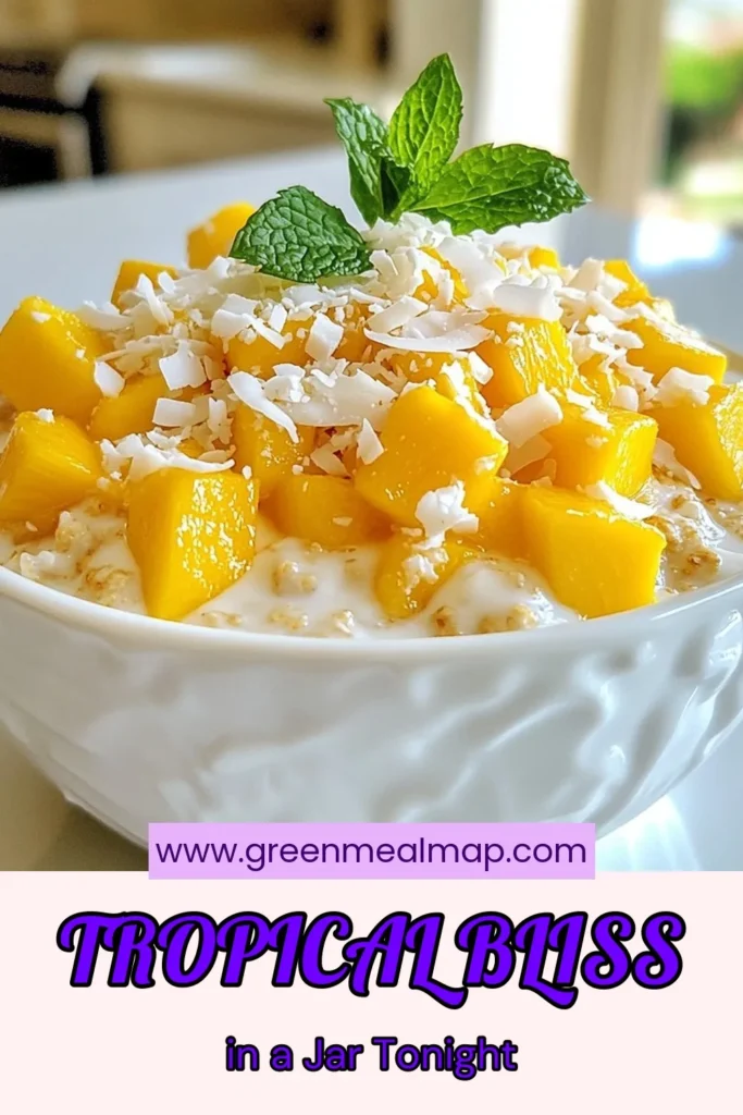 Indulge in tropical overnight oats with this delightful Mango Coconut Oats recipe! Perfect for busy mornings, these healthy breakfast ideas are made with rolled oats, coconut milk, chia seeds, and fresh mango for a refreshing twist. Enjoy no-cook oatmeal recipes that are nutritious and delicious. Ready in just 10 minutes, this easy recipe will make your mornings burst with flavor. Save this recipe for your breakfast inspiration! #OvernightOats #HealthyBreakfast #MangoCoconut #ChiaSeeds