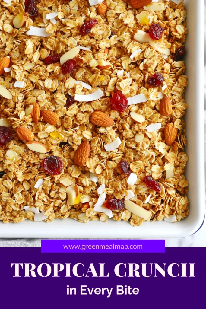 Discover the ultimate tropical granola recipe with this Coconut Almond Granola that’s perfect for a healthy granola snack! This easy granola recipe combines rolled oats, shredded coconut, and crunchy almonds for a delicious homemade granola that’s both nutritious and satisfying. Enjoy it on its own or with yogurt! Try it today and elevate your snack game. Save this recipe for a healthy treat! #GranolaRecipes #HealthySnacks #HomemadeGranola #TropicalFlavors