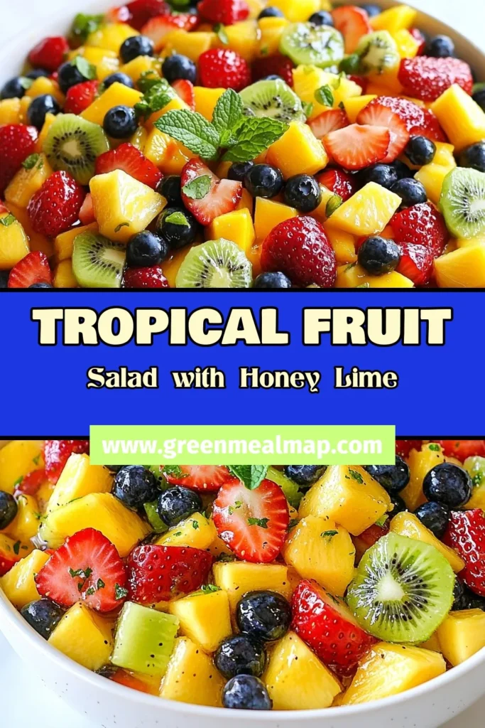 Refresh your summer gatherings with this delicious honey lime fruit salad! This healthy fruit salad recipe combines strawberries, blueberries, pineapple, kiwi, and mango, all drizzled with a zesty honey-lime dressing. Perfect as an easy fruit salad for any occasion, this tropical fruit salad is sure to impress. Try this vibrant summer fruit salad recipe today and wow your guests! Save this recipe for a sweet treat! #HealthyRecipes #SummerSalad #FruitSalad #TropicalDelight